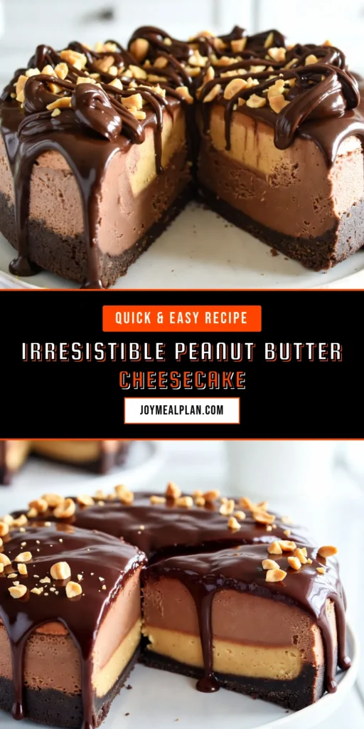 Indulge in this rich and creamy chocolate peanut butter cheesecake, a no-bake cheesecake recipe that's perfect for any occasion. With its decadent layers of creamy cheesecake with peanut butter and a luscious chocolate ganache drizzle, this easy cheesecake is sure to impress. Perfect for dessert lovers seeking a delightful chocolate dessert. Try it out and wow your guests today! #ChocolatePeanutButterCheesecake #NoBakeCheesecake #DecadentDessert #EasyDessertRecipes