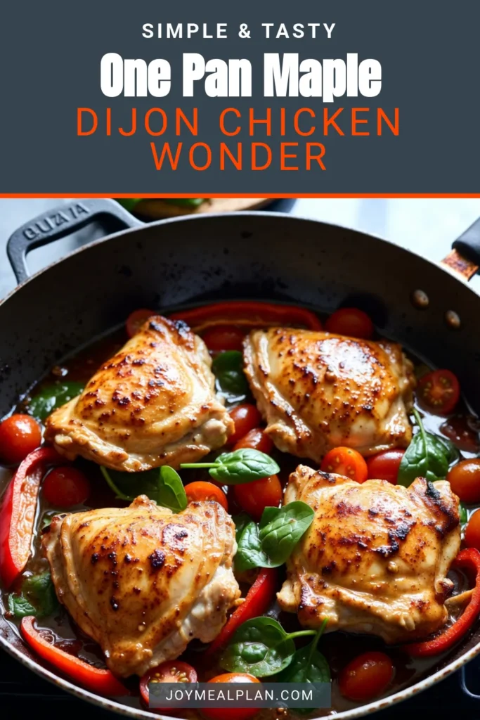 Savor the deliciousness of this One Pan Maple Dijon Chicken recipe! Perfectly cooked easy chicken thighs are coated in a flavorful maple Dijon sauce, paired with vibrant vegetables for a healthy meal. This one pan dinner recipe is not only simple but also a great option for busy weeknights. Enjoy a mouthwatering blend of flavors that everyone will love. Try it tonight! #OnePanMapleDijonChicken #EasyChickenThighsRecipe #OnePanDinnerRecipes #HealthyChickenAndVegetables