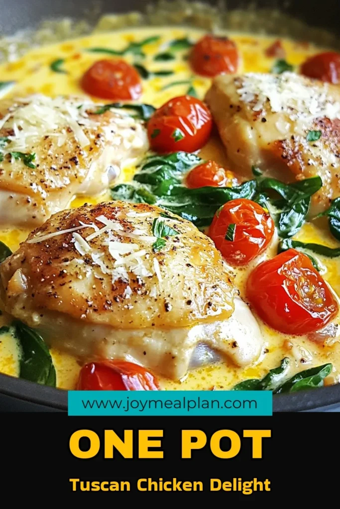 Indulge in this one-pot creamy Tuscan chicken, the perfect easy Tuscan chicken recipe for a flavorful weeknight meal. Ready in just 30 minutes, this creamy chicken dish combines juicy chicken thighs with spinach, cherry tomatoes, and a rich Parmesan sauce for an unforgettable Italian chicken dinner. Enjoy a hassle-free cooking experience and treat your family to a comforting dish tonight! Save this recipe for your meal planning! #OnePotMeal #TuscanChicken #EasyDinnerRecipes #ItalianCuisine