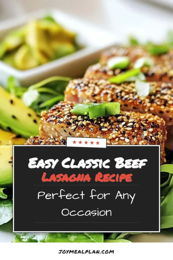 Discover the deliciousness of Sesame Crusted Ahi Tuna with this easy Ahi Tuna Recipe! This Healthy Tuna Steak is perfect for a quick weeknight dinner or a special occasion. Our Searing Tuna Guide ensures a perfectly cooked, tender tuna that pairs beautifully with avocado and mixed greens. Impress your guests with this Asian-inspired Tuna Dish that's as beautiful as it is tasty. Save this recipe for your next culinary adventure! #AhiTuna #HealthyRecipes #SeafoodLovers #AsianCuisine