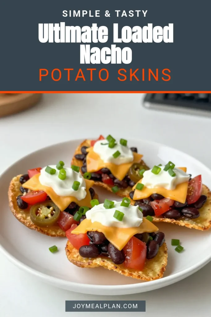 Indulge in these Loaded Nacho Potato Skins, the ultimate cheesy potato skins appetizer! This easy potato skins recipe features baked nacho potato skins packed with black beans, jalapeños, and topped with melty cheddar cheese. Perfect for parties or game nights, these loaded potato skins with cheese are sure to impress. Dive into this delicious crowd-pleaser today! Save the recipe for your next gathering! #PotatoSkins #NachoAppetizers #CheesyGoodness #BakedPotatoSkins
