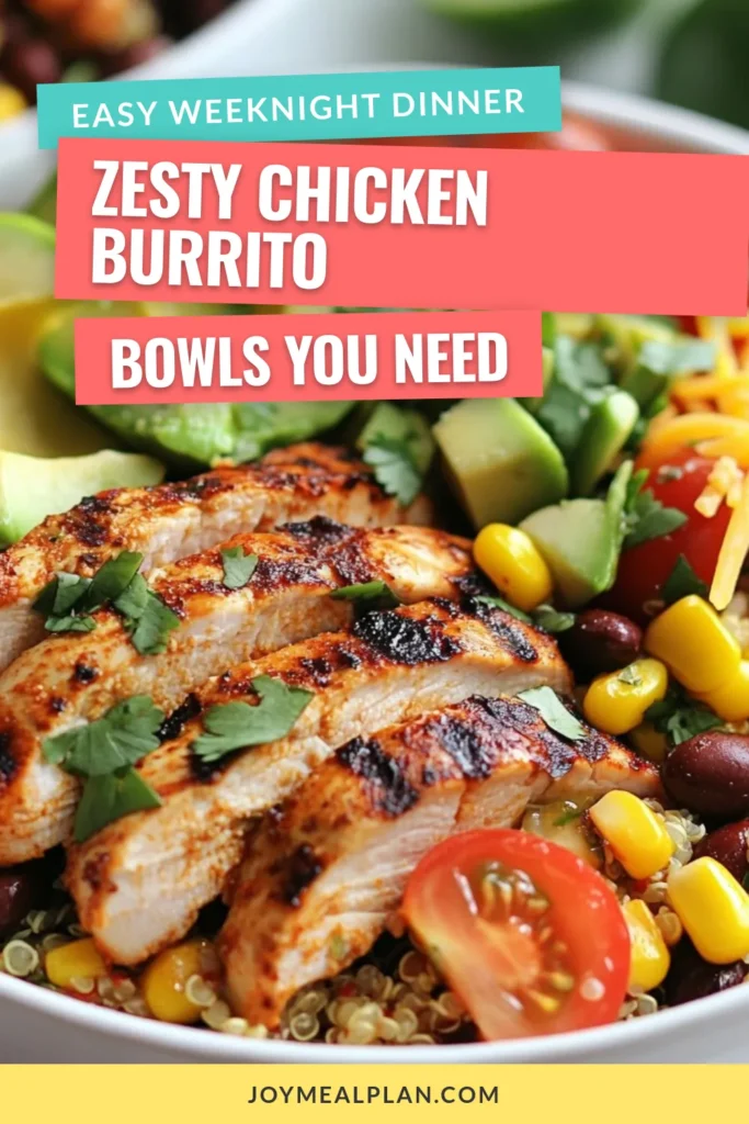 Try these flavorful Southwest Chicken Burrito Bowls for a delicious meal! This zesty chicken burrito recipe is not only easy to make but also a healthy burrito bowl option packed with protein and vibrant ingredients. Enjoy a Quinoa Burrito Bowl with grilled chicken, black beans, fresh veggies, and avocado. Perfect for lunch or dinner! Save this easy chicken bowl recipe for a fiesta any night of the week! #BurritoBowls #HealthyRecipes #QuinoaBowl #EasyDinnerIdeas