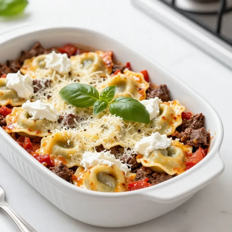 - 12 oz beef tortellini, cooked according to package instructions - 1 lb ground beef - 1 can (28 oz) crushed tomatoes - 1 cup ricotta cheese - 1 cup mozzarella cheese, shredded - 1/2 cup Parmesan cheese, grated - 2 cloves garlic, minced - 1 teaspoon dried oregano - 1 teaspoon dried basil - Salt and pepper to taste - Fresh basil leaves for garnish To make baked beef tortellini, use fresh and quality ingredients. The beef tortellini creates a hearty base. Ground beef adds flavor and richness. Crushed tomatoes give a nice, smooth sauce. Ricotta cheese makes the dish creamy and adds texture. Mozzarella and Parmesan bring a melty, cheesy top. Garlic, oregano, and basil add depth and aroma. Salt and pepper enhance all the flavors. You can add more flavor with extra herbs or spices. Try red pepper flakes for heat. A dash of Italian seasoning can elevate the taste. For garnishing, fresh basil leaves add a vibrant touch. You can also sprinkle more Parmesan on top before serving. This dish is filling and provides good nutrition. Each serving has protein from the beef and cheese. Tortellini adds carbohydrates for energy. The crushed tomatoes offer vitamins. Ricotta adds calcium, which is good for bones. However, keep in mind the calorie count can be high due to cheese and meat. Adjust portion sizes based on your diet needs. {{ingredient_image_2}} 1. Preheat your oven to 375°F (190°C). Grease a 9x13 inch baking dish. 2. In a large skillet, heat the ground beef over medium heat. Break it apart as it cooks. This takes about 5-7 minutes. Drain any extra fat. 3. Add minced garlic to the skillet. Cook for about 1 minute. Let the garlic get fragrant. 4. Pour in the crushed tomatoes. Sprinkle in dried oregano and basil. Add salt and pepper. Stir and simmer for 5 minutes. 5. In a large bowl, mix the cooked tortellini with the tomato-beef sauce. Mix gently to coat the tortellini. 6. In a separate bowl, combine ricotta cheese, half the mozzarella, and half the Parmesan. Stir until smooth. 7. In the greased dish, layer half the tortellini mix first. Spoon the ricotta mix over it evenly. 8. Top this with the remaining tortellini mixture. 9. Sprinkle the rest of mozzarella and Parmesan on top. 10. Cover the dish tightly with foil. Bake for 25 minutes. 11. After 25 minutes, remove the foil. Bake for another 10-15 minutes until the cheese is bubbly and golden. 12. Let it cool for 5 minutes. Garnish with fresh basil leaves before serving. - Preheat oven: 10 minutes - Ground beef cooking: 5-7 minutes - Simmering sauce: 5 minutes - Total baking time: 35-40 minutes - Start with half the tortellini as the base to create a solid foundation. - Ensure you spoon ricotta dollops evenly for balanced flavor. - Top with the remaining tortellini to lock in moisture and flavor. - Finish with generous cheese to create a delicious, gooey topping. To make the best baked beef tortellini, follow some key tips: - Cook Tortellini Correctly: Always cook the tortellini just until al dente. This helps it hold its shape in the oven. - Layer Wisely: Spread the tortellini evenly in the dish. This ensures every bite gets flavor. - Use Fresh Herbs: Fresh basil adds brightness. Sprinkle it on just before serving. Many home cooks make simple mistakes. Here are a few to avoid: - Overcooking the Beef: Cook ground beef until browned, but don’t dry it out. - Ignoring Flavor: Don’t skip the seasoning. Salt, pepper, oregano, and basil make a big difference. - Skipping the Resting Time: Let the dish cool for a few minutes before serving. This helps the layers set. Having the right tools makes cooking easier. Here are some must-haves: - Large Skillet: For browning the beef and mixing the sauce. - 9x13 Inch Baking Dish: Perfect for layering and baking the tortellini. - Mixing Bowls: Use them for combining the ricotta and cheese. - Spatula: Essential for mixing and serving. - Aluminum Foil: Helps keep the moisture in while baking. By following these tips and avoiding common mistakes, you can serve a baked beef tortellini that everyone loves. Enjoy cooking! Pro Tips Use Fresh Ingredients: Whenever possible, opt for fresh herbs and high-quality cheeses for a more vibrant flavor in your dish. Don’t Overcook the Tortellini: Since the tortellini will bake in the oven, make sure to cook them just until al dente to prevent them from becoming mushy. Layering Technique: When layering the ricotta and tortellini, try to keep the layers even for a more aesthetically pleasing presentation and consistent flavor in every bite. Make Ahead: This dish can be assembled a day in advance and stored in the refrigerator. Just add a few extra minutes to the baking time when you're ready to cook it. {{image_4}} If you want a meat-free dish, swap the ground beef for sautéed mushrooms or lentils. You can also use a mix of spinach and ricotta for a rich filling. This gives you a hearty meal without meat. Feel free to mix and match cheeses for your baked tortellini. Instead of ricotta, try cottage cheese for a lighter taste. For more flavor, add feta or goat cheese. You can replace mozzarella with gouda or provolone for a unique twist. Want to make your dish even better? Add fresh or sautéed vegetables like zucchini, bell peppers, or spinach. You can also toss in cooked chicken, sausage, or shrimp for extra protein. This makes the meal more filling and colorful. To store leftover baked beef tortellini, let it cool first. Place it in an airtight container. This keeps the dish fresh. You can store it in the fridge for up to three days. If you want to keep it longer, freezing is a great option. When you're ready to enjoy leftovers, preheat your oven to 350°F (175°C). Transfer the tortellini to a baking dish. Cover it with foil to keep moisture in. Bake for about 20 minutes or until heated through. You can also microwave it. Just place a portion in a microwave-safe bowl. Heat for 2-3 minutes, stirring halfway. If you decide to freeze your baked beef tortellini, it's best to do this right after cooking. Use a freezer-safe container. Label it with the date. You can freeze it for up to three months. For best results, thaw it in the fridge overnight before reheating. This helps maintain flavor and texture. You should bake baked beef tortellini for 35 to 40 minutes. First, cover the dish with foil and bake for 25 minutes. After that, remove the foil and bake for an extra 10 to 15 minutes. This helps the cheese get bubbly and golden. Yes, you can use frozen tortellini! Just cook it according to the package instructions before adding it to the recipe. Frozen tortellini will work great in this dish. It saves time and still tastes good. Some great sides for baked beef tortellini include: - A fresh green salad - Garlic bread - Steamed vegetables - Roasted asparagus - A simple caprese salad These sides balance the richness of the tortellini and add extra flavor to your meal. In summary, we explored the ingredients, instructions, and tips for baked beef tortellini. I shared ways to customize this dish with variations and storage advice. Paying attention to details can elevate your meal. Avoid common mistakes for better results. Remember to have fun while cooking and enjoy every bite. With this guide, you’re ready to impress at your next meal!