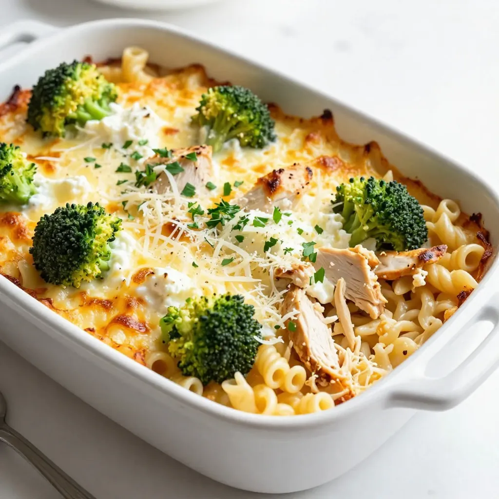 For this dish, you need simple and tasty ingredients. Here’s what to gather: - 2 cups rotini pasta - 2 cups cooked chicken, shredded - 2 cups broccoli florets - 1 ½ cups ricotta cheese - 1 cup shredded mozzarella cheese - 1/2 cup grated Parmesan cheese - 1 teaspoon garlic powder - 1 teaspoon onion powder - 1 teaspoon Italian seasoning - Salt and pepper to taste - 1/2 cup chicken broth - 1 tablespoon olive oil These main ingredients come together to create a creamy, cheesy delight. Feel free to customize your bake. Here are a few ideas: - Use whole wheat pasta for added fiber. - Swap the chicken for cooked turkey or tofu for a vegetarian twist. - Add a cup of spinach or bell peppers for more veggies. - Try different cheeses like cheddar for a sharp kick. These swaps can make the dish suit your taste and needs. Garnishing makes your meal look and taste even better. Consider these options: - Fresh parsley, chopped - A sprinkle of red pepper flakes for heat - A dash of lemon juice for brightness These garnishes add a pop of color and a burst of flavor. Enjoy making your Chicken Broccoli Pasta Bake personal and delicious! {{ingredient_image_2}} First, preheat your oven to 375°F (190°C). This gets it hot and ready for baking. Gather all your ingredients. You will need rotini pasta, cooked chicken, broccoli, ricotta cheese, and more. Having everything on hand makes cooking easier and more fun. Next, bring a large pot of salted water to a boil. Add the rotini pasta and cook it until it is al dente. This usually takes about 8-10 minutes. Drain the pasta and set it aside. For the broccoli, place the florets in a bowl with a bit of water. Cover it tightly and microwave for about 3 minutes. This steams the broccoli and keeps it bright green. After steaming, drain it well. In a big mixing bowl, combine the cooked pasta, shredded chicken, steamed broccoli, and ricotta cheese. Then, add half of the mozzarella cheese, garlic powder, onion powder, Italian seasoning, and a pinch of salt and pepper. Mix everything together well. Now, pour in the chicken broth and olive oil. Stir until all the ingredients blend nicely. Grease a 9x13-inch baking dish with olive oil. Transfer the mixture into the dish and spread it evenly. Top it off with the remaining mozzarella cheese and sprinkle with Parmesan cheese. Place the dish in the preheated oven. Bake it for 25-30 minutes. You want the cheese to melt and turn golden brown. When it’s done, carefully take it out and let it cool for about 5 minutes. This helps the layers set. Before serving, sprinkle fresh parsley on top for a splash of color. Enjoy your warm, cheesy meal! To get the best cheese crust, use a mix of cheeses. I like to combine mozzarella and Parmesan. The mozzarella melts well, while Parmesan adds a nice bite. Spread half the mozzarella inside the dish before you bake. Then, sprinkle the rest on top. This will give you a cheesy layer that melts and bubbles beautifully. Seasoning is key to a great dish. Don’t skip the garlic powder, onion powder, and Italian seasoning. They boost flavor and make each bite tasty. For an extra kick, add red pepper flakes. Adjust the salt and pepper to your taste. This way, each spoonful bursts with flavor. If you want to feed more people, this recipe scales up easily. Just double the ingredients and use a larger baking dish. Make sure to adjust the baking time too. Check for doneness around 5-10 minutes longer. You want the cheese to be bubbly and golden. This dish is perfect for potlucks or family gatherings. Pro Tips Use Fresh Ingredients: Always choose fresh broccoli and high-quality chicken for the best flavor and texture in your pasta bake. Experiment with Cheeses: Feel free to mix in other cheeses such as cheddar or gouda for a unique twist on the flavor profile. Customize Your Veggies: Add other vegetables like bell peppers or spinach to increase nutritional value and enhance the dish's color. Let It Rest: Allow the baked pasta to sit for a few minutes before serving; this helps it set and makes it easier to portion out. {{image_4}} You can easily make this dish vegetarian. Simply swap the chicken with more vegetables. Options like mushrooms, bell peppers, or zucchini work great. You can also add extra broccoli for more greens. The ricotta and cheese will still provide that creamy texture. This version is just as filling and tasty! If you need a gluten-free option, use gluten-free rotini pasta. Many brands offer great taste and texture. Check the package for cooking times, as gluten-free pasta can vary. The rest of the ingredients, like cheese and broccoli, are naturally gluten-free. This swap makes the bake safe for everyone. You can switch up the protein in this pasta bake. Try cooked turkey or even shredded pork. For a seafood twist, add cooked shrimp or crab. Each protein will change the flavor a bit. Don’t hesitate to experiment with your favorite proteins for a new take! After enjoying your Chicken Broccoli Pasta Bake, let it cool down. Once it reaches room temperature, transfer the leftovers into an airtight container. This helps keep the dish fresh. Store it in the fridge for up to three days. Be sure to cover it well to prevent any odors from other foods. When you are ready to enjoy the leftovers, preheat your oven to 350°F (175°C). Place the pasta bake in an oven-safe dish. If it looks dry, add a splash of chicken broth or a little olive oil. Cover it with foil to keep the moisture in. Bake for about 20 minutes, or until it’s heated through. You can also reheat it in the microwave. Use a microwave-safe dish and heat in 1-minute bursts until hot. If you want to save some for later, you can freeze the pasta bake. First, let it cool completely. Then, wrap it tightly with plastic wrap and foil. This helps prevent freezer burn. You can freeze it for up to three months. When you’re ready to eat, thaw it in the fridge overnight. Then, reheat it in the oven or microwave as mentioned above. Yes, you can use frozen broccoli. Just make sure to thaw it first. After thawing, drain excess water. This helps prevent a soggy bake. Frozen broccoli holds its flavor well and cooks quickly, making it a great choice. You can serve this dish with many sides. Here are some ideas: - Garlic bread: It pairs well with the cheesy pasta. - Light salad: A fresh salad adds a nice crunch. - Steamed vegetables: More veggies can balance the meal. These sides enhance the experience and make it even more satisfying. You can prepare this dish in advance. Here’s how: 1. Cook the pasta and broccoli: Follow the recipe steps but do not bake it yet. 2. Mix ingredients: Combine everything in a baking dish as usual. 3. Cover and chill: Wrap the dish tightly and put it in the fridge. When you're ready to serve, preheat the oven and bake it. It may need a few extra minutes if it’s cold. Enjoy a warm, homemade meal with less fuss! You now know how to make a Chicken Broccoli Pasta Bake. We covered the main ingredients, possible add-ins, and garnishes. I shared steps for preparation, cooking, and baking. You got tips for cheese and flavor, plus ideas for serving a crowd. I've also given you variations to fit different diets. Finally, I shared how to store and reheat leftovers. This dish is simple and versatile. Enjoy your cooking and make it your own!