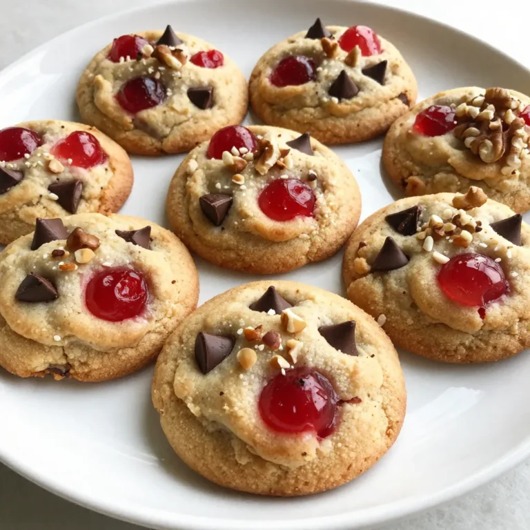 - 1 cup unsalted butter, softened - 3/4 cup packed brown sugar - 1/4 cup granulated sugar - 1 large egg - 1 teaspoon pure vanilla extract - 2 1/4 cups all-purpose flour - 1 teaspoon baking soda - 1/2 teaspoon salt - 1 cup semi-sweet chocolate chips - 1/2 cup maraschino cherries, finely chopped - 1/2 cup walnuts, chopped (optional) Maraschino cherries add a sweet and fruity burst to each bite. These cherries are bright red and slightly tangy, which balances the sweetness of the chocolate. They need to be well-drained and finely chopped. This way, they blend well into the dough without making it too wet. For chocolate chips, I recommend semi-sweet. They melt beautifully and add richness to the cookies. You can also use dark chocolate chips for a bolder taste. If you want to switch things up, you can replace the butter with coconut oil for a dairy-free option. This will change the flavor slightly, but it adds a nice twist. For a nut-free version, simply leave out the walnuts. If you don't have maraschino cherries, try using dried cherries or cranberries. These will give a different texture and flavor, but still taste great. Finally, if you're looking for a gluten-free option, use a 1:1 gluten-free flour blend. This will ensure your cookies remain soft and chewy. {{ingredient_image_2}} 1. First, set your oven to 350°F (175°C). This helps cookies bake evenly. 2. Line a baking sheet with parchment paper. This makes for easy cleanup. 3. In a large bowl, mix 1 cup of softened butter with 3/4 cup brown sugar and 1/4 cup granulated sugar. Beat until it's light and fluffy. This takes about 2-3 minutes. 4. Next, add 1 large egg and 1 teaspoon of pure vanilla extract. Mix until smooth. 5. In another bowl, combine 2 1/4 cups all-purpose flour, 1 teaspoon baking soda, and 1/2 teaspoon salt. Mix these dry ingredients well. 6. Gradually add the dry mix to the wet mix. Stir until no flour streaks remain. Be careful not to overmix. 7. Now, gently fold in 1 cup of semi-sweet chocolate chips and 1/2 cup of finely chopped maraschino cherries. If you like, add 1/2 cup of chopped walnuts too. 8. Use a tablespoon or cookie scoop to drop rounded mounds of dough on the baking sheet. Space them about 2 inches apart. 9. Bake the cookies for 10-12 minutes. Look for lightly golden edges and soft centers. 10. Once baked, take them out of the oven. Let them cool on the baking sheet for around 5 minutes. This helps them firm up. 11. After 5 minutes, move the cookies to a wire rack to cool completely. 12. Store the cooled cookies in an airtight container. They stay fresh for several days. Enjoy these tasty treats! To get the best cookie texture, start with softened butter. This helps the sugar mix well. Cream the butter and sugars until fluffy. This adds air and makes your cookies light. Don't overmix the dough after adding flour. Mix just until you see no more flour. This keeps cookies from getting tough. Lastly, let the dough rest for about 30 minutes before baking. This helps flavors blend and improves texture. One common mistake is not measuring ingredients correctly. Use dry measuring cups for flour and sugar. Another mistake is overbaking the cookies. Check them at 10 minutes. They should be soft in the center. If you add too many cherries, the dough may get too wet. Drain them well before chopping. Lastly, be careful not to skip the cooling step. Letting them cool on the baking sheet helps them set. For perfect cookies, use a good mixer. A hand mixer or stand mixer works great. You’ll also need a mixing bowl, measuring cups, and spoons. A cookie scoop helps to shape the dough evenly. Use parchment paper on your baking sheets for easy cleanup. An oven thermometer ensures your oven is at the right temperature. Lastly, a wire rack cools the cookies evenly. These tools make baking easier and more fun! Pro Tips Use Room Temperature Butter: Ensure your butter is at room temperature for optimal creaming with sugars, resulting in a light and fluffy dough. Chop Cherries Finely: Finely chopping the maraschino cherries helps distribute their flavor evenly throughout the cookies and prevents them from sinking to the bottom. Don't Overmix: When combining wet and dry ingredients, mix just until no flour streaks remain to keep your cookies tender and chewy. Cool on Baking Sheets: Allow cookies to cool on the baking sheet before transferring them to a wire rack. This step helps them firm up for a better texture. {{image_4}} You can switch up the chocolate in these cookies. Try using white chocolate chips for a sweet twist. Dark chocolate chips add a rich flavor. If you like nuts, try pecans or almonds instead of walnuts. Each nut brings its own crunch and taste. Make these cookies festive! For Christmas, add crushed candy canes. In the fall, mix in pumpkin spice for warmth. For Valentine’s Day, use red and pink sprinkles on top. These fun touches make your cookies fit any holiday. If you are gluten-free, use a gluten-free flour blend. This keeps the texture nice and soft. For vegan cookies, swap the butter for coconut oil. Use a flax egg instead of a regular egg. These changes let everyone enjoy this treat! To keep your Maraschino Cherry Chocolate Chip Cookies fresh, store them in an airtight container. This helps seal in moisture and keeps them soft. You can layer the cookies with parchment paper. This prevents them from sticking together. Avoid direct sunlight and heat sources. A cool, dry place works best for storage. If you want to save cookies for later, freezing is a smart choice. Place the cooled cookies in a single layer on a baking sheet. Freeze them for about an hour. Once frozen, transfer the cookies to a freezer bag. Make sure to remove as much air as possible before sealing. They can last up to three months in the freezer. When you're ready to eat, thaw them at room temperature. These cookies stay fresh for about one week at room temperature. If you store them properly, they will remain delicious. Keep an eye on their texture. If they start to dry out, you can add a slice of bread to the container. The bread will help keep the cookies moist. Enjoy every bite of these delightful treats! Yes, you can use fresh cherries. However, fresh cherries have more moisture. This can change the cookie's texture. To use fresh cherries, chop them small and remove the pits. Drain them well to avoid excess juice in the dough. This keeps your cookies from getting soggy. To make cookies softer, you can try a few tricks. First, use more brown sugar than white sugar. Brown sugar adds moisture and softness. Second, don’t overmix the dough. Overmixing can make cookies tough. Finally, you can bake them for a shorter time. Pull them out when they are slightly undercooked. They will firm up as they cool. Adding nuts or other mix-ins is easy! Just fold them in gently after mixing your dough. This helps to keep the dough light and airy. For nuts, use chopped walnuts, pecans, or even almonds. You can also add other mix-ins like coconut flakes or dried fruit. Just be sure to keep the total amount of mix-ins similar to the amount of cherries or chocolate chips. In this post, we explored key ingredients and baking steps for perfect cookies. We shared tips for texture and common mistakes to avoid. Plus, we offered fun variations and storage tips. Remember, you can adjust ingredients to suit your taste or diet. Baking should be fun and creative. Don’t hesitate to try new things! Enjoy your cookie-making adventure and share your tasty results with others. Happy baking!