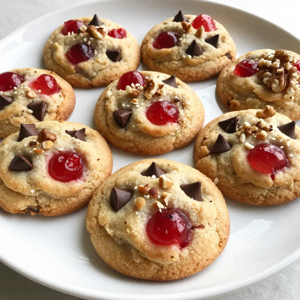 - 1 cup unsalted butter, softened - 3/4 cup packed brown sugar - 1/4 cup granulated sugar - 1 large egg - 1 teaspoon pure vanilla extract - 2 1/4 cups all-purpose flour - 1 teaspoon baking soda - 1/2 teaspoon salt - 1 cup semi-sweet chocolate chips - 1/2 cup maraschino cherries, finely chopped - 1/2 cup walnuts, chopped (optional) Maraschino cherries add a sweet and fruity burst to each bite. These cherries are bright red and slightly tangy, which balances the sweetness of the chocolate. They need to be well-drained and finely chopped. This way, they blend well into the dough without making it too wet. For chocolate chips, I recommend semi-sweet. They melt beautifully and add richness to the cookies. You can also use dark chocolate chips for a bolder taste. If you want to switch things up, you can replace the butter with coconut oil for a dairy-free option. This will change the flavor slightly, but it adds a nice twist. For a nut-free version, simply leave out the walnuts. If you don't have maraschino cherries, try using dried cherries or cranberries. These will give a different texture and flavor, but still taste great. Finally, if you're looking for a gluten-free option, use a 1:1 gluten-free flour blend. This will ensure your cookies remain soft and chewy. {{ingredient_image_2}} 1. First, set your oven to 350°F (175°C). This helps cookies bake evenly. 2. Line a baking sheet with parchment paper. This makes for easy cleanup. 3. In a large bowl, mix 1 cup of softened butter with 3/4 cup brown sugar and 1/4 cup granulated sugar. Beat until it's light and fluffy. This takes about 2-3 minutes. 4. Next, add 1 large egg and 1 teaspoon of pure vanilla extract. Mix until smooth. 5. In another bowl, combine 2 1/4 cups all-purpose flour, 1 teaspoon baking soda, and 1/2 teaspoon salt. Mix these dry ingredients well. 6. Gradually add the dry mix to the wet mix. Stir until no flour streaks remain. Be careful not to overmix. 7. Now, gently fold in 1 cup of semi-sweet chocolate chips and 1/2 cup of finely chopped maraschino cherries. If you like, add 1/2 cup of chopped walnuts too. 8. Use a tablespoon or cookie scoop to drop rounded mounds of dough on the baking sheet. Space them about 2 inches apart. 9. Bake the cookies for 10-12 minutes. Look for lightly golden edges and soft centers. 10. Once baked, take them out of the oven. Let them cool on the baking sheet for around 5 minutes. This helps them firm up. 11. After 5 minutes, move the cookies to a wire rack to cool completely. 12. Store the cooled cookies in an airtight container. They stay fresh for several days. Enjoy these tasty treats! To get the best cookie texture, start with softened butter. This helps the sugar mix well. Cream the butter and sugars until fluffy. This adds air and makes your cookies light. Don't overmix the dough after adding flour. Mix just until you see no more flour. This keeps cookies from getting tough. Lastly, let the dough rest for about 30 minutes before baking. This helps flavors blend and improves texture. One common mistake is not measuring ingredients correctly. Use dry measuring cups for flour and sugar. Another mistake is overbaking the cookies. Check them at 10 minutes. They should be soft in the center. If you add too many cherries, the dough may get too wet. Drain them well before chopping. Lastly, be careful not to skip the cooling step. Letting them cool on the baking sheet helps them set. For perfect cookies, use a good mixer. A hand mixer or stand mixer works great. You’ll also need a mixing bowl, measuring cups, and spoons. A cookie scoop helps to shape the dough evenly. Use parchment paper on your baking sheets for easy cleanup. An oven thermometer ensures your oven is at the right temperature. Lastly, a wire rack cools the cookies evenly. These tools make baking easier and more fun! Pro Tips Use Room Temperature Butter: Ensure your butter is at room temperature for optimal creaming with sugars, resulting in a light and fluffy dough. Chop Cherries Finely: Finely chopping the maraschino cherries helps distribute their flavor evenly throughout the cookies and prevents them from sinking to the bottom. Don't Overmix: When combining wet and dry ingredients, mix just until no flour streaks remain to keep your cookies tender and chewy. Cool on Baking Sheets: Allow cookies to cool on the baking sheet before transferring them to a wire rack. This step helps them firm up for a better texture. {{image_4}} You can switch up the chocolate in these cookies. Try using white chocolate chips for a sweet twist. Dark chocolate chips add a rich flavor. If you like nuts, try pecans or almonds instead of walnuts. Each nut brings its own crunch and taste. Make these cookies festive! For Christmas, add crushed candy canes. In the fall, mix in pumpkin spice for warmth. For Valentine’s Day, use red and pink sprinkles on top. These fun touches make your cookies fit any holiday. If you are gluten-free, use a gluten-free flour blend. This keeps the texture nice and soft. For vegan cookies, swap the butter for coconut oil. Use a flax egg instead of a regular egg. These changes let everyone enjoy this treat! To keep your Maraschino Cherry Chocolate Chip Cookies fresh, store them in an airtight container. This helps seal in moisture and keeps them soft. You can layer the cookies with parchment paper. This prevents them from sticking together. Avoid direct sunlight and heat sources. A cool, dry place works best for storage. If you want to save cookies for later, freezing is a smart choice. Place the cooled cookies in a single layer on a baking sheet. Freeze them for about an hour. Once frozen, transfer the cookies to a freezer bag. Make sure to remove as much air as possible before sealing. They can last up to three months in the freezer. When you're ready to eat, thaw them at room temperature. These cookies stay fresh for about one week at room temperature. If you store them properly, they will remain delicious. Keep an eye on their texture. If they start to dry out, you can add a slice of bread to the container. The bread will help keep the cookies moist. Enjoy every bite of these delightful treats! Yes, you can use fresh cherries. However, fresh cherries have more moisture. This can change the cookie's texture. To use fresh cherries, chop them small and remove the pits. Drain them well to avoid excess juice in the dough. This keeps your cookies from getting soggy. To make cookies softer, you can try a few tricks. First, use more brown sugar than white sugar. Brown sugar adds moisture and softness. Second, don’t overmix the dough. Overmixing can make cookies tough. Finally, you can bake them for a shorter time. Pull them out when they are slightly undercooked. They will firm up as they cool. Adding nuts or other mix-ins is easy! Just fold them in gently after mixing your dough. This helps to keep the dough light and airy. For nuts, use chopped walnuts, pecans, or even almonds. You can also add other mix-ins like coconut flakes or dried fruit. Just be sure to keep the total amount of mix-ins similar to the amount of cherries or chocolate chips. In this post, we explored key ingredients and baking steps for perfect cookies. We shared tips for texture and common mistakes to avoid. Plus, we offered fun variations and storage tips. Remember, you can adjust ingredients to suit your taste or diet. Baking should be fun and creative. Don’t hesitate to try new things! Enjoy your cookie-making adventure and share your tasty results with others. Happy baking!