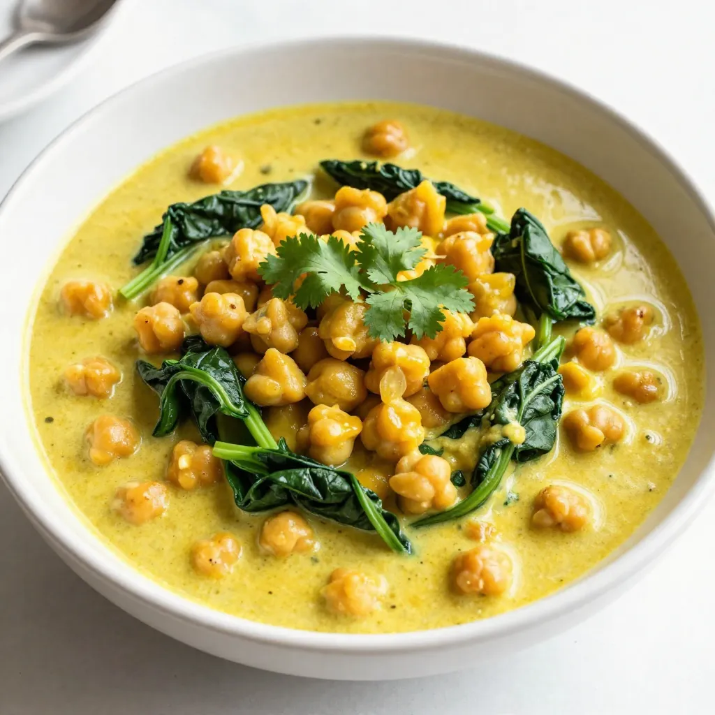 For this tasty dish, gather these main ingredients: - 2 cans (15 oz each) chickpeas, drained and rinsed - 1 can (14 oz) coconut milk - 1 tablespoon coconut oil (or vegetable oil) - 1 medium onion, finely chopped - 3 cloves garlic, minced - 1 tablespoon fresh ginger, grated - 1 cup vegetable broth - 1 cup spinach (fresh or frozen) These ingredients give the dish its rich and creamy base. The chickpeas add protein, while coconut milk brings a luscious texture. Next, you need some spices to create flavor: - 1 tablespoon red curry paste (adjust based on spice preference) - 1 teaspoon ground cumin - 1 teaspoon turmeric powder - 1 tablespoon brown sugar - Salt and pepper to taste These spices will add warmth and depth to the curry. The red curry paste gives it heat, while cumin and turmeric offer earthy notes. To enhance your Coconut Curry Chickpeas, consider these garnishes: - Juice of 1 lime - Fresh cilantro, chopped The lime juice adds a burst of freshness, while cilantro gives a nice herbal touch. If you like, serve it with lime wedges on the side for extra zing. This combination of ingredients makes Coconut Curry Chickpeas both simple and delightful. Enjoy creating this dish that will impress your family and friends! {{ingredient_image_2}} Start by heating the coconut oil in a large pot over medium heat. Once the oil is hot, add the finely chopped onion. Cook the onion for about 5 minutes. You want it to turn soft and clear. Then, add the minced garlic and grated ginger. Stir and cook for another minute. This step makes the kitchen smell amazing! Next, stir in the red curry paste, ground cumin, and turmeric. Cook this mixture for about 2 minutes to let the spices bloom. The flavors will deepen, making your dish even better. Now, it’s time to pour in the coconut milk and vegetable broth. Stir well so everything mixes together. Then, add the drained chickpeas and brown sugar. Season with salt and pepper to taste. Raise the heat a bit and bring the curry to a gentle simmer. Cook for 15 to 20 minutes, stirring often to stop it from sticking. If you use fresh spinach, add it in the last 5 minutes of cooking. This keeps the spinach bright and full of nutrients. If you have frozen spinach, add it in with the chickpeas for even cooking. After cooking, take the pot off the heat. Squeeze in the fresh lime juice. Taste and adjust the seasoning if needed. To serve, scoop the curry into bowls. Top with chopped cilantro for a fresh finish. Enjoy your Coconut Curry Chickpeas! To get the best texture in your coconut curry chickpeas, focus on cooking the onions well. Sauté them until they are soft and see-through. This step builds a strong base for your dish. When you add garlic and ginger, stir them quickly. This keeps them from burning and enhances their taste. Use fresh coconut milk for a creamier feel. If you can't find fresh, canned works well too. Always stir the curry as it cooks. This helps mix all the flavors and keeps it from sticking. Don’t rush the simmering time. Let the dish cook for 15 to 20 minutes. This allows the spices to blend fully. For a delightful serving, ladle the curry over jasmine rice or quinoa. This adds a nice texture and makes a complete meal. You can also use a bowl that shows off the vibrant colors of the curry. Garnish with fresh cilantro right before serving. This adds a pop of green and fresh flavor. Lime wedges on the side bring a zesty kick. If you want to add crunch, include some roasted cashews or peanuts. They add a fun texture contrast to the creamy curry. You can easily change this recipe to fit your taste. If you like it spicier, add more red curry paste or fresh chili. Want more veggies? Toss in bell peppers, carrots, or peas for extra color and nutrients. If you’re not into chickpeas, swap them for lentils or even chicken. This dish adapts well to different proteins. For a richer flavor, try adding a splash of soy sauce or tamari. Have fun with it! Each change can create a new, exciting version of coconut curry chickpeas. Pro Tips Customize the Spice Level: Adjust the amount of red curry paste based on your personal spice tolerance. Start with a smaller amount and add more as needed to reach your desired heat. Enhance Coconut Flavor: For a more intense coconut taste, consider adding a splash of coconut cream on top before serving or using a mix of coconut milk and cream in the recipe. Storage Tips: This curry can be stored in an airtight container in the fridge for up to 4 days. Reheat gently on the stove, adding a splash of vegetable broth if it thickens too much. Boost Nutrients: Feel free to add other vegetables like bell peppers, carrots, or broccoli to the mix for added nutrition and color. Just adjust the cooking time accordingly. {{image_4}} You can easily add protein to your coconut curry chickpeas. If you want meat, try chicken or shrimp. Cut the chicken into small pieces. Cook it in the pot before adding the onion. For shrimp, add them when the chickpeas go in. They cook fast and will keep their flavor. Both options add a nice touch and make the meal heartier. If you want a vegetarian twist, try tofu or tempeh. For tofu, use firm or extra-firm. Cut it into cubes and fry it until golden. This step adds texture and flavor. For tempeh, slice it thin and sauté until crispy. Add either when you mix in the chickpeas. They soak up the curry sauce well and boost protein. Adjusting the spice level is easy. If you like it hot, add more red curry paste. You can also mix in fresh chili peppers. For less heat, reduce the curry paste. Taste as you go to find your perfect balance. Remember, you can always add, but it’s hard to take away once mixed in. Enjoy experimenting with flavors! To store your Coconut Curry Chickpeas, let them cool down first. Then, transfer the curry to an airtight container. This helps keep the flavors fresh. Place the container in the fridge. It stays good for about 3-5 days. When you want to enjoy it again, just remember to check for any off smells or changes in color. You can freeze Coconut Curry Chickpeas for later use. First, let the dish cool completely. Next, put it in a freezer-safe container or a zip-top bag. Make sure to remove excess air from the bag. Label it with the date. This dish can last in the freezer for up to 2-3 months. When you’re ready to eat, thaw it overnight in the fridge. To reheat, you can use the stove or microwave. If using the stove, pour the curry into a pot. Heat it over low to medium heat, stirring often. This keeps it from sticking. If using a microwave, place the curry in a microwave-safe bowl. Cover it loosely and heat in short bursts, stirring in between. Make sure it’s hot all the way through before serving. If needed, add a splash of water or broth to loosen it up. Yes, you can use dried chickpeas. However, you need to soak and cook them first. Soak dried chickpeas overnight in water. This helps soften them. After soaking, boil them for about 1 to 1.5 hours. Make sure they are tender before adding them to the curry. If you don't have coconut milk, you can use almond milk or soy milk. Both will change the taste a bit. You can also use heavy cream for a richer flavor, but it won't be dairy-free. Mixing unsweetened almond milk with a bit of coconut extract can give a similar flavor. Coconut Curry Chickpeas can last in the fridge for about 4 to 5 days. Store it in an airtight container to keep it fresh. When you reheat it, stir well and check that it's hot throughout. If it thickens too much, add a splash of water or broth while reheating. Coconut Curry Chickpeas are simple but packed with flavor. You learned the main ingredients, essential spices, and how to prepare them. We covered tips for the right texture and customizing your dish. Variations let you add proteins or adjust the spice level. Proper storage ensures your meal lasts longer. In the end, this dish is flexible and fun to make. Enjoy exploring new flavors and making it your own.