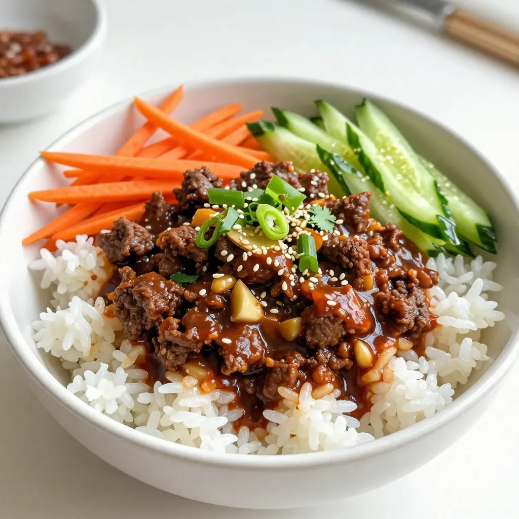 - 1 lb ground beef (80/20) - 4 cloves garlic, minced - 1-inch piece of ginger, finely grated - 1/4 cup low-sodium soy sauce - 2 tablespoons brown sugar - 2 tablespoons gochujang (Korean chili paste) - 1 tablespoon sesame oil - 1 teaspoon rice vinegar - 2 green onions, sliced (separate white and green parts) - 1 cup cooked jasmine rice - 1 cup shredded carrots - 1 small cucumber, thinly sliced - Sesame seeds for garnish - Fresh cilantro for garnish - Optional: Kimchi for serving I love using these fresh ingredients. They make the dish pop with flavor. The ground beef is the star and adds a hearty touch. Garlic and ginger bring warmth and depth. The soy sauce gives umami, while brown sugar balances the heat from gochujang. Gochujang is a spicy Korean chili paste. It adds a rich heat and a hint of sweetness. Sesame oil gives a nutty flavor that ties everything together. Rice vinegar adds a touch of brightness. For a fresh crunch, I use shredded carrots and sliced cucumber. They add color and texture to the bowl. Green onions are great for garnish and extra flavor. I finish with sesame seeds and cilantro for a lovely look. If you want more spice, serve with kimchi on the side. This mix of ingredients makes the Spicy Korean Beef Bowls a must-try meal! {{ingredient_image_2}} First, heat a large skillet over medium-high heat. Add 1 pound of ground beef to the skillet. Cook the beef for 5 to 7 minutes. Break it apart with a spatula as it cooks. Make sure it is fully browned. If there is extra grease, drain it carefully from the skillet. Next, add 4 cloves of minced garlic and 1-inch piece of finely grated ginger. Sauté these with the beef for 1 to 2 minutes. When the garlic is lightly golden, you know it’s ready. The aroma will fill your kitchen, making it smell amazing. Now, stir in 1/4 cup of low-sodium soy sauce, 2 tablespoons of brown sugar, and 2 tablespoons of gochujang. Add 1 tablespoon of sesame oil and 1 teaspoon of rice vinegar. Mix everything well. Reduce the heat slightly and let it simmer for about 3 to 4 minutes. This helps the flavors blend together nicely. While the beef simmers, prepare your serving bowls. Start by laying down a generous scoop of cooked jasmine rice in each bowl. This rice will serve as a base for your delicious meal. On top of the jasmine rice, layer the spicy beef mixture. Use a generous amount to ensure each bite is packed with flavor. Then, add a handful of shredded carrots and a few thin slices of cucumber. These fresh veggies add a nice crunch. Finally, garnish each bowl. Use the green parts of the sliced green onions for a pop of color. Sprinkle sesame seeds on top, and add a handful of fresh cilantro for extra flavor. If you like, serve each bowl with a side of kimchi for an added kick. Enjoy your Spicy Korean Beef Bowls! When making Spicy Korean Beef Bowls, choose ground beef with a good fat content. I prefer using 80/20 ground beef. This mix keeps the meat juicy and flavorful. Leaner beef may dry out. You want a rich taste that blends well with the spices. Everyone has different spice tastes. If you like it hot, add more gochujang. Start small, maybe an extra half tablespoon. Taste as you go. For less heat, use less gochujang. You can also add sugar to balance the heat. This gives you control over the spice. Marinades can elevate your beef's taste. For a quick marinade, mix soy sauce, sesame oil, and a bit of gochujang. Let the beef soak for 15-30 minutes before cooking. This step adds depth. You’ll notice a big difference in taste. Pro Tips Use Fresh Ingredients: Fresh garlic and ginger will enhance the flavor of your dish significantly. Avoid using pre-minced options for the best taste. Adjust Spice Level: If you prefer a milder dish, start with less gochujang and gradually add more to taste. You can always add spice, but it’s hard to take it away! Customize Your Toppings: Feel free to add other toppings like avocado, radishes, or a drizzle of sriracha for extra flavor and texture. Make It Ahead: This beef mixture can be made ahead of time and stored in the refrigerator for up to three days, making it a great option for meal prep. {{image_4}} You can swap the ground beef for other meats. Try ground turkey or chicken for a lighter dish. If you prefer plant-based options, use lentils or tofu. These alternatives keep the dish flavorful and healthy. Each option adds a unique taste and texture. Just cook them the same way as the beef. Want to pack in more veggies? Add bell peppers, zucchini, or broccoli to the beef. Sauté them along with the garlic and ginger. This adds color and crunch to your bowl. You can also use cauliflower rice instead of jasmine rice. This gives you a low-carb option while keeping it tasty. If you need a low-carb meal, skip the rice. Instead, serve the spicy beef over a bed of leafy greens. Try using romaine, spinach, or kale. The beef pairs well with these crisp greens. You still get that hearty flavor without the extra carbs. This option is perfect for a healthy dinner. To store leftovers, let the spicy beef cool down. Place it in an airtight container. You can keep it in the fridge for up to three days. Make sure to separate the rice and beef for better storage. This keeps each part fresh and tasty. When you are ready to eat, reheat the beef in a skillet over medium heat. Stir it often to warm it evenly. If the beef seems dry, add a splash of water or broth. You can also use the microwave. Heat it in short bursts, stirring every 30 seconds. This keeps the beef juicy and delicious. You can freeze the beef for later. Pack it in a freezer-safe container or bag. It can last up to three months in the freezer. When you want to eat it, thaw it in the fridge overnight. Then, reheat it as mentioned above. You can freeze the rice too, but it may lose some texture. Gochujang is a Korean chili paste. It adds heat and depth to many dishes. Made with red chili powder, glutinous rice, and fermented soybeans, it has a sweet and spicy flavor. You can find it in Asian markets or online. It is a key ingredient in many Korean recipes, including our Spicy Korean Beef Bowls. Yes, you can prepare this dish ahead. Cook the beef mixture and store it in the fridge. It lasts up to three days. When ready to eat, simply reheat the beef and serve over fresh rice. This makes it easy for busy days when you want a quick meal. These bowls are tasty on their own but pair well with sides. Consider serving kimchi for extra flavor. You can also add a simple salad or steamed vegetables. These sides add freshness and balance to the meal. To make this recipe gluten-free, substitute the soy sauce. You can use tamari, which is a gluten-free alternative. Make sure the gochujang you choose is also gluten-free. Most brands offer gluten-free options, so check the label. This way, you can enjoy the dish without gluten. This blog post covers how to make Spicy Korean Beef Bowls. We explored key ingredients like ground beef, garlic, and fresh vegetables. I shared simple steps for cooking and assembling your dish. You learned tips to choose the best beef and adjust spice levels. I also presented variations for different diets and explained storage options for leftovers. In summary, these bowls are not only tasty but also customizable. Enjoy your cooking, and feel free to experiment with flavors!