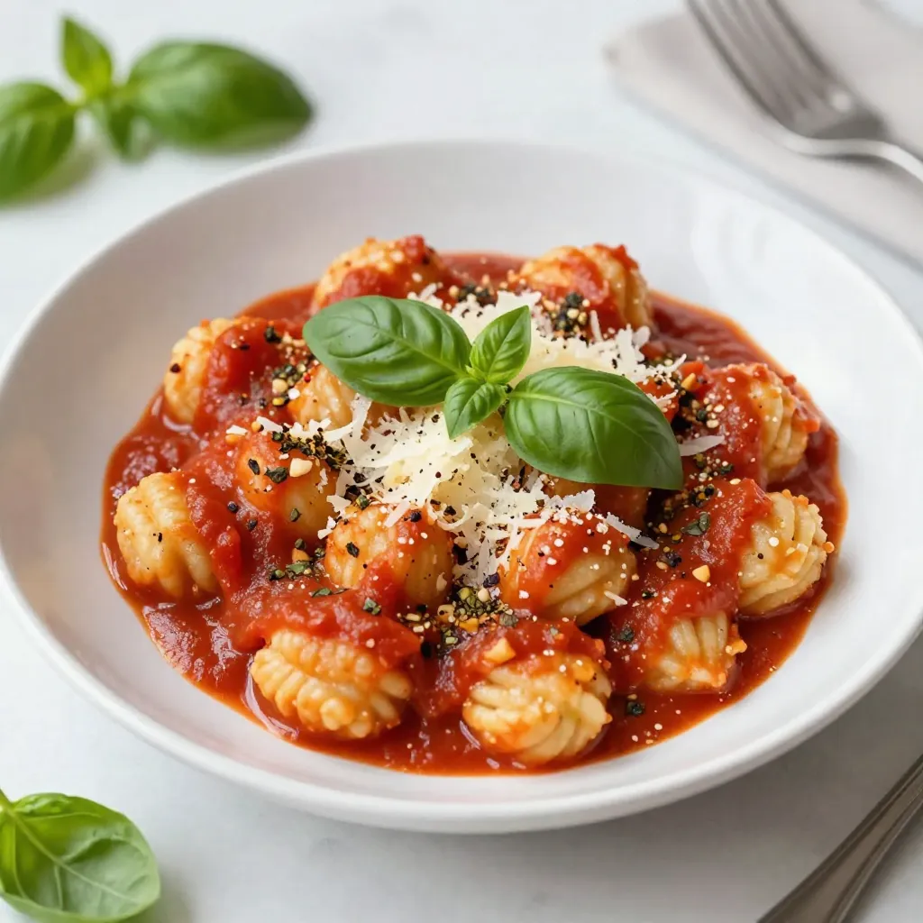 - 1 pound store-bought gnocchi - 2 tablespoons extra virgin olive oil - 3 cloves garlic, finely minced - 1 can (14.5 oz) crushed tomatoes, preferably fire-roasted - 1 cup heavy cream - 1 teaspoon dried oregano - Salt and black pepper to taste - 1 cup fresh basil leaves, coarsely chopped - 1/2 cup freshly grated Parmesan cheese - Optional: Red pepper flakes for extra heat In this recipe, I love using store-bought gnocchi. It saves time and tastes great. The extra virgin olive oil adds a rich flavor. I always use fresh garlic for the best taste. Fire-roasted crushed tomatoes give a smoky touch. The heavy cream creates a smooth, creamy sauce. Dried oregano adds a nice herbal note. Don't forget salt and black pepper to enhance all the flavors. Fresh basil leaves are key for freshness and brightness. Finally, grated Parmesan cheese adds a delicious, cheesy finish. If you like heat, red pepper flakes are a great choice! {{ingredient_image_2}} 1. First, grab a large pot. Fill it with water and add salt. 2. Bring the salted water to a strong boil. 3. Add the gnocchi to the boiling water. 4. Cook them until they float to the top, usually about 2-3 minutes. 5. Once they float, they are ready. Drain the gnocchi and set them aside. 1. In a big skillet, pour in the extra virgin olive oil. 2. Heat it over medium heat until it shimmers. 3. Add the finely minced garlic to the hot oil. 4. Sauté the garlic for one minute. Stir until it is fragrant and slightly golden. 5. Pour in the can of crushed tomatoes. Add dried oregano too. 6. Stir the mixture well and let it simmer for about five minutes. 7. Lower the heat and add the heavy cream. Mix it in slowly for a smooth sauce. 8. Season the sauce with salt and black pepper to your taste. 1. Now it's time to fold in the cooked gnocchi. 2. Gently mix until the gnocchi are well coated in the sauce. 3. Heat it through for another 2-3 minutes. This lets the gnocchi soak up the flavors. 4. Take the skillet off the heat and stir in the chopped fresh basil. 5. Finally, sprinkle the grated Parmesan cheese over the dish. Mix until melted. 6. If you want some heat, add a dash of red pepper flakes for extra flavor. To avoid overcooking gnocchi, watch them closely. They usually float in about 2-3 minutes. When they rise, they are ready. Drain them right away to keep them firm. For a creamy sauce, start by heating your heavy cream slowly. Stir it in gently to blend with the tomatoes. If it gets too thick, add a splash of pasta water. This helps keep your sauce smooth and rich. You can adjust the flavors easily. Try using fresh tomatoes instead of canned ones for a bright taste. A splash of lemon juice can add a nice zing. For spices, consider adding a pinch of thyme or fresh rosemary. Both herbs pair well with the creamy sauce. If you like heat, toss in some red pepper flakes. They give the dish a fun kick without overpowering it. Pro Tips Use Quality Gnocchi: Opt for high-quality, fresh gnocchi for the best texture and flavor. If possible, try making your own for an authentic touch! Fire-Roasted Tomatoes: Using fire-roasted crushed tomatoes adds a depth of flavor to the sauce that regular canned tomatoes can't match. Look for them in your local grocery store. Fresh Basil is Key: Always use fresh basil instead of dried for this dish. It enhances the aroma and brings a vibrant taste to the creamy sauce. Adjust Creaminess: If you prefer a lighter sauce, you can substitute half of the heavy cream with vegetable or chicken broth without sacrificing flavor. {{image_4}} For those who need gluten-free options, look for gluten-free gnocchi. Many stores offer this choice. You can also make your own using gluten-free flour. This way, you still enjoy a delightful meal without the gluten. If you follow a vegan diet, you can swap the heavy cream for coconut milk or cashew cream. This will keep your dish creamy and delicious. Instead of Parmesan, use a vegan cheese or nutritional yeast. Both add a nice cheesy flavor. You can easily add proteins to your gnocchi. Chicken or shrimp works great. Cook your protein first, then mix it into the sauce. This adds heartiness and makes the meal even more satisfying. Adding vegetables makes the dish even better. Spinach or mushrooms are fantastic choices. Simply sauté them with the garlic for added flavor. They not only taste great but also add color and nutrition to your meal. To keep the creamy tomato basil gnocchi fresh, store it in an airtight container. It stays good in the fridge for about three days. Make sure it cools down before sealing it. This helps avoid moisture build-up. If you want to freeze it, first allow it to cool completely. Then, place it in a freezer-safe container. It can last up to three months in the freezer. I recommend separating the gnocchi from the sauce if you freeze it. This keeps the texture nice and helps with reheating. To reheat leftovers, the stovetop is best. Place the gnocchi in a skillet over low heat. Add a splash of water or cream to keep it moist. Stir gently until heated through. This way, you keep the gnocchi soft. You can also use the microwave. Put the gnocchi in a microwave-safe bowl. Add a little cream or water, cover it, and heat it in short bursts. Stir after each burst to check the temperature. This helps prevent drying out. To refresh flavors, you can add a sprinkle of fresh basil or Parmesan when serving. A dash of olive oil also brings back the creaminess. What are the best sides to serve with creamy tomato basil gnocchi? I love serving creamy tomato basil gnocchi with a fresh salad. A simple arugula salad pairs well. You can also serve it with garlic bread. This adds a crunchy texture and extra flavor. Can I use homemade gnocchi for this recipe? Yes, you can use homemade gnocchi! Fresh gnocchi will taste amazing in this dish. Just make sure to cook it until it floats, just like store-bought gnocchi. How can I make the dish less creamy or lighter? To lighten up the dish, use half-and-half instead of heavy cream. You can also add more crushed tomatoes. This will keep the flavors bright and fresh without all the cream. What variations can I try with different sauces? You can swap the sauce for pesto for a fresh twist. A simple marinara sauce works well too. If you like it spicy, try adding some red pepper flakes to the sauce for heat. This recipe for creamy tomato basil gnocchi is both simple and tasty. You learned the key ingredients and straightforward steps to make it. I shared tips to perfect your gnocchi and gave options for variations. You can even store and reheat your dish easily. Enjoy exploring flavors and making this meal your own. Remember, cooking should be fun and a chance to be creative!