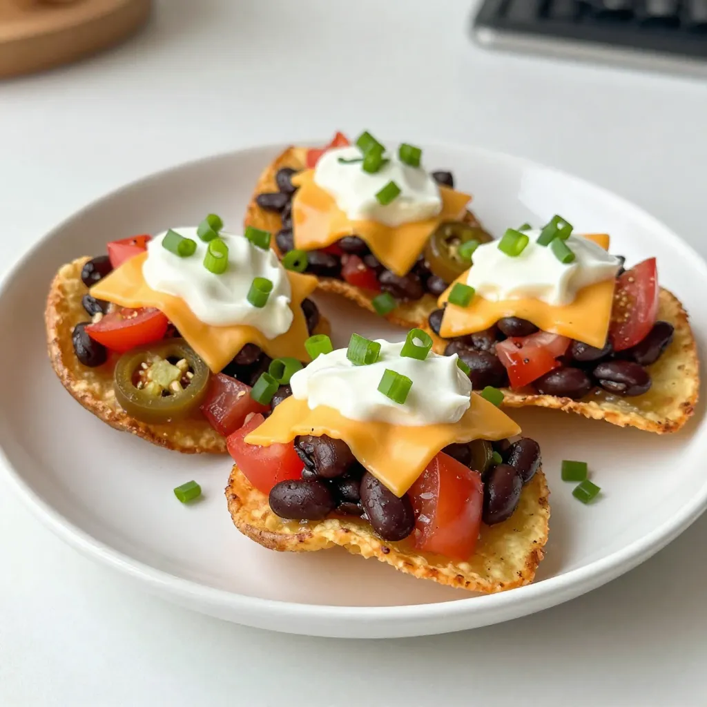 - 4 large russet potatoes - 1 cup shredded cheddar cheese - 1 cup black beans, drained and rinsed - 1/2 cup diced tomatoes (fresh or canned) - 1/2 cup jalapeños (fresh or pickled), sliced - 1/4 cup sour cream - 1/4 cup green onions, finely sliced - 1 tablespoon olive oil - 1 teaspoon chili powder - Salt and pepper, to taste To make loaded nacho potato skins, you need simple, fresh ingredients. Start with four large russet potatoes. They are perfect for holding toppings. Next, grab a cup of shredded cheddar cheese. This cheese melts beautifully and adds great flavor. You also want one cup of black beans. Drain and rinse them to keep the skins light. Add half a cup of diced tomatoes. You can use fresh ones or canned, depending on what you have. Don't forget the jalapeños! You need half a cup, either fresh or pickled. They give a kick to your dish. For a creamy finish, you'll need a quarter cup of sour cream. It pairs well with the heat from the jalapeños. Finally, add a quarter cup of finely sliced green onions for a fresh touch. You will also need one tablespoon of olive oil and one teaspoon of chili powder. Season with salt and pepper to taste. These ingredients combine to create a tasty bite. {{ingredient_image_2}} - Preheat the oven to 400°F (200°C). This helps cook the potatoes well. - Scrub the russet potatoes under cold water to remove dirt. Poke holes in each potato with a fork. This lets steam escape as they bake. Rub each potato with olive oil. Sprinkle salt over them for extra flavor. - Place the seasoned potatoes directly on the oven rack. Bake them for 45-60 minutes. They are done when you can easily pierce them with a fork. - Once baked, take the potatoes out and let them cool for about 10 minutes. This makes them easier to handle. - Slice each potato in half lengthwise. Use a spoon to scoop out some potato flesh. Leave about 1/4 inch around the edges for support. - In a mixing bowl, combine the scooped-out potato flesh with black beans, diced tomatoes, sliced jalapeños, chili powder, and a pinch of salt and pepper. Mix well. - Fill each potato skin with the mixture. Top each skin with shredded cheddar cheese for that gooey goodness. - Put the filled potato skins back in the oven. Bake for an additional 10-15 minutes. Watch closely until the cheese is melted and bubbly. This step-by-step guide makes it easy to create loaded nacho potato skins that everyone will love. To ensure even cooking, always preheat your oven to 400°F (200°C). Scrub the russet potatoes well to remove dirt, then poke holes in each potato with a fork. This helps steam escape. Rub olive oil and sprinkle salt on them for added flavor. Bake them directly on the oven rack for optimal air flow. Bake for 45-60 minutes. They are done when you can pierce them easily with a fork. For crunchy skins, make sure you don’t wrap the potatoes in foil. This traps steam and makes them soggy. Instead, let the skins get direct heat. After baking, let them cool for about 10 minutes before slicing. This keeps the skins intact when you scoop out the flesh. You can change up the toppings and fillings to suit your taste. Try adding cooked meat like ground beef or shredded chicken. You can also add veggies like bell peppers or corn for more flavor. To adjust the spice level, use jalapeños. If you want more heat, keep the seeds in. For less spice, use pickled jalapeños or omit them altogether. Consider adding a sprinkle of cayenne pepper for an extra kick. For a fun presentation, arrange the loaded nacho potato skins on a colorful serving platter. This makes them pop visually. Add small bowls of extra sour cream and homemade guacamole on the side for dipping. Serve these snacks at parties, game day, or family dinners. You can pair them with fresh salsa or a light salad to balance the flavors. Enjoying these as a shared dish makes every bite a hit! Pro Tips Choose the Right Potatoes: Opt for russet potatoes as they have a high starch content, making them ideal for a crispy skin and fluffy interior. Season Generously: Don’t be shy with the salt and olive oil when prepping your potatoes. This step enhances the flavor and contributes to the crispy texture. Customize Your Fillings: Feel free to get creative with the toppings! Add cooked bacon, different types of cheese, or even fresh herbs to personalize your nacho potato skins. Serve Immediately: For the best taste and texture, serve the loaded potato skins right out of the oven while the cheese is still melty and the skins are hot. {{image_4}} You can easily make your potato skins meat-free. Swap black beans for ground meat. Use lentils or chickpeas instead for protein. Add colorful veggies like bell peppers and corn for extra flavor. Spinach or mushrooms add great tastes, too. To elevate your nacho potato skins, try adding spices. Cumin and paprika give a nice kick. Fresh herbs like cilantro or parsley brighten up the dish. You can use different cheeses, too! Monterey Jack or pepper jack adds depth and a spicy twist. If you need a gluten-free option, stick to potatoes and beans. Most toppings are already gluten-free. For a dairy-free version, use dairy-free cheese. Many brands offer tasty options that melt well. This way, everyone can enjoy the loaded nacho potato skins! To keep your loaded nacho potato skins fresh, let them cool first. Place them in an airtight container. This helps keep them from drying out. Store in the fridge for up to three days. When you want to reheat, use the oven. Preheat it to 350°F (175°C). Place the skins on a baking sheet. Heat for about 10-15 minutes. This warms them up and keeps the skins crispy. Yes, you can freeze loaded nacho potato skins! Wrap each one in plastic wrap. Then, place them in a freezer bag. They can stay in the freezer for up to three months. When you're ready to eat, take them out. Let them thaw in the fridge overnight. Once thawed, bake them in the oven at 350°F (175°C) for about 20 minutes. This ensures they taste fresh and delicious. Loaded nacho potato skins offer several healthy benefits. First, russet potatoes are a good source of fiber, vitamin C, and potassium. Fiber helps digestion and keeps you full longer. The black beans add protein and more fiber, making this dish filling. Tomatoes are rich in vitamins and antioxidants. Jalapeños can boost metabolism and add flavor without extra calories. Using olive oil keeps the dish heart-healthy due to healthy fats. When you use fresh ingredients, you get nutrients that canned foods often lack. Overall, these potato skins combine taste and nutrition. Potato skins can stay fresh for about 3 to 5 days in the fridge. To store them, keep them in an airtight container. This helps maintain their flavor and texture. If you want to keep them longer, try freezing. In the freezer, they can last up to 2 months. To reheat, just bake them at 350°F (175°C) until warm. This way, you can enjoy your loaded nacho potato skins later without losing taste. Yes, you can prepare the filling ahead of time. Make the mixture of black beans, tomatoes, jalapeños, and spices in advance. Store it in the fridge for up to 2 days. This makes assembly quick and easy when you are ready to bake. Just fill the potato skins right before baking. This tip saves time, especially for parties or busy weeknights. Enjoying your loaded nacho potato skins becomes a breeze! In this blog post, we explored how to make loaded nacho potato skins. We covered key ingredients, from russet potatoes to cheese and beans. I shared steps for preparation, baking, and some handy tips to enhance your dish. Remember, you can customize these skins with various toppings and adjust spices to fit your taste. Enjoy these delicious treats for any occasion. They'll impress your family and friends with their rich flavors!