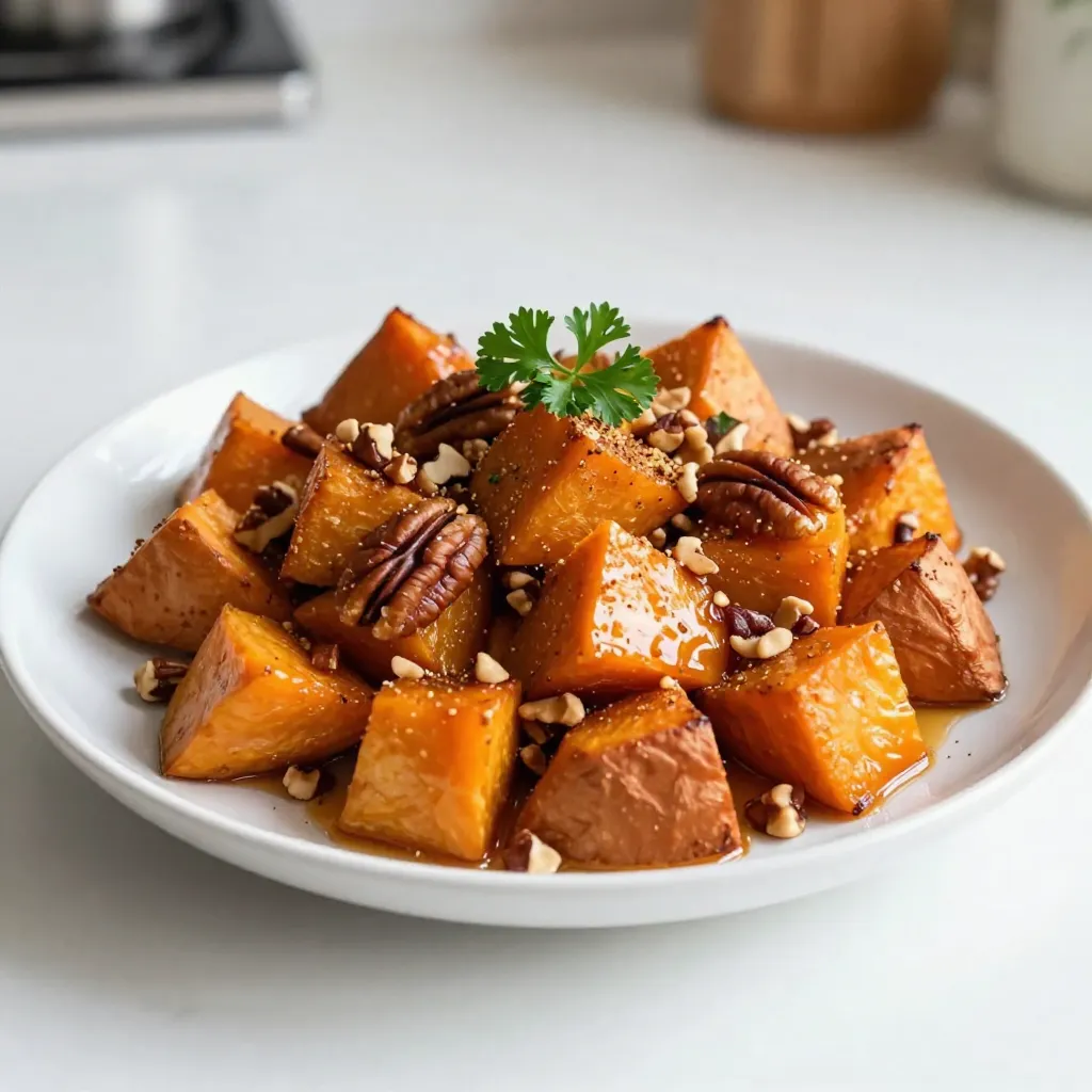 To make Maple Pecan Roasted Sweet Potatoes, you need some simple, tasty ingredients. Here’s what you will need: - Sweet potatoes - Pecans - Maple syrup - Olive oil - Spices and seasonings I use four medium sweet potatoes. Make sure to peel and cut them into 1-inch cubes. Sweet potatoes are sweet and creamy, making them perfect for roasting. A third of a cup of pecans brings a nice crunch. I chop them roughly for texture. Pecans also add a rich, nutty flavor that pairs well with sweet potatoes. You need a quarter cup of pure maple syrup. This syrup adds sweetness and a lovely glaze. It makes the sweet potatoes caramelize beautifully in the oven. Use three tablespoons of olive oil. This helps the sweet potatoes roast well and enhances their flavor. It also keeps them moist during baking. I add a teaspoon of ground cinnamon and half a teaspoon of ground nutmeg. These spices give warmth and depth to the dish. You will also need half a teaspoon of sea salt and a quarter teaspoon of freshly ground black pepper. These seasonings balance the sweetness and bring out the flavors. Optional: Fresh parsley or thyme leaves can be used for garnish. They add a nice pop of color and a fresh taste right before serving. {{ingredient_image_2}} Start by preheating your oven to 400°F (200°C). This temperature helps sweet potatoes cook well. While it heats, line a baking sheet with parchment paper. This makes for easy cleanup later and keeps the sweet potatoes from sticking. In a large bowl, add your cubed sweet potatoes and chopped pecans. Pour in 1/4 cup of pure maple syrup and 3 tablespoons of olive oil. Next, sprinkle in 1 teaspoon of ground cinnamon, 1/2 teaspoon of ground nutmeg, 1/2 teaspoon of sea salt, and 1/4 teaspoon of black pepper. Use a spatula to gently mix everything together. Make sure the sweet potato cubes are coated evenly with the syrup and spices. Once mixed, spread the sweet potato and pecan mixture evenly on the prepared baking sheet. Avoid crowding the pan, as this helps the sweet potatoes roast evenly. Place the baking sheet in the oven and roast for 25-30 minutes. Halfway through, take the sheet out and stir the sweet potatoes. This step is key for even browning. Roast until the sweet potatoes are fork-tender and golden-brown. To get the best sweet potatoes, look for firm ones. Avoid any with soft spots or cracks. Color matters too; vibrant orange is a good sign. If you can, choose organic sweet potatoes. They taste better and are often fresher. Spacing the sweet potatoes on the baking sheet is key. Make sure they are not piled up. This allows heat to reach all sides, helping them roast evenly. Stir the sweet potatoes halfway through cooking. This helps them brown nicely. Serve your Maple Pecan Roasted Sweet Potatoes warm. This enhances their sweet and nutty flavors. If they cool down, they lose their charm. A light garnish of parsley or thyme adds freshness and color. Enjoy them right away for the best taste. Pro Tips Choose the Right Sweet Potatoes: Look for firm, smooth-skinned sweet potatoes with no blemishes. This ensures they roast evenly and have the best flavor. Coat Evenly: Make sure each sweet potato cube is well coated with the olive oil and maple syrup mixture to achieve the perfect caramelization. Watch the Roasting Time: Keep an eye on the sweet potatoes during the last few minutes of roasting. Oven temperatures can vary, and you want them to be perfectly tender without burning. Experiment with Spices: Feel free to customize the spice blend by adding a pinch of cayenne for heat or substituting the cinnamon with pumpkin pie spice for a different flavor profile. {{image_4}} You can switch pecans for other nuts. Walnuts add a rich taste. Almonds give a nice crunch. Cashews offer a creamy texture. Each nut brings its own flavor. Try mixing two or three nuts for more depth. Want to spice things up? Add some cayenne pepper for heat. A dash of ginger adds warmth. You can also mix in a bit of vanilla for sweetness. Consider adding orange zest for a fresh twist. Each of these options makes your dish unique. Serve these sweet potatoes as a side dish. They pair well with roasted chicken or pork. For a fun twist, add them to a salad. Top with feta cheese for a savory touch. Garnish with herbs for a pop of color. Make the dish look as good as it tastes! To keep your Maple Pecan Roasted Sweet Potatoes fresh, let them cool first. Place them in an airtight container. This helps keep moisture in and air out. Store them in the fridge for up to 4 days. If you want, you can also use plastic wrap for a tighter seal. When you’re ready to enjoy leftovers, preheat your oven to 350°F (175°C). Spread the sweet potatoes on a baking sheet. Heat them for about 15-20 minutes. This method keeps the sweet potatoes crispy and tasty. You can also use a microwave, but they won't be as crispy. Heat them in short bursts, checking often. Yes, you can freeze Maple Pecan Roasted Sweet Potatoes! After they cool, place them in a freezer-safe bag. Make sure to remove as much air as possible. They can last up to 2 months in the freezer. When you’re ready to eat, thaw them overnight in the fridge. Reheat as mentioned above for the best taste. Yes, you can make this dish vegan. To do this, replace the honey with more maple syrup. Use a plant-based oil, like coconut or avocado oil, instead of olive oil. Sweet potatoes are done when they are fork-tender. You can poke them with a fork to check. They should feel soft but not mushy. The edges should also be golden brown and slightly crispy. You can use other potatoes, like Yukon Gold or red potatoes. However, they will change the flavor. Sweet potatoes give a sweet taste, while regular potatoes are more savory. Keep in mind that cooking times may vary. In this blog post, I shared a delicious recipe for maple pecan roasted sweet potatoes. We covered the key ingredients, step-by-step cooking instructions, and helpful tips for the best results. I explored variations to suit your taste and offered storage info for leftovers. Remember, experimenting with flavors makes cooking fun. With these simple steps, you can enjoy a tasty, healthy side dish. Your next meal can be both satisfying and easy to prepare. Enjoy your cooking journey!