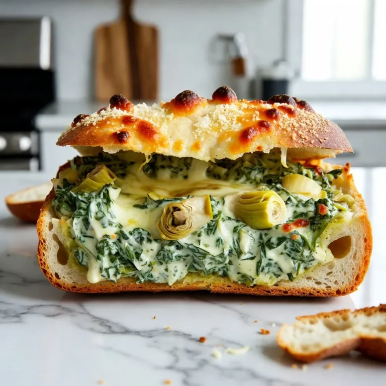- 1 large loaf of crusty bread (sourdough or ciabatta) - 1 cup fresh spinach, finely chopped - 1 cup canned artichoke hearts, drained and coarsely chopped - 1 cup cream cheese, softened to room temperature - ½ cup sour cream - ½ cup mayonnaise - 1 cup shredded mozzarella cheese - 1 teaspoon garlic powder - ½ teaspoon onion powder - Salt and black pepper, to taste - 2 tablespoons extra virgin olive oil - ¼ cup grated Parmesan cheese To make this tasty dish, you need a few key ingredients. Start with a loaf of crusty bread. Sourdough or ciabatta works great. You want a bread that holds its shape when stuffed. Then, gather fresh spinach and canned artichoke hearts. The spinach adds a nice color and flavor. The artichokes bring a unique taste and texture. Next, for the creamy base, you will use cream cheese, sour cream, and mayonnaise. These ingredients make the dip rich and smooth. You also need some seasonings and cheese. Garlic powder and onion powder add depth. Salt and black pepper enhance all the flavors. Lastly, mozzarella and Parmesan cheese create a gooey, cheesy filling that everyone loves. With these ingredients ready, you can create a delightful snack that is perfect for any occasion. {{ingredient_image_2}} 1. Preheat the Oven: Start by setting your oven to 375°F (190°C). This helps the bread cook evenly and get that nice golden crust. 2. Prepare the Bread: Take your large loaf of crusty bread, like sourdough or ciabatta. Carefully cut off the top to create a lid. Set the lid aside. Hollow out the inside, leaving about an inch of bread intact. Save the removed bread for dipping later. 3. Make the Creamy Filling: In a big mixing bowl, combine 1 cup of softened cream cheese, ½ cup of sour cream, and ½ cup of mayonnaise. Mix them well until smooth and creamy. 1. Add Flavor and Texture: To your creamy mix, add 1 cup of finely chopped fresh spinach, 1 cup of coarsely chopped canned artichoke hearts, and 1 cup of shredded mozzarella cheese. Then, sprinkle in 1 teaspoon of garlic powder, ½ teaspoon of onion powder, and some salt and black pepper. Stir until everything is blended. 2. Stuff the Bread: Spoon the spinach and artichoke mix into the hollowed loaf. Pack it lightly to fit all the filling. Use a spatula to level it off at the top. 3. Seal and Prepare for Baking: Place the bread lid back on top of the stuffed loaf. Brush the outside lightly with 2 tablespoons of extra virgin olive oil. Sprinkle ¼ cup of grated Parmesan cheese on top for a tasty finish. 1. Wrap and Bake: Wrap the stuffed bread in aluminum foil and place it on a baking sheet. Bake it in your preheated oven for 25-30 minutes. 2. Brown the Top: In the last 5 minutes, carefully unwrap the foil. This allows the top to brown and get crispy. Keep an eye on it to stop any burning! 3. Serve: After baking, let the bread cool for a few minutes. Slice it into portions and serve warm. Don’t forget the reserved bread pieces for dipping in that creamy goodness! To keep the bread from getting soggy, pay attention to moisture. First, use a thick bread like sourdough or ciabatta. These types hold up well to the creamy filling. Second, avoid overfilling the bread. Too much dip can seep into the bread and make it soggy. For the best results, bake at 375°F (190°C). This temperature ensures the bread gets crispy while the filling warms through. If you want a crispy crust, add a few extra minutes at the end without the foil. This step gives a nice brown top. Pair your stuffed bread with crunchy veggies or chips. Carrot sticks and cucumber slices add a fresh touch. You can also serve it with a light salad for a balanced meal. For a gathering, make the dish look great. Slice the stuffed bread into thick pieces. Arrange it on a wooden board. Add a sprinkle of fresh parsley or basil for color. This not only makes it pretty but also enhances the flavor! Pro Tips Choose the Right Bread: Opt for a sturdy loaf like sourdough or ciabatta to hold the creamy filling without getting soggy. Customize Your Fillings: Feel free to add other ingredients such as cooked bacon, sun-dried tomatoes, or different cheese varieties for extra flavor. Serve Fresh: For the best experience, serve the stuffed bread warm and fresh out of the oven to enjoy the gooey cheese and flavorful dip. Make Ahead: You can prepare the filling in advance and stuff the bread right before baking to save time on busy days. {{image_4}} You can change the flavors in your spinach artichoke dip stuffed bread. Here are some fun swaps: - Cheeses: Instead of mozzarella, try cheddar or gouda. They add a rich taste. - Spreads: Swap mayonnaise for Greek yogurt for a lighter feel. - Veggies: Add chopped bell peppers or sun-dried tomatoes for extra color and flavor. - Herbs: Fresh herbs like basil or dill can brighten the dish. You can make this dish fit different diets easily. Here’s how: - Vegetarian: This recipe is already vegetarian. Just ensure all your products are plant-based. - Gluten-Free: Use gluten-free bread. Check labels for safe ingredients. - Lighter Options: Use low-fat cream cheese and mayonnaise. This cuts calories without losing flavor. Feel free to mix and match these ideas. You can create a unique version that fits your taste and needs! To keep your spinach artichoke dip stuffed bread fresh, follow these tips: - Refrigerate: Place any leftover stuffed bread in an airtight container. It will stay good for about 3-4 days in the fridge. - Freeze: If you want to save it longer, wrap the stuffed bread tightly in plastic wrap, then foil. It can freeze for up to 3 months. Just remember to label it with the date. Avoid letting it sit out at room temperature for too long to prevent spoilage. To enjoy your leftovers, reheating them correctly is key: - Oven Method: Preheat your oven to 350°F (175°C). Wrap the stuffed bread in foil and heat for about 15-20 minutes. This keeps the bread crusty and the filling warm. - Microwave Method: If you're in a hurry, place a slice on a microwave-safe plate. Heat for about 30 seconds to 1 minute. This method is quick but may make the bread a bit soggy. Choose the method that fits your time. Enjoying this creamy, cheesy delight again is always a treat! Yes, you can use frozen spinach. Just thaw it first and drain the excess water. This prevents a soggy dip. Frozen spinach works well, but fresh gives a better flavor. The stuffed bread lasts about 3 days in the fridge. Make sure to wrap it tightly to keep it fresh. If you want to enjoy it longer, consider freezing it. Yes, you can make a vegan version. Use vegan cream cheese, vegan sour cream, and swap regular cheese for a dairy-free option. This way, you can still enjoy the rich flavors. Absolutely! You can mix the dip a day in advance. Just store it in the fridge. When you're ready, stuff the bread and bake it fresh for serving. This blog post covered how to make a tasty stuffed bread with spinach and artichokes. You learned about key ingredients, step-by-step prep, tips for perfecting the dish, and storage advice. Remember, using fresh ingredients makes a big difference. You can even mix in different cheeses or vegetables. This recipe is fun for gatherings or cozy nights at home. Enjoy your cooking and the smiles it brings to your table. Your stuffed bread will be a hit!