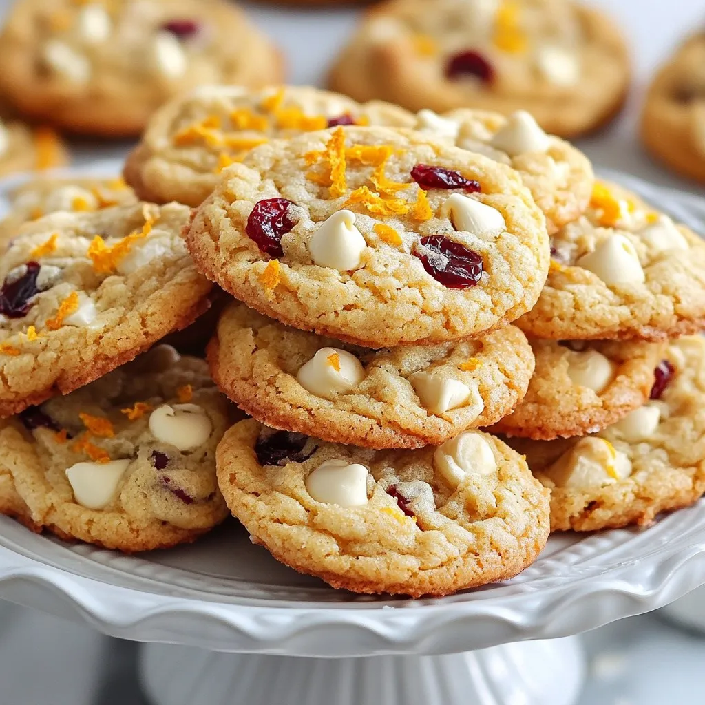 To make white chocolate cranberry cookies, you need some simple ingredients. Here’s what you will need: - 1 cup unsalted butter, at room temperature - 3/4 cup packed brown sugar - 1/2 cup granulated sugar - 1 large egg, at room temperature - 1 teaspoon pure vanilla extract - 2 cups all-purpose flour - 1 teaspoon baking soda - 1/2 teaspoon salt - 1 cup white chocolate chips - 3/4 cup dried cranberries - Zest of 1 orange Each ingredient plays a key role in the cookie's flavor and texture. The unsalted butter gives a rich base, while the sugars add sweetness and moisture. The egg binds everything together, making the cookies soft. The dry ingredients, like flour and baking soda, help the cookies rise. Salt balances the sweetness and enhances the flavors. The white chocolate chips add creamy sweetness, and the dried cranberries give a tart bite. The orange zest brightens the flavors, making each cookie taste fresh and exciting. Gather these simple ingredients, and you’re ready to bake a batch of delightful cookies! {{ingredient_image_2}} First, preheat your oven to 350°F (175°C). This step is key for even baking. Next, prepare two baking sheets by lining them with parchment paper. This will help the cookies not stick. Now, let’s make the base of our cookies. In a large mixing bowl, combine 1 cup of unsalted butter, 3/4 cup of packed brown sugar, and 1/2 cup of granulated sugar. Use an electric mixer on medium speed to cream these together. Mix until it’s light and fluffy, about 2-3 minutes. After that, it’s time to add the egg and 1 teaspoon of pure vanilla extract. Beat well until the mixture is smooth. This will bring all the flavors together. In a separate bowl, whisk together 2 cups of all-purpose flour, 1 teaspoon of baking soda, and 1/2 teaspoon of salt. Make sure they are well combined. Now, gradually add this dry mixture to your wet ingredients. Stir gently until they are just blended. Mixing too much can make the cookies tough, so be careful. Next, we’ll fold in the best parts. Carefully add in 1 cup of white chocolate chips, 3/4 cup of dried cranberries, and the zest of 1 orange. Use a spatula to mix them in evenly. Now, it’s time to shape the cookies. Use a cookie scoop or a tablespoon to portion out rounded balls of dough. Place them on the prepared baking sheets, leaving about 2 inches of space between each. This allows the cookies to spread while baking. Bake the cookies in your preheated oven for about 10-12 minutes. Look for a light golden brown on the edges. The centers should still look soft and slightly underbaked. They will firm up as they cool. Once baked, take the cookies out and let them cool on the baking sheets for about 5 minutes. After that, transfer them to a wire rack to cool completely. Enjoy the sweet smell filling your kitchen! To get the best texture, use room-temperature ingredients. Cold butter makes it hard to mix well. Let your butter and egg sit out for about 30 minutes before you start. Mixing the dough is key. Overmixing makes cookies tough. After you add the flour, mix just until combined. You want a soft, tender dough. Adding fresh orange zest brightens the cookies. It brings a lovely citrus note that pairs well with cranberries. Just zest one orange into the mix. You can also add more fun flavors. Try chopped nuts, like pecans or walnuts, for extra crunch. Or swap in dark chocolate chips for a richer taste. These options add depth and keep things exciting! Pro Tips Chill the Dough: Refrigerate the cookie dough for at least 30 minutes before baking. This helps to enhance the flavors and prevents the cookies from spreading too much while baking. Use Fresh Ingredients: Ensure your dried cranberries are fresh and plump for the best flavor. If they are too hard, soak them in warm water for a few minutes before adding them to the dough. Mixing Technique: When combining the dry and wet ingredients, mix just until combined. Overmixing can lead to tough cookies, so stop as soon as you see no more flour visible. Storage Tips: Store baked cookies in an airtight container at room temperature for up to a week. To keep them soft, add a slice of bread to the container; it will help maintain moisture. {{image_4}} You can switch up the flavors of your White Chocolate Cranberry Cookies. Try using dark chocolate chips. This adds a rich taste that pairs well with the sweet cranberries. Butterscotch chips are another great option. They give a warm, buttery flavor that complements the cookies perfectly. If you want a fresh twist, use fresh cranberries instead of dried ones. They provide a tartness that balances the sweetness. You can also mix in other dried fruits like cherries or blueberries. Each choice brings its own unique taste to the cookie. For those needing gluten-free options, use gluten-free flour blends. They work well in cookie recipes. Just be sure it has a good mix of ingredients for the best texture. If you follow a vegan diet, you can swap the butter for coconut oil or vegan butter. Use a flax egg instead of the regular egg. To make a flax egg, mix one tablespoon of ground flaxseed with three tablespoons of water. Let it sit for five minutes to thicken. This will help bind your cookies just like an egg would. To keep your white chocolate cranberry cookies fresh, store them at room temperature. Place them in an airtight container. This helps keep them soft and moist. Avoid stacking cookies directly on top of each other to prevent sticking. If you need to store them for longer, consider refrigeration or freezing. - Refrigeration: You can keep cookies in the fridge for up to one week. Just remember to seal them well to avoid drying out. - Freezing: For longer storage, freeze the cookies. Wrap each cookie individually in plastic wrap. Then, place them in a freezer-safe bag. They will last for up to three months in the freezer. These cookies are best enjoyed fresh. At room temperature, they last about five days. If refrigerated, expect them to stay good for up to a week. When frozen, you can keep them for three months and still enjoy their great taste. The key is to store them properly to maintain their flavor and texture. You can use salted butter if you have no unsalted butter. Just reduce the added salt in the recipe. Coconut oil is another good choice. It will give a slight coconut taste but works well. If you prefer a dairy-free option, try a plant-based butter. Yes, you can make the dough ahead of time. Chill the dough in the fridge for up to three days. You can also freeze it for up to three months. Just scoop the dough into balls, freeze them, and then store them in a bag. When you want to bake, you can go straight from the freezer to the oven. Check the edges of the cookies. They should be light golden brown. The centers will look soft and puffy. - Tips for avoiding burnt edges: Make sure your oven is at the right temperature. Use an oven thermometer if needed. Keep an eye on the cookies during the last few minutes of baking. - Signs of doneness for soft centers: The cookies should look slightly underbaked in the middle. They will firm up as they cool on the baking sheet. This blog post walked you through making delicious cookies, from ingredients to storage. You learned about key elements like unsalted butter, sugars, and tasty mix-ins. I shared step-by-step instructions to mix and bake them perfectly. You also got tips for the best texture and flavor enhancements. Remember, small changes can lead to tasty results. With options for dietary needs and storage tips, you can enjoy these cookies for longer. Baking can be fun and rewarding, so give it a try!