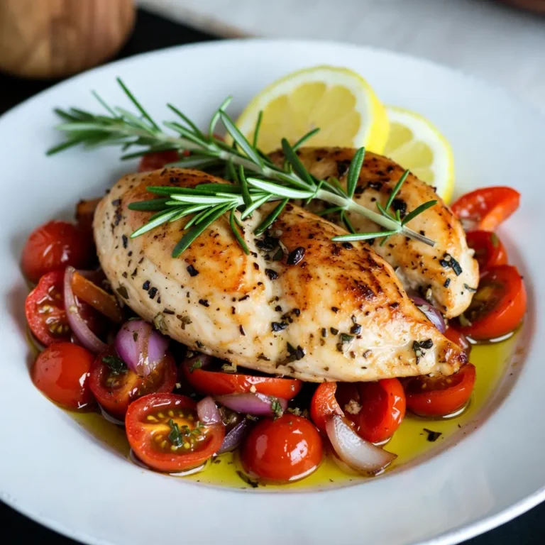 - 4 boneless, skinless chicken breasts - 2 lemons (one for juicing, one sliced into rounds) - 1/4 cup extra virgin olive oil - 4 cloves garlic, finely minced - 2 tablespoons fresh rosemary, finely chopped (or 1 tablespoon dried) The main ingredients for this dish are simple yet full of flavor. The chicken breasts serve as a great base. They are lean and absorb flavors well. Fresh lemons add brightness to the dish. Their juice will marinate the chicken, while the lemon slices on top add a nice touch. Extra virgin olive oil helps keep the chicken moist and tasty. Garlic adds depth, and rosemary brings a fragrant aroma. - 1 cup cherry tomatoes, halved - 1 red bell pepper, thinly sliced - 1 medium red onion, thinly sliced The vegetables bring color and sweetness. Cherry tomatoes burst with juice as they cook. Red bell peppers add crunch and a sweet flavor. Red onions soften and caramelize, adding a rich taste. Together, they create a colorful mix that pairs well with chicken. - 1 teaspoon dried oregano - Sea salt and freshly cracked black pepper, to taste Seasoning is key for great flavor. Dried oregano adds an herbaceous note that complements the rosemary. Sea salt and black pepper enhance all the other tastes. Adjust these to your liking for a perfect balance. {{ingredient_image_2}} 1. Preheat the oven: Start by setting your oven to 425°F (220°C). This helps the chicken cook evenly and brown nicely. 2. Make the marinade: In a small bowl, mix together 1/4 cup olive oil, juice from one lemon, 4 minced garlic cloves, 2 tablespoons of chopped rosemary, 1 teaspoon oregano, sea salt, and black pepper. Whisk it well until everything blends. 3. Marinate the chicken: Take 4 boneless, skinless chicken breasts and place them in a large resealable bag or a shallow dish. Pour the marinade over the chicken. Make sure each piece is coated well. Seal the bag or cover the dish and chill it in the fridge for at least 30 minutes, or up to 2 hours for more flavor. 1. Arrange the vegetables on the sheet pan: On a large sheet pan, spread out 1 cup of halved cherry tomatoes, 1 sliced red bell pepper, and 1 sliced red onion. This mix adds color and flavor. 2. Drizzle and season vegetables: Lightly drizzle the veggies with olive oil. Sprinkle sea salt and black pepper on top. Toss them gently to coat evenly. 1. Combine chicken with vegetables: After marinating, take the chicken out of the fridge. Place it on the sheet pan with the veggies. Add some lemon slices on top of each chicken breast for extra zest. 2. Baking instructions: Slide the sheet pan into your preheated oven. Bake for 20-25 minutes. The chicken should reach 165°F (75°C) inside and look golden brown. The vegetables will be tender and slightly caramelized. This method gives you a one-pan meal that's full of flavor. Enjoy your delicious creation! - The best time to marinate is at least 30 minutes. - For strong flavor, marinate for up to 2 hours. Marinating chicken is key. It brings out the best flavors. Use lemon juice, garlic, and herbs in your marinade. This mix tenderizes the chicken and adds deep flavor. Always coat the chicken well. If you can, flip it halfway through marinating. This way, the flavors soak in evenly. - Use a meat thermometer to check chicken doneness. - Cook vegetables based on thickness and type. To ensure your chicken is done, check for 165°F (75°C). This is safe for eating. For vegetables, softer ones like tomatoes cook fast. Harder ones, like bell peppers, may take longer. Cut them into similar sizes for even cooking. Toss them on the sheet pan with olive oil and seasoning to help them roast nicely. - Serve the dish on the sheet pan or on plates. - Pair with crusty bread or rice for a full meal. When your dish is ready, you can present it beautifully. For a rustic touch, serve directly from the sheet pan. Drizzle any pan juices on top for extra flavor. Enjoy it with a side of warm, crusty bread or fluffy rice. This adds heartiness to your meal and makes it even more satisfying. Pro Tips Marinate Longer for Depth: For even more flavor, marinate the chicken for up to 2 hours. This allows the herbs and lemon to penetrate the chicken, making it tender and flavorful. Use Fresh Ingredients: Whenever possible, opt for fresh herbs and vegetables. They provide vibrant flavors and enhance the overall appeal of the dish. Monitor Internal Temperature: Ensure your chicken reaches an internal temperature of 165°F (75°C) for safety and optimal juiciness. A meat thermometer is a great tool for this. Experiment with Veggies: Feel free to add other vegetables like zucchini or asparagus. This dish is versatile, and seasonal veggies can add a delightful twist. {{image_4}} You can change the herbs in this recipe. Try thyme or sage instead of rosemary. These herbs add a nice twist. You can also mix different herbs together. If you want, use dried herbs instead of fresh. Remember, dried herbs are stronger, so use less. For chicken, you can swap breasts for thighs. Chicken thighs stay juicy and tender. You can even use turkey or pork if you want a new flavor. Just adjust the cooking time to match the meat. Feel free to use seasonal vegetables. Zucchini, carrots, or asparagus can work well. Each of these adds unique taste and color. You can also use root vegetables like potatoes. Just cut them into even pieces for even cooking. When roasting, try different techniques. Roasting at a higher temperature gives a crispy finish. You can also cook them longer for softer veggies. Just watch them closely to avoid burning. To spice things up, add spices like paprika or cumin. These spices boost the flavor. You can also try a dash of chili flakes for heat. For alternative marinades, use soy sauce or balsamic vinegar. These options create a different flavor profile. You can mix and match to find what you love best. To keep your lemon rosemary chicken fresh, store it properly. Place the cooled chicken and veggies in an airtight container. Refrigerate them for up to three days. For longer storage, freeze the leftovers. Wrap the chicken tightly in plastic wrap, then place it in a freezer-safe bag. It can last up to three months in the freezer. When reheating, aim to keep the chicken juicy. The best method is to use the oven. Preheat it to 350°F (175°C). Place the chicken on a baking sheet and cover it with foil to keep it moist. Heat for about 15-20 minutes, or until warmed through. You can also use a microwave for quick reheating. Just be careful not to overcook it, as this can dry it out. If you need to adjust the servings, it’s easy to scale the recipe. For two servings, use two chicken breasts and halve the veggies and marinade. If you want to make a larger batch, double all the ingredients. Keep the same ratios for the marinade, garlic, and herbs to maintain the flavor. Remember to adjust the baking time if you add more chicken or vegetables. How long to cook chicken in the oven? I cook the chicken for 20 to 25 minutes at 425°F (220°C). It should reach 165°F (75°C) inside. A meat thermometer helps ensure it’s done. Can I use bone-in chicken? Yes, you can use bone-in chicken. Just increase the cooking time by about 10 to 15 minutes. Bone-in chicken may take longer to cook. Is this recipe gluten-free? Absolutely! All the ingredients in this recipe are gluten-free. Just check any store-bought items for hidden gluten. What to do if the chicken is dry? If the chicken turns out dry, it might have cooked too long. Always check for doneness early. You can also add a splash of broth or olive oil to keep it moist. How to make chicken more flavorful? To boost flavor, marinate the chicken for longer. Aim for at least 2 hours. You can also add more garlic or fresh herbs. Can I make this in an air fryer? Yes! Set the air fryer to 375°F (190°C). Cook for about 15 to 20 minutes. Check the chicken’s temperature to ensure it’s cooked. How to grill lemon rosemary chicken? To grill, marinate the chicken as usual. Heat the grill to medium-high. Cook for about 6 to 8 minutes per side. Add lemon slices on top while grilling for extra flavor. In this post, we covered a simple recipe for sheet pan lemon rosemary chicken. You learned how to prepare tasty ingredients, marinate chicken, and bake everything together. We also shared tips for making the dish better and variations to keep it fresh. Remember, cooking should be fun and easy. With these steps, you can create a delightful meal. Enjoy your cooking journey, and don't be afraid to experiment!