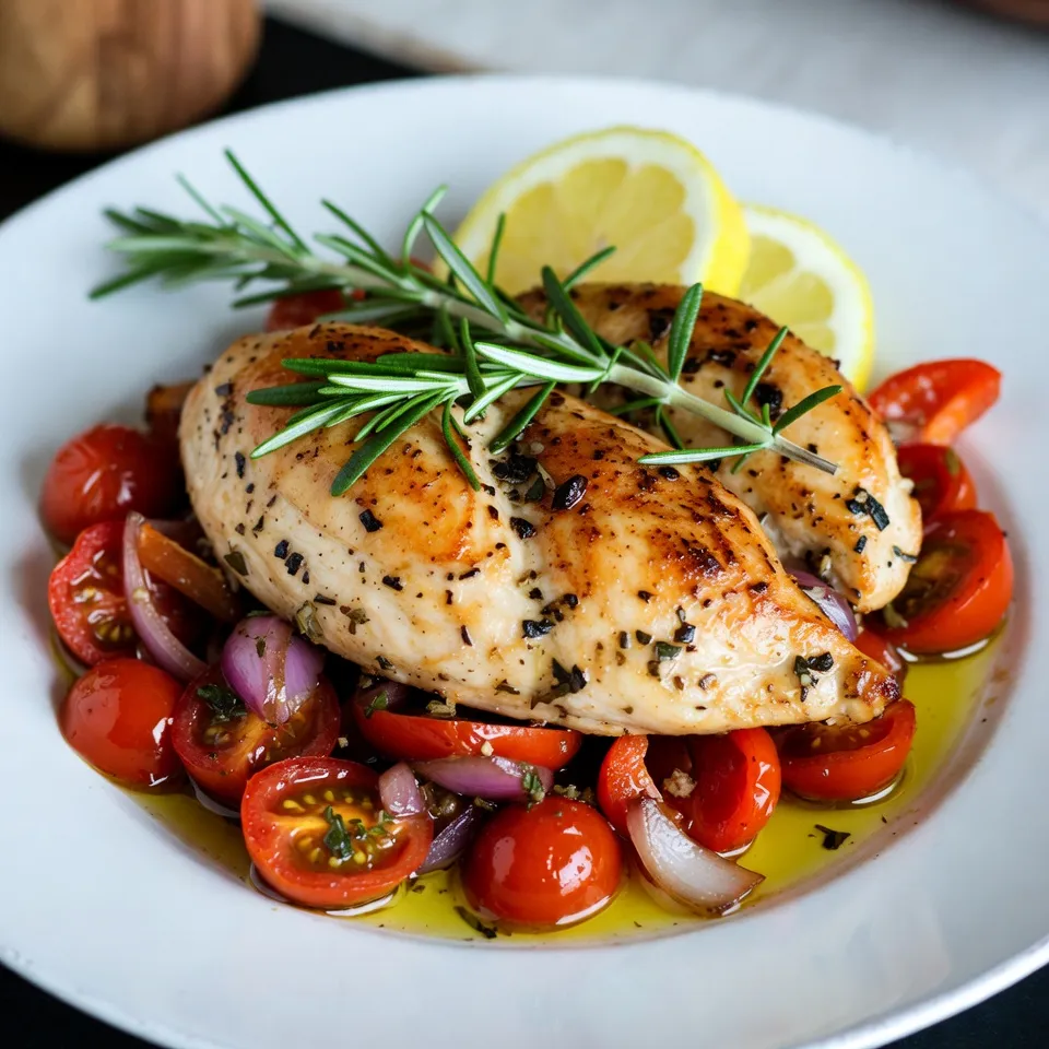 - 4 boneless, skinless chicken breasts - 2 lemons (one for juicing, one sliced into rounds) - 1/4 cup extra virgin olive oil - 4 cloves garlic, finely minced - 2 tablespoons fresh rosemary, finely chopped (or 1 tablespoon dried) The main ingredients for this dish are simple yet full of flavor. The chicken breasts serve as a great base. They are lean and absorb flavors well. Fresh lemons add brightness to the dish. Their juice will marinate the chicken, while the lemon slices on top add a nice touch. Extra virgin olive oil helps keep the chicken moist and tasty. Garlic adds depth, and rosemary brings a fragrant aroma. - 1 cup cherry tomatoes, halved - 1 red bell pepper, thinly sliced - 1 medium red onion, thinly sliced The vegetables bring color and sweetness. Cherry tomatoes burst with juice as they cook. Red bell peppers add crunch and a sweet flavor. Red onions soften and caramelize, adding a rich taste. Together, they create a colorful mix that pairs well with chicken. - 1 teaspoon dried oregano - Sea salt and freshly cracked black pepper, to taste Seasoning is key for great flavor. Dried oregano adds an herbaceous note that complements the rosemary. Sea salt and black pepper enhance all the other tastes. Adjust these to your liking for a perfect balance. {{ingredient_image_2}} 1. Preheat the oven: Start by setting your oven to 425°F (220°C). This helps the chicken cook evenly and brown nicely. 2. Make the marinade: In a small bowl, mix together 1/4 cup olive oil, juice from one lemon, 4 minced garlic cloves, 2 tablespoons of chopped rosemary, 1 teaspoon oregano, sea salt, and black pepper. Whisk it well until everything blends. 3. Marinate the chicken: Take 4 boneless, skinless chicken breasts and place them in a large resealable bag or a shallow dish. Pour the marinade over the chicken. Make sure each piece is coated well. Seal the bag or cover the dish and chill it in the fridge for at least 30 minutes, or up to 2 hours for more flavor. 1. Arrange the vegetables on the sheet pan: On a large sheet pan, spread out 1 cup of halved cherry tomatoes, 1 sliced red bell pepper, and 1 sliced red onion. This mix adds color and flavor. 2. Drizzle and season vegetables: Lightly drizzle the veggies with olive oil. Sprinkle sea salt and black pepper on top. Toss them gently to coat evenly. 1. Combine chicken with vegetables: After marinating, take the chicken out of the fridge. Place it on the sheet pan with the veggies. Add some lemon slices on top of each chicken breast for extra zest. 2. Baking instructions: Slide the sheet pan into your preheated oven. Bake for 20-25 minutes. The chicken should reach 165°F (75°C) inside and look golden brown. The vegetables will be tender and slightly caramelized. This method gives you a one-pan meal that's full of flavor. Enjoy your delicious creation! - The best time to marinate is at least 30 minutes. - For strong flavor, marinate for up to 2 hours. Marinating chicken is key. It brings out the best flavors. Use lemon juice, garlic, and herbs in your marinade. This mix tenderizes the chicken and adds deep flavor. Always coat the chicken well. If you can, flip it halfway through marinating. This way, the flavors soak in evenly. - Use a meat thermometer to check chicken doneness. - Cook vegetables based on thickness and type. To ensure your chicken is done, check for 165°F (75°C). This is safe for eating. For vegetables, softer ones like tomatoes cook fast. Harder ones, like bell peppers, may take longer. Cut them into similar sizes for even cooking. Toss them on the sheet pan with olive oil and seasoning to help them roast nicely. - Serve the dish on the sheet pan or on plates. - Pair with crusty bread or rice for a full meal. When your dish is ready, you can present it beautifully. For a rustic touch, serve directly from the sheet pan. Drizzle any pan juices on top for extra flavor. Enjoy it with a side of warm, crusty bread or fluffy rice. This adds heartiness to your meal and makes it even more satisfying. Pro Tips Marinate Longer for Depth: For even more flavor, marinate the chicken for up to 2 hours. This allows the herbs and lemon to penetrate the chicken, making it tender and flavorful. Use Fresh Ingredients: Whenever possible, opt for fresh herbs and vegetables. They provide vibrant flavors and enhance the overall appeal of the dish. Monitor Internal Temperature: Ensure your chicken reaches an internal temperature of 165°F (75°C) for safety and optimal juiciness. A meat thermometer is a great tool for this. Experiment with Veggies: Feel free to add other vegetables like zucchini or asparagus. This dish is versatile, and seasonal veggies can add a delightful twist. {{image_4}} You can change the herbs in this recipe. Try thyme or sage instead of rosemary. These herbs add a nice twist. You can also mix different herbs together. If you want, use dried herbs instead of fresh. Remember, dried herbs are stronger, so use less. For chicken, you can swap breasts for thighs. Chicken thighs stay juicy and tender. You can even use turkey or pork if you want a new flavor. Just adjust the cooking time to match the meat. Feel free to use seasonal vegetables. Zucchini, carrots, or asparagus can work well. Each of these adds unique taste and color. You can also use root vegetables like potatoes. Just cut them into even pieces for even cooking. When roasting, try different techniques. Roasting at a higher temperature gives a crispy finish. You can also cook them longer for softer veggies. Just watch them closely to avoid burning. To spice things up, add spices like paprika or cumin. These spices boost the flavor. You can also try a dash of chili flakes for heat. For alternative marinades, use soy sauce or balsamic vinegar. These options create a different flavor profile. You can mix and match to find what you love best. To keep your lemon rosemary chicken fresh, store it properly. Place the cooled chicken and veggies in an airtight container. Refrigerate them for up to three days. For longer storage, freeze the leftovers. Wrap the chicken tightly in plastic wrap, then place it in a freezer-safe bag. It can last up to three months in the freezer. When reheating, aim to keep the chicken juicy. The best method is to use the oven. Preheat it to 350°F (175°C). Place the chicken on a baking sheet and cover it with foil to keep it moist. Heat for about 15-20 minutes, or until warmed through. You can also use a microwave for quick reheating. Just be careful not to overcook it, as this can dry it out. If you need to adjust the servings, it’s easy to scale the recipe. For two servings, use two chicken breasts and halve the veggies and marinade. If you want to make a larger batch, double all the ingredients. Keep the same ratios for the marinade, garlic, and herbs to maintain the flavor. Remember to adjust the baking time if you add more chicken or vegetables. How long to cook chicken in the oven? I cook the chicken for 20 to 25 minutes at 425°F (220°C). It should reach 165°F (75°C) inside. A meat thermometer helps ensure it’s done. Can I use bone-in chicken? Yes, you can use bone-in chicken. Just increase the cooking time by about 10 to 15 minutes. Bone-in chicken may take longer to cook. Is this recipe gluten-free? Absolutely! All the ingredients in this recipe are gluten-free. Just check any store-bought items for hidden gluten. What to do if the chicken is dry? If the chicken turns out dry, it might have cooked too long. Always check for doneness early. You can also add a splash of broth or olive oil to keep it moist. How to make chicken more flavorful? To boost flavor, marinate the chicken for longer. Aim for at least 2 hours. You can also add more garlic or fresh herbs. Can I make this in an air fryer? Yes! Set the air fryer to 375°F (190°C). Cook for about 15 to 20 minutes. Check the chicken’s temperature to ensure it’s cooked. How to grill lemon rosemary chicken? To grill, marinate the chicken as usual. Heat the grill to medium-high. Cook for about 6 to 8 minutes per side. Add lemon slices on top while grilling for extra flavor. In this post, we covered a simple recipe for sheet pan lemon rosemary chicken. You learned how to prepare tasty ingredients, marinate chicken, and bake everything together. We also shared tips for making the dish better and variations to keep it fresh. Remember, cooking should be fun and easy. With these steps, you can create a delightful meal. Enjoy your cooking journey, and don't be afraid to experiment!