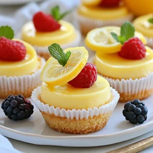 To make mini lemon cheesecakes, gather the following ingredients: - 1 cup graham cracker crumbs - 1/4 cup unsalted butter, melted - 2 tablespoons granulated sugar - 16 oz cream cheese, softened - 1 cup powdered sugar - 1/2 cup sour cream - 1/4 cup freshly squeezed lemon juice - Zest of 1 lemon - 2 large eggs, at room temperature - 1 teaspoon pure vanilla extract - Fresh berries (like blueberries or raspberries) and fresh mint leaves for garnish These ingredients create a bright and creamy treat. The graham cracker crumbs form a crunchy crust. The cream cheese provides a rich and smooth filling. Fresh lemon juice and zest give the cheesecakes their bright flavor. Using fresh berries and mint as garnishes adds a lovely touch. Each ingredient plays a key role in making these mini cheesecakes delicious and vibrant. {{ingredient_image_2}} First, preheat your oven to 325°F (160°C). This gives the cheesecakes a nice bake. Next, grab a muffin tin and place cupcake liners into each cup. This step makes it easy to remove the cheesecakes later. In a medium bowl, mix together 1 cup of graham cracker crumbs, 1/4 cup of melted unsalted butter, and 2 tablespoons of granulated sugar. Stir until the mix looks like damp sand. This is the base that holds the cheesecakes together. Take about 1 tablespoon of the crust mix and press it into the bottom of each cupcake liner. Make sure it is compact. Bake these in the preheated oven for 10 minutes. Once they are golden, remove the tin and let it cool a bit. In a large bowl, beat 16 oz of softened cream cheese with an electric mixer until it is very smooth. This step is key to avoid lumps. Then, slowly add in 1 cup of powdered sugar and mix until silky. Now, mix in 1/2 cup of sour cream, 1/4 cup of lemon juice, the zest of 1 lemon, 2 large eggs, and 1 teaspoon of vanilla extract. Beat this mix until smooth. Carefully pour the filling into the crusts, filling each about three-quarters full. Bake in the oven for 20 to 25 minutes. The edges should be set, while the centers jiggle a bit. Once baked, turn off the oven and crack the door open. Let the mini cheesecakes cool in the oven for 30 minutes. This gentle cooling helps prevent cracks. After that, move the tin to the fridge to chill for at least 4 hours or overnight for the best results. Before serving, add a few fresh berries on top of each cheesecake. Place a mint leaf for a pop of color. This makes your mini cheesecakes look very inviting. Arrange them on a nice platter to impress your guests. To avoid a soggy crust, make sure you bake it long enough. Bake the crust for 10 minutes at 325°F. Let it cool slightly before adding the filling. If you don’t have graham crackers, use digestive biscuits or crushed vanilla wafers. These work well and add a nice flavor twist. Always use room temperature ingredients. This helps create a smooth filling. Cold cream cheese can lead to lumps. To prevent cracks, cool the cheesecakes slowly. After baking, leave them in the oven for 30 minutes with the door slightly open. This gentle cooling keeps them from cracking. Top your mini cheesecakes with fresh berries. Blueberries and raspberries add color and taste. A mint leaf on top makes it look fancy. Serve on a pretty platter arranged in a circle. This simple touch makes your dessert stand out at any gathering. Pro Tips Chill the Cream Cheese: Make sure your cream cheese is at room temperature for a smoother filling. If it's too cold, it may create lumps in your batter. Prevent Cracks: Cooling the cheesecakes gradually in the oven helps prevent cracks on the surface. Avoid sudden temperature changes. Use Fresh Ingredients: Freshly squeezed lemon juice and zest provide the best flavor. Avoid bottled lemon juice for a vibrant taste. Garnish Wisely: Adding fresh berries and mint just before serving not only enhances the presentation but also adds a refreshing flavor contrast. {{image_4}} You can change the flavor of mini cheesecakes easily. Try adding different citrus zest, like lime or orange, to bring a new twist. It adds brightness and freshness. You can also use extracts, such as almond or coconut. Just a few drops can create a whole new taste. If you need a gluten-free option, swap out graham crackers for gluten-free cookies. Almond flour also works well for a tasty crust. For a vegan version, replace cream cheese with cashew cream or coconut cream. Use a flax egg instead of regular eggs. These adjustments keep the flavor while meeting dietary needs. Mini cheesecakes pair well with many desserts. Consider serving them alongside fresh fruit or a light sorbet. For a dessert platter, mix and match flavors. Add chocolate truffles or mini fruit tarts for variety. This makes your dessert table look colorful and inviting. To keep your mini lemon cheesecakes fresh, store them in the refrigerator. Place them in an airtight container. This prevents any strong smells from other foods from affecting their taste. You can also cover them with plastic wrap. They will stay fresh for up to five days. If you want to freeze them, allow the cheesecakes to cool completely. Then, wrap each one tightly in plastic wrap. Place them in a freezer-safe bag or container. They can last for up to three months in the freezer. When you're ready to enjoy a frozen cheesecake, take it out of the freezer. Let it thaw in the refrigerator overnight. This keeps the texture creamy. After thawing, serve them cold. You can add fresh berries and mint for a pop of color and flavor. They taste best when served chilled. Mini cheesecakes stay fresh for about five days in the fridge. Look for signs of spoilage, like an off smell or changes in texture. If they seem dry or cracked, it's best to toss them. For frozen cheesecakes, they remain good for three months. Always check for freezer burn or ice crystals when you take them out. Enjoy them while they're fresh for the best taste! Mini cheesecakes last about 5 days in the fridge. Store them in an airtight container. This keeps them fresh and tasty. Yes, you can make the filling a day before. Store it in the fridge until you are ready to bake. This saves time for your special event. You can use Greek yogurt instead of sour cream. It adds creaminess and a slight tang. This swap keeps the flavor bright without losing texture. Check the edges for a set look. The center should have a slight jiggle. This means they are cooked perfectly and will firm while cooling. Absolutely! Just double each ingredient. Use a larger muffin tin or bake in batches. This way, you can share more delicious mini cheesecakes with friends! In this post, I covered how to make delicious mini cheesecakes. We looked at the ingredients you need, from graham cracker crumbs to lemon zest. I shared clear steps, ensuring your crust and filling come out perfect. Tips for storing and serving keep your mini cheesecakes fresh and eye-catching. Now, you can impress your friends and family with these tasty treats. Enjoy your baking adventure!