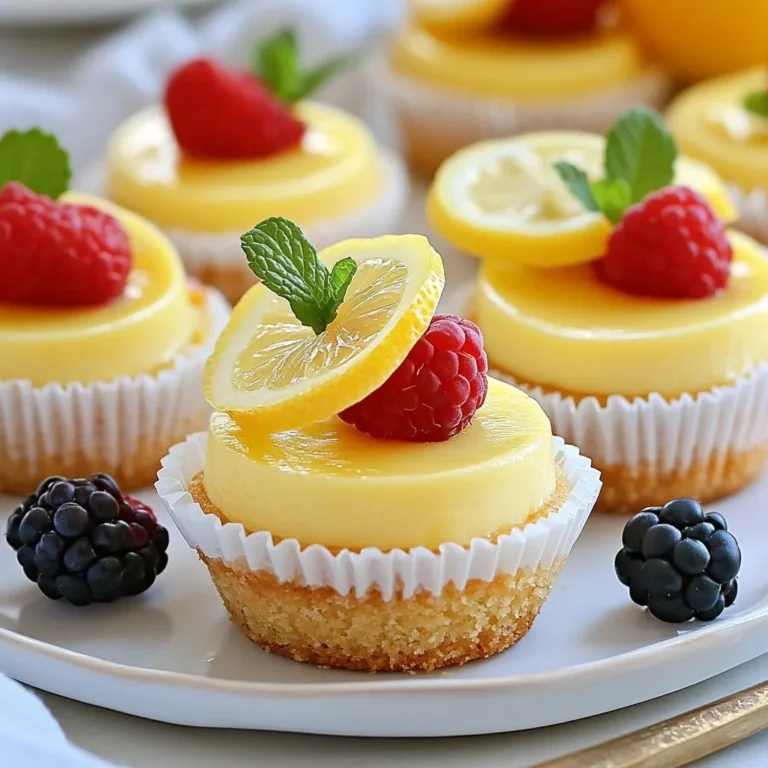 To make mini lemon cheesecakes, gather the following ingredients: - 1 cup graham cracker crumbs - 1/4 cup unsalted butter, melted - 2 tablespoons granulated sugar - 16 oz cream cheese, softened - 1 cup powdered sugar - 1/2 cup sour cream - 1/4 cup freshly squeezed lemon juice - Zest of 1 lemon - 2 large eggs, at room temperature - 1 teaspoon pure vanilla extract - Fresh berries (like blueberries or raspberries) and fresh mint leaves for garnish These ingredients create a bright and creamy treat. The graham cracker crumbs form a crunchy crust. The cream cheese provides a rich and smooth filling. Fresh lemon juice and zest give the cheesecakes their bright flavor. Using fresh berries and mint as garnishes adds a lovely touch. Each ingredient plays a key role in making these mini cheesecakes delicious and vibrant. {{ingredient_image_2}} First, preheat your oven to 325°F (160°C). This gives the cheesecakes a nice bake. Next, grab a muffin tin and place cupcake liners into each cup. This step makes it easy to remove the cheesecakes later. In a medium bowl, mix together 1 cup of graham cracker crumbs, 1/4 cup of melted unsalted butter, and 2 tablespoons of granulated sugar. Stir until the mix looks like damp sand. This is the base that holds the cheesecakes together. Take about 1 tablespoon of the crust mix and press it into the bottom of each cupcake liner. Make sure it is compact. Bake these in the preheated oven for 10 minutes. Once they are golden, remove the tin and let it cool a bit. In a large bowl, beat 16 oz of softened cream cheese with an electric mixer until it is very smooth. This step is key to avoid lumps. Then, slowly add in 1 cup of powdered sugar and mix until silky. Now, mix in 1/2 cup of sour cream, 1/4 cup of lemon juice, the zest of 1 lemon, 2 large eggs, and 1 teaspoon of vanilla extract. Beat this mix until smooth. Carefully pour the filling into the crusts, filling each about three-quarters full. Bake in the oven for 20 to 25 minutes. The edges should be set, while the centers jiggle a bit. Once baked, turn off the oven and crack the door open. Let the mini cheesecakes cool in the oven for 30 minutes. This gentle cooling helps prevent cracks. After that, move the tin to the fridge to chill for at least 4 hours or overnight for the best results. Before serving, add a few fresh berries on top of each cheesecake. Place a mint leaf for a pop of color. This makes your mini cheesecakes look very inviting. Arrange them on a nice platter to impress your guests. To avoid a soggy crust, make sure you bake it long enough. Bake the crust for 10 minutes at 325°F. Let it cool slightly before adding the filling. If you don’t have graham crackers, use digestive biscuits or crushed vanilla wafers. These work well and add a nice flavor twist. Always use room temperature ingredients. This helps create a smooth filling. Cold cream cheese can lead to lumps. To prevent cracks, cool the cheesecakes slowly. After baking, leave them in the oven for 30 minutes with the door slightly open. This gentle cooling keeps them from cracking. Top your mini cheesecakes with fresh berries. Blueberries and raspberries add color and taste. A mint leaf on top makes it look fancy. Serve on a pretty platter arranged in a circle. This simple touch makes your dessert stand out at any gathering. Pro Tips Chill the Cream Cheese: Make sure your cream cheese is at room temperature for a smoother filling. If it's too cold, it may create lumps in your batter. Prevent Cracks: Cooling the cheesecakes gradually in the oven helps prevent cracks on the surface. Avoid sudden temperature changes. Use Fresh Ingredients: Freshly squeezed lemon juice and zest provide the best flavor. Avoid bottled lemon juice for a vibrant taste. Garnish Wisely: Adding fresh berries and mint just before serving not only enhances the presentation but also adds a refreshing flavor contrast. {{image_4}} You can change the flavor of mini cheesecakes easily. Try adding different citrus zest, like lime or orange, to bring a new twist. It adds brightness and freshness. You can also use extracts, such as almond or coconut. Just a few drops can create a whole new taste. If you need a gluten-free option, swap out graham crackers for gluten-free cookies. Almond flour also works well for a tasty crust. For a vegan version, replace cream cheese with cashew cream or coconut cream. Use a flax egg instead of regular eggs. These adjustments keep the flavor while meeting dietary needs. Mini cheesecakes pair well with many desserts. Consider serving them alongside fresh fruit or a light sorbet. For a dessert platter, mix and match flavors. Add chocolate truffles or mini fruit tarts for variety. This makes your dessert table look colorful and inviting. To keep your mini lemon cheesecakes fresh, store them in the refrigerator. Place them in an airtight container. This prevents any strong smells from other foods from affecting their taste. You can also cover them with plastic wrap. They will stay fresh for up to five days. If you want to freeze them, allow the cheesecakes to cool completely. Then, wrap each one tightly in plastic wrap. Place them in a freezer-safe bag or container. They can last for up to three months in the freezer. When you're ready to enjoy a frozen cheesecake, take it out of the freezer. Let it thaw in the refrigerator overnight. This keeps the texture creamy. After thawing, serve them cold. You can add fresh berries and mint for a pop of color and flavor. They taste best when served chilled. Mini cheesecakes stay fresh for about five days in the fridge. Look for signs of spoilage, like an off smell or changes in texture. If they seem dry or cracked, it's best to toss them. For frozen cheesecakes, they remain good for three months. Always check for freezer burn or ice crystals when you take them out. Enjoy them while they're fresh for the best taste! Mini cheesecakes last about 5 days in the fridge. Store them in an airtight container. This keeps them fresh and tasty. Yes, you can make the filling a day before. Store it in the fridge until you are ready to bake. This saves time for your special event. You can use Greek yogurt instead of sour cream. It adds creaminess and a slight tang. This swap keeps the flavor bright without losing texture. Check the edges for a set look. The center should have a slight jiggle. This means they are cooked perfectly and will firm while cooling. Absolutely! Just double each ingredient. Use a larger muffin tin or bake in batches. This way, you can share more delicious mini cheesecakes with friends! In this post, I covered how to make delicious mini cheesecakes. We looked at the ingredients you need, from graham cracker crumbs to lemon zest. I shared clear steps, ensuring your crust and filling come out perfect. Tips for storing and serving keep your mini cheesecakes fresh and eye-catching. Now, you can impress your friends and family with these tasty treats. Enjoy your baking adventure!