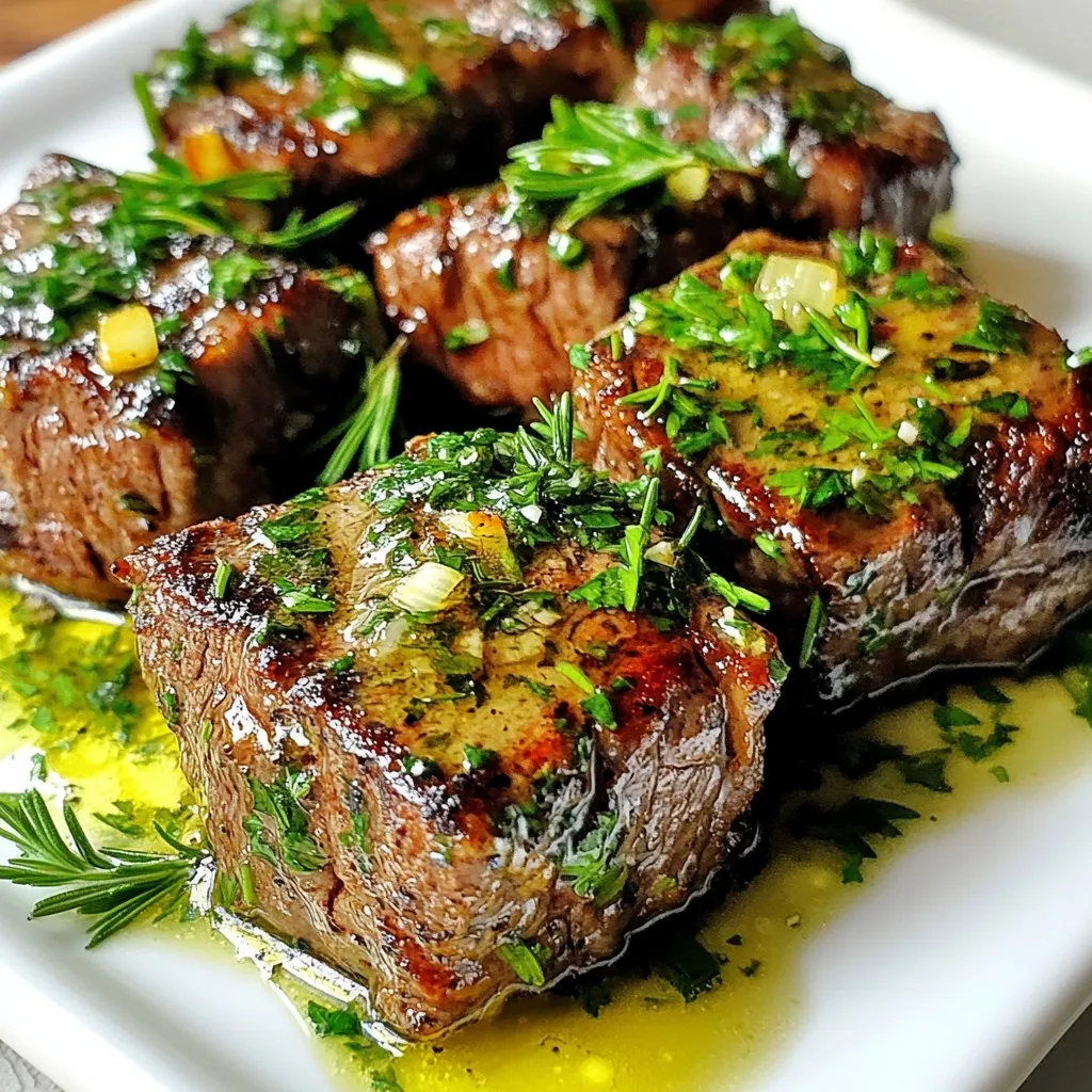 - 1 lb sirloin steak, cut into bite-sized cubes - 4 tablespoons unsalted butter, divided - 4 cloves garlic, finely minced - 1 tablespoon fresh rosemary, finely chopped (or 1 teaspoon dried) - 1 tablespoon fresh thyme leaves (or 1 teaspoon dried) - Sea salt and freshly ground black pepper, to taste - Fresh parsley, finely chopped, for garnish To make garlic butter steak bites, you need simple, fresh ingredients. The sirloin steak gives a nice flavor and texture. Butter adds richness. Garlic makes the dish fragrant. Fresh herbs enhance the taste and aroma. Sea salt and black pepper are key for seasoning. Lastly, fresh parsley adds color when you serve. Each ingredient plays a role in making these bites delicious. {{ingredient_image_2}} First, dry the steak cubes with paper towels. This step helps create a nice sear. Next, season the steak cubes with sea salt and black pepper. Make sure to coat all sides. Now, heat 2 tablespoons of unsalted butter in a large skillet over medium-high heat. Wait for the butter to melt and start sizzling. Carefully place the seasoned steak cubes in the skillet. Cook them for 2-3 minutes on each side. You want them to turn golden brown. If your skillet is small, cook in batches to avoid overcrowding. Once cooked, transfer the steak bites to a plate. Cover them loosely with foil to keep warm. In the same skillet, lower the heat to medium. Add the rest of the butter and the minced garlic. Sauté for 1-2 minutes. Stir often until the garlic smells great but isn’t browned. Next, add the finely chopped rosemary and thyme to the skillet. Then, return the seared steak bites to the skillet. Toss them well to coat in the fragrant garlic butter and herbs. Let the mixture cook for one more minute. This step helps blend the flavors nicely. Now, remove the skillet from the heat. Sprinkle freshly chopped parsley over the steak bites for a colorful touch. Serve these steak bites right away for the best taste. Enjoy the rich flavors of garlic butter with each bite! To get a great sear on your steak bites, always start by drying them well. Use paper towels to pat them dry. This step helps remove moisture, which can steam the meat. A good sear locks in flavor and gives a nice crust. Also, avoid overcrowding the skillet. If you add too many pieces at once, they will steam instead of sear. Cook in batches if you need to. This keeps the heat high and ensures that each bite gets that beautiful golden crust. To make your steak bites even better, consider adding some extra flavors. You can mix in a splash of Worcestershire sauce or a pinch of smoked paprika. Both add depth without changing the base recipe. For tender steak, you might try marinating the cubes in olive oil and vinegar for about 30 minutes. This helps break down fibers, making the meat softer. If you have time, let the steak sit in the fridge for a few hours for even better results. These tips will elevate your garlic butter steak bites, making them an even more enjoyable dish. Pro Tips Pat the Steak Dry: Make sure to thoroughly dry the steak cubes with paper towels before seasoning. This will help achieve a better sear and crust on the steak. Don’t Overcrowd the Pan: Cook the steak bites in batches if necessary. Overcrowding the skillet can lower the temperature and prevent proper searing. Mind the Garlic: When sautéing the garlic, stir constantly and keep an eye on it to prevent burning. Burnt garlic can impart a bitter taste to the dish. Fresh Herbs Matter: Using fresh herbs like rosemary and thyme will elevate the flavor of the garlic butter significantly compared to dried herbs. {{image_4}} You can use many cuts for steak bites. Sirloin is great, but ribeye adds more flavor. Tender cuts like filet mignon will be soft and juicy. For a leaner option, choose flank steak. Each cut needs different cooking times. - Sirloin: Quick cooking, good flavor. - Ribeye: Rich taste, juicy. - Filet Mignon: Very tender, cooks fast. - Flank Steak: Lean, but requires more care to stay tender. Cooking time will change based on the cut. Thicker cuts need more time, while thinner cuts cook faster. Always check that the meat is cooked as you like. You can mix up the flavors with herbs and spices. Rosemary and thyme are my favorites, but you can try basil or oregano for a twist. Fresh herbs make the dish bright and fragrant. - Basil: Sweet and aromatic. - Oregano: Earthy and bold. - Chili Flakes: Adds heat. - Paprika: Gives a smoky flavor. For spices, you can use a steak rub or even garlic powder. Mixing herbs and spices adds layers of taste. Don't be afraid to experiment! Pair these steak bites with tasty sides. I love serving them with garlic mashed potatoes or roasted vegetables. You can also add a fresh salad for crunch. - Garlic Mashed Potatoes: Creamy and rich. - Roasted Vegetables: Sweet and caramelized. - Fresh Salad: Light and refreshing. For a fun presentation, serve the bites on skewers. Drizzle leftover garlic butter on top. This makes for an eye-catching dish that will impress your guests! To store leftover steak bites, let them cool down first. Place the bites in an airtight container. This keeps them fresh and moist. In the fridge, they will last 3 to 4 days. You can enjoy the flavors even after a few days. When reheating steak bites, aim to keep them juicy. The best way is to use a skillet. Heat the skillet on medium heat and add a small amount of butter. Place the steak bites in the skillet. Cook for about 2 minutes, flipping them halfway through. This helps maintain their nice texture. If you are short on time, you can use a microwave. Place the steak bites on a microwave-safe plate. Cover them with a damp paper towel. Heat them in short bursts, about 30 seconds at a time. Check often to avoid overcooking. This method works but may not keep the texture as good as the skillet. The best steak for steak bites is sirloin. Sirloin is tender and full of flavor. You can also use ribeye, which has more fat for extra taste. Tenderloin is another great option but can be pricier. Always choose steaks that are fresh and well-marbled for the best results. To make steak bites well-done, cook them a bit longer. Start by searing them for 2-3 minutes on each side. After that, lower the heat and cook for an extra 1-2 minutes. Use a meat thermometer to check the doneness. Aim for about 160°F for well-done steak. Remember, cooking longer can make the steak tough, so watch closely! Yes, you can make garlic butter steak bites ahead of time. Cook the steak bites and let them cool. Store them in an airtight container in the fridge for up to three days. To reheat, warm them in a skillet over medium heat. You can add a bit of butter or oil to keep them moist and tasty. This way, you can enjoy a quick meal without all the fuss. In this post, we explored how to create delicious garlic butter steak bites. We covered everything, from choosing the right steak and searing it to making a tasty garlic butter sauce. You learned tips for the best cooking results and ways to personalize your dish with spices and herbs. Remember, serving these bites fresh is key to great flavor. So, gather your ingredients and enjoy this simple yet satisfying meal!