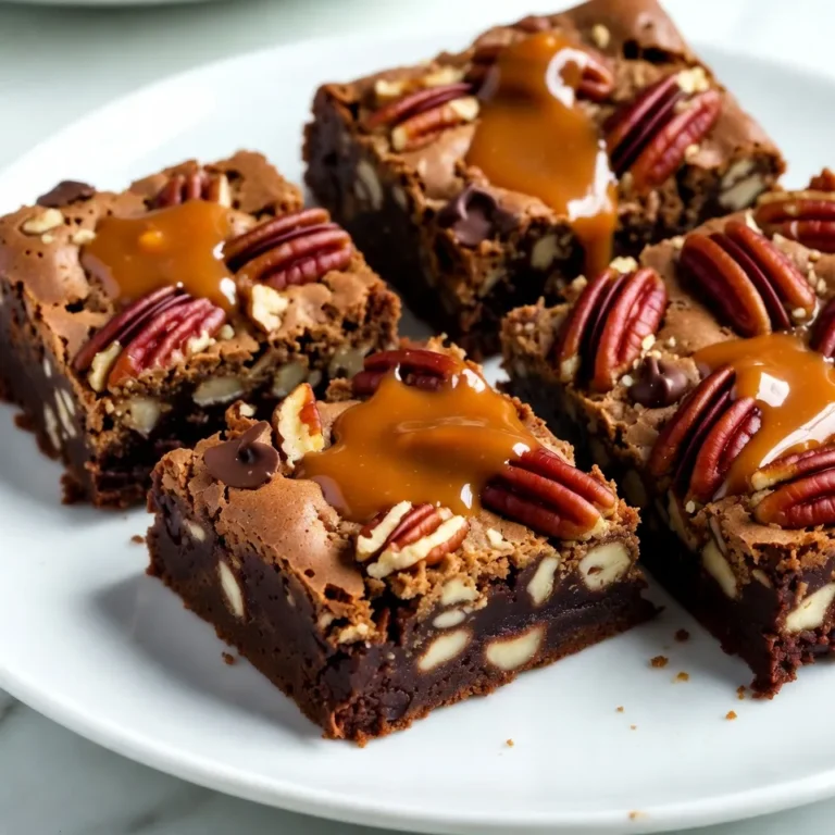 To make Caramel Pecan Turtle Brownies, gather these items: - 1 cup unsalted butter (2 sticks) - 2 cups granulated sugar - 1 cup packed brown sugar - 4 large eggs - 1 teaspoon vanilla extract - 1 ½ cups all-purpose flour - 1 cup cocoa powder - 1 teaspoon baking powder - ½ teaspoon salt - 1 cup chocolate chips - 1 cup chopped pecans - 1 cup caramel sauce (plus extra for drizzling) Using high-quality ingredients makes a big difference. For butter, choose unsalted to control salt levels. Granulated sugar should be pure, ensuring sweetness without extra flavors. Use fresh eggs for the best texture. The cocoa powder needs to be rich and unsweetened. Choose chocolate chips that are semi-sweet or dark for a deep flavor. Fresh pecans add a nice crunch and nutty taste. Finally, pick a smooth caramel sauce for the perfect drizzle. Sometimes you may need to swap ingredients. Here are some great options: - Butter: Use coconut oil or margarine for a dairy-free version. - Granulated Sugar: You can replace it with coconut sugar or a sugar substitute. - Eggs: Use flaxseed meal or applesauce for an egg-free option. - All-Purpose Flour: Use almond flour or gluten-free flour blends for gluten-free brownies. - Chocolate Chips: Swap with white chocolate or butterscotch chips for different flavors. - Caramel Sauce: Make your own by melting sugar and cream for a homemade touch. These swaps keep your brownies tasty and enjoyable! {{ingredient_image_2}} First, preheat your oven to 350°F (175°C). Grab a 9x13-inch baking pan. Grease it and line it with parchment paper. Let the paper hang over the edges. This helps lift the brownies out later. Next, melt 1 cup of unsalted butter in a medium saucepan over low heat. Once the butter is melted, take it off the heat. Mix in 2 cups of granulated sugar and 1 cup of packed brown sugar. Stir until it looks smooth. Let this mixture cool for a few minutes. It should feel warm, not hot. Now, add 4 large eggs, one at a time. Whisk well after each egg. Finally, stir in 1 teaspoon of vanilla extract until it is creamy. In a separate bowl, sift together 1 ½ cups of all-purpose flour, 1 cup of cocoa powder, 1 teaspoon of baking powder, and ½ teaspoon of salt. Slowly add this dry mix to the wet ingredients. Stir just until mixed—don’t overmix! Now, fold in 1 cup of chocolate chips and 1 cup of chopped pecans. Make sure they are spread evenly throughout the batter. Pour half of the brownie batter into the prepared pan. Use a spatula to spread it evenly. Drizzle half of the caramel sauce (1 cup) over this layer. Carefully spoon the rest of the brownie batter on top. Spread it evenly, then drizzle the remaining caramel sauce on top. Use a knife or skewer to swirl the caramel into the batter. This adds a pretty design. Place the pan in the oven and bake for 30-35 minutes. To check if they are done, insert a toothpick into the center. It should come out with a few moist crumbs, not wet batter. Once baked, take the brownies out of the oven. Let them cool in the pan for about 15-20 minutes. Then, lift them out using the parchment paper. Transfer them to a wire rack to cool completely. After cooling, cut the brownies into squares. To make them extra special, drizzle some extra caramel sauce on top. You can also sprinkle some chopped pecans for a nice touch. Enjoy your delicious caramel pecan turtle brownies! To make the best brownies, start with fresh ingredients. Use room temperature eggs for a smoother mix. Melt the butter slowly to avoid burning. Mix the butter with sugar until it’s well combined. This helps create a nice texture. When adding the dry ingredients, mix just until they are blended. Overmixing can make brownies tough. To get a beautiful caramel swirl, drizzle the caramel sauce evenly over the batter. Use a knife or skewer to gently swirl it in. Don’t mix it too much; you want those lovely ribbons. This method gives you pockets of sweet caramel in every bite. You can also use store-bought caramel sauce for ease. A few common mistakes can ruin your brownies. First, don’t skip the parchment paper. It helps with easy removal. Next, make sure your oven is preheated. If it’s not hot enough, brownies may bake unevenly. Also, avoid opening the oven door too early. This can cause them to sink. Finally, let the brownies cool completely before cutting. This keeps them from falling apart. Pro Tips Use Room Temperature Ingredients: Allow your eggs and butter to come to room temperature before mixing. This helps to create a smoother batter and ensures even baking. Don’t Overmix: When combining the dry and wet ingredients, mix just until they are combined. Overmixing can lead to dense brownies. Check for Doneness: To avoid overbaking, start checking your brownies a few minutes before the suggested baking time. They should have a few moist crumbs on the toothpick for the perfect fudgy texture. Enhance the Flavor: For a richer taste, try using dark chocolate chips instead of semi-sweet, or add a pinch of espresso powder to intensify the chocolate flavor. {{image_4}} You can mix things up with different nuts or chocolates. Instead of pecans, try walnuts or almonds. Each nut adds its unique flavor and texture. You can also swap chocolate chips for white chocolate or even butterscotch chips. This change adds a fun twist to your brownies. Experimenting with different nuts or chocolates can lead to new favorites. If you need a gluten-free option, it’s easy to adapt this recipe. Just replace all-purpose flour with a gluten-free flour blend. Make sure the blend you choose works well for baking. This way, you can enjoy the same great taste without the gluten. Always check if your other ingredients are gluten-free, too. You can enhance the flavor with different sauces. Instead of caramel sauce, try chocolate hazelnut spread for a rich, nutty taste. A sprinkle of sea salt on top can balance the sweetness nicely. If you want a fruity twist, add a raspberry or strawberry sauce. These easy changes can make your brownies even more delightful! To keep your caramel pecan turtle brownies fresh, store them in an airtight container. Make sure they cool completely before sealing. This helps prevent sogginess. Place a piece of parchment paper between layers to avoid sticking. You can store them at room temperature for up to five days. If you want to enjoy them longer, consider freezing. Freezing brownies is easy and a great way to save them. First, cut them into squares. Wrap each square in plastic wrap to protect them. Then, place the wrapped squares in a freezer bag. Label the bag with the date. You can freeze them for up to three months. When you crave a brownie, take out a square and let it thaw at room temperature. Check your brownies for changes. If they smell off or have visible mold, it’s time to toss them. A dry texture is another sign they may be past their prime. If they taste stale, don’t eat them. Always trust your senses. Keep your brownies safe and delicious! To make brownies fudgier, use less flour. Start with 1 cup and see how it goes. You can also add an extra egg. This adds moisture and richness. Another trick is to melt the butter and sugars together. This helps create a dense texture. Lastly, do not overbake them. Check for moist crumbs, not dry ones. Yes, you can use dark chocolate instead of cocoa powder. Just melt it down before mixing it in. Use about 1 cup of dark chocolate. Make sure to reduce the butter slightly, as dark chocolate has fat. This keeps your brownies rich and tasty. Remember, dark chocolate will change the flavor, making it deeper and more intense. If your brownies come out dry, check the baking time first. If you baked them too long, they will lose moisture. Next time, try to reduce the flour or add an extra egg. You can also drizzle some caramel sauce over the top. This adds moisture and flavor. Lastly, store any leftovers in an airtight container to keep them soft. This blog post covered all you need for perfect brownies. We explored key ingredients, quality tips, and common substitutes. I shared step-by-step instructions to guide you through preparation and baking. You learned helpful tips to avoid mistakes and variations to try. Lastly, we discussed how to store brownies for freshness. Use this guide to create delicious treats, impress friends, and enjoy every bite. Happy baking!