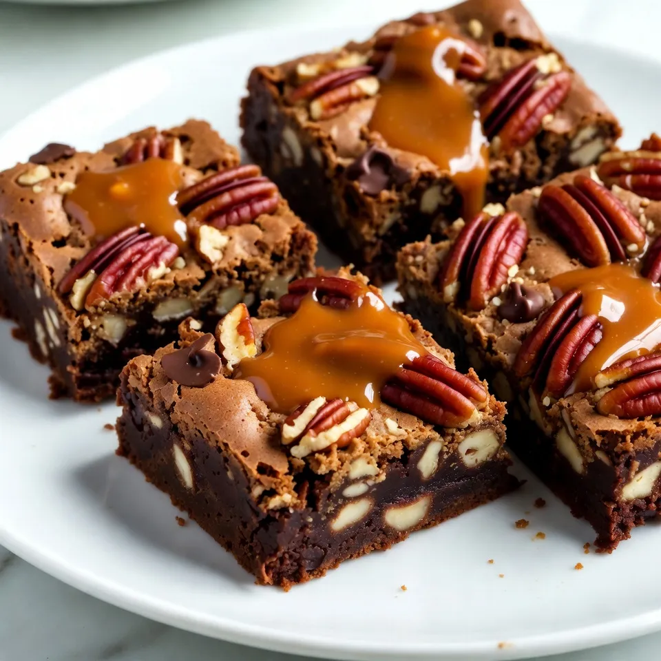 To make Caramel Pecan Turtle Brownies, gather these items: - 1 cup unsalted butter (2 sticks) - 2 cups granulated sugar - 1 cup packed brown sugar - 4 large eggs - 1 teaspoon vanilla extract - 1 ½ cups all-purpose flour - 1 cup cocoa powder - 1 teaspoon baking powder - ½ teaspoon salt - 1 cup chocolate chips - 1 cup chopped pecans - 1 cup caramel sauce (plus extra for drizzling) Using high-quality ingredients makes a big difference. For butter, choose unsalted to control salt levels. Granulated sugar should be pure, ensuring sweetness without extra flavors. Use fresh eggs for the best texture. The cocoa powder needs to be rich and unsweetened. Choose chocolate chips that are semi-sweet or dark for a deep flavor. Fresh pecans add a nice crunch and nutty taste. Finally, pick a smooth caramel sauce for the perfect drizzle. Sometimes you may need to swap ingredients. Here are some great options: - Butter: Use coconut oil or margarine for a dairy-free version. - Granulated Sugar: You can replace it with coconut sugar or a sugar substitute. - Eggs: Use flaxseed meal or applesauce for an egg-free option. - All-Purpose Flour: Use almond flour or gluten-free flour blends for gluten-free brownies. - Chocolate Chips: Swap with white chocolate or butterscotch chips for different flavors. - Caramel Sauce: Make your own by melting sugar and cream for a homemade touch. These swaps keep your brownies tasty and enjoyable! {{ingredient_image_2}} First, preheat your oven to 350°F (175°C). Grab a 9x13-inch baking pan. Grease it and line it with parchment paper. Let the paper hang over the edges. This helps lift the brownies out later. Next, melt 1 cup of unsalted butter in a medium saucepan over low heat. Once the butter is melted, take it off the heat. Mix in 2 cups of granulated sugar and 1 cup of packed brown sugar. Stir until it looks smooth. Let this mixture cool for a few minutes. It should feel warm, not hot. Now, add 4 large eggs, one at a time. Whisk well after each egg. Finally, stir in 1 teaspoon of vanilla extract until it is creamy. In a separate bowl, sift together 1 ½ cups of all-purpose flour, 1 cup of cocoa powder, 1 teaspoon of baking powder, and ½ teaspoon of salt. Slowly add this dry mix to the wet ingredients. Stir just until mixed—don’t overmix! Now, fold in 1 cup of chocolate chips and 1 cup of chopped pecans. Make sure they are spread evenly throughout the batter. Pour half of the brownie batter into the prepared pan. Use a spatula to spread it evenly. Drizzle half of the caramel sauce (1 cup) over this layer. Carefully spoon the rest of the brownie batter on top. Spread it evenly, then drizzle the remaining caramel sauce on top. Use a knife or skewer to swirl the caramel into the batter. This adds a pretty design. Place the pan in the oven and bake for 30-35 minutes. To check if they are done, insert a toothpick into the center. It should come out with a few moist crumbs, not wet batter. Once baked, take the brownies out of the oven. Let them cool in the pan for about 15-20 minutes. Then, lift them out using the parchment paper. Transfer them to a wire rack to cool completely. After cooling, cut the brownies into squares. To make them extra special, drizzle some extra caramel sauce on top. You can also sprinkle some chopped pecans for a nice touch. Enjoy your delicious caramel pecan turtle brownies! To make the best brownies, start with fresh ingredients. Use room temperature eggs for a smoother mix. Melt the butter slowly to avoid burning. Mix the butter with sugar until it’s well combined. This helps create a nice texture. When adding the dry ingredients, mix just until they are blended. Overmixing can make brownies tough. To get a beautiful caramel swirl, drizzle the caramel sauce evenly over the batter. Use a knife or skewer to gently swirl it in. Don’t mix it too much; you want those lovely ribbons. This method gives you pockets of sweet caramel in every bite. You can also use store-bought caramel sauce for ease. A few common mistakes can ruin your brownies. First, don’t skip the parchment paper. It helps with easy removal. Next, make sure your oven is preheated. If it’s not hot enough, brownies may bake unevenly. Also, avoid opening the oven door too early. This can cause them to sink. Finally, let the brownies cool completely before cutting. This keeps them from falling apart. Pro Tips Use Room Temperature Ingredients: Allow your eggs and butter to come to room temperature before mixing. This helps to create a smoother batter and ensures even baking. Don’t Overmix: When combining the dry and wet ingredients, mix just until they are combined. Overmixing can lead to dense brownies. Check for Doneness: To avoid overbaking, start checking your brownies a few minutes before the suggested baking time. They should have a few moist crumbs on the toothpick for the perfect fudgy texture. Enhance the Flavor: For a richer taste, try using dark chocolate chips instead of semi-sweet, or add a pinch of espresso powder to intensify the chocolate flavor. {{image_4}} You can mix things up with different nuts or chocolates. Instead of pecans, try walnuts or almonds. Each nut adds its unique flavor and texture. You can also swap chocolate chips for white chocolate or even butterscotch chips. This change adds a fun twist to your brownies. Experimenting with different nuts or chocolates can lead to new favorites. If you need a gluten-free option, it’s easy to adapt this recipe. Just replace all-purpose flour with a gluten-free flour blend. Make sure the blend you choose works well for baking. This way, you can enjoy the same great taste without the gluten. Always check if your other ingredients are gluten-free, too. You can enhance the flavor with different sauces. Instead of caramel sauce, try chocolate hazelnut spread for a rich, nutty taste. A sprinkle of sea salt on top can balance the sweetness nicely. If you want a fruity twist, add a raspberry or strawberry sauce. These easy changes can make your brownies even more delightful! To keep your caramel pecan turtle brownies fresh, store them in an airtight container. Make sure they cool completely before sealing. This helps prevent sogginess. Place a piece of parchment paper between layers to avoid sticking. You can store them at room temperature for up to five days. If you want to enjoy them longer, consider freezing. Freezing brownies is easy and a great way to save them. First, cut them into squares. Wrap each square in plastic wrap to protect them. Then, place the wrapped squares in a freezer bag. Label the bag with the date. You can freeze them for up to three months. When you crave a brownie, take out a square and let it thaw at room temperature. Check your brownies for changes. If they smell off or have visible mold, it’s time to toss them. A dry texture is another sign they may be past their prime. If they taste stale, don’t eat them. Always trust your senses. Keep your brownies safe and delicious! To make brownies fudgier, use less flour. Start with 1 cup and see how it goes. You can also add an extra egg. This adds moisture and richness. Another trick is to melt the butter and sugars together. This helps create a dense texture. Lastly, do not overbake them. Check for moist crumbs, not dry ones. Yes, you can use dark chocolate instead of cocoa powder. Just melt it down before mixing it in. Use about 1 cup of dark chocolate. Make sure to reduce the butter slightly, as dark chocolate has fat. This keeps your brownies rich and tasty. Remember, dark chocolate will change the flavor, making it deeper and more intense. If your brownies come out dry, check the baking time first. If you baked them too long, they will lose moisture. Next time, try to reduce the flour or add an extra egg. You can also drizzle some caramel sauce over the top. This adds moisture and flavor. Lastly, store any leftovers in an airtight container to keep them soft. This blog post covered all you need for perfect brownies. We explored key ingredients, quality tips, and common substitutes. I shared step-by-step instructions to guide you through preparation and baking. You learned helpful tips to avoid mistakes and variations to try. Lastly, we discussed how to store brownies for freshness. Use this guide to create delicious treats, impress friends, and enjoy every bite. Happy baking!