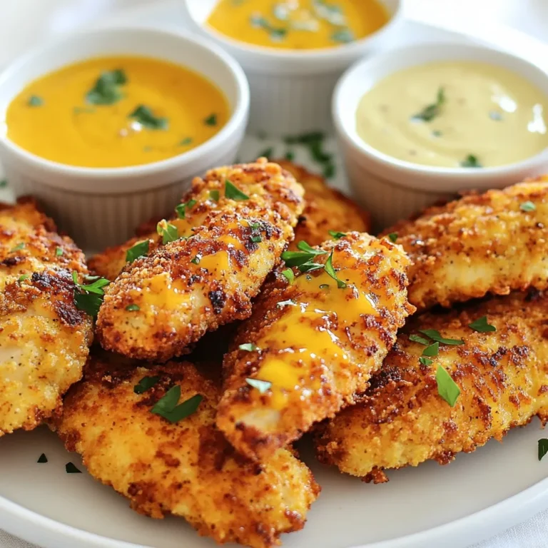 - 1 pound chicken tenderloins - 1 cup buttermilk - 1 teaspoon garlic powder - 1 teaspoon onion powder - 1 teaspoon smoked paprika - 1 teaspoon kosher salt - 1/2 teaspoon freshly cracked black pepper - 1 cup all-purpose flour - 1 cup panko breadcrumbs - Cooking spray or olive oil spray To make crispy air fryer chicken tenders, you need fresh chicken tenderloins. They are juicy and perfect for frying. Buttermilk is key for a tender and flavorful chicken. The spices add depth. Garlic powder and onion powder bring savory notes. Smoked paprika gives a nice kick and color. Kosher salt enhances all the flavors, while black pepper adds a slight heat. For the breading, all-purpose flour creates a base layer. Panko breadcrumbs add extra crunch. This makes the tenders crispy on the outside but soft inside. - Air fryer - Mixing bowls - Shallow dishes for breading An air fryer is essential for this recipe. It cooks the chicken quickly and evenly. You will also need mixing bowls to prepare the marinade. Shallow dishes make breading easier and cleaner. Using the right tools helps simplify the cooking process. With everything prepped, you can focus on making these crispy chicken tenders perfect for your family. {{ingredient_image_2}} Start by whisking together the buttermilk, garlic powder, onion powder, smoked paprika, kosher salt, and black pepper in a large bowl. Make sure everything is mixed well. Marinating is key to great flavor. I recommend marinating the chicken for at least one hour. For even better taste, let it sit overnight. Set up your breading station with two shallow dishes. Pour flour in one dish and panko breadcrumbs in the other. This setup helps keep things neat. Next, take the chicken from the marinade, letting extra liquid drip off. Dip each tender into the flour first. Press gently to coat it well, then shake off any excess flour. Now, return the floured chicken to the buttermilk. This step helps the panko stick better. Roll each tender in the panko breadcrumbs, pressing to make sure they stick. You want a nice, thick layer for the best crunch. Before you start cooking, preheat the air fryer to 400°F (200°C) for about five minutes. This step ensures even cooking. Lightly spray the air fryer basket with cooking spray. Place the chicken tenders in a single layer. Make sure they aren’t touching each other. After you arrange the tenders, spray the tops lightly with cooking spray or olive oil. This gives them a golden color when cooked. Cook the chicken tenders for 10 to 12 minutes. Flip them halfway through to ensure they brown evenly. The chicken should be golden brown and reach an internal temperature of 165°F (75°C). To get the best crunch on your chicken tenders, use panko breadcrumbs. These are lighter and crispier than regular breadcrumbs. They create a great texture that everyone loves. A light misting of cooking spray or olive oil spray helps, too. This adds some moisture and encourages browning. Marinating overnight gives the chicken a deeper flavor. The longer you let it soak, the better it tastes. Make sure you coat each piece well. This ensures every bite is packed with flavor. For a fun presentation, serve your chicken tenders on a rustic wooden platter. You can also use a bright colored plate to make the dish pop. Pair the tenders with dips like honey mustard, ranch dressing, or BBQ sauce. A sprinkle of fresh parsley or chives adds a nice touch, too. Pro Tips Marinate Longer for Flavor: For the best flavor, marinate the chicken tenders overnight. This allows the spices to penetrate deeply into the meat, resulting in a more flavorful bite. Use Panko for Extra Crunch: Panko breadcrumbs create a lighter and crunchier coating compared to regular breadcrumbs. Don’t skip this step for that satisfying crunch! Don't Overcrowd the Basket: Cook the chicken tenders in a single layer without overlapping. Overcrowding can lead to uneven cooking and less crispiness. Check Temperature for Safety: Always use a meat thermometer to ensure the internal temperature of the chicken reaches 165°F (75°C) for safe consumption. {{image_4}} You can easily boost the flavor of your chicken tenders. Here are some ideas: - Additional spices for a kick: Try adding cayenne pepper or chili powder for heat. You can also mix in some Italian seasoning for a herby twist. - Marinating alternatives: Swap buttermilk for yogurt to add tang. Lemon juice can brighten the flavor, too. If you have dietary needs, don’t worry! You can make these tenders fit your diet: - Gluten-free options: Use gluten-free flour and breadcrumbs. They still taste great and stay crispy! - Substitutions for dairy-free: Use almond or coconut milk instead of buttermilk. There are dairy-free yogurt options, too. If you want to try different cooking methods, here are a few: - Oven-baking instructions: Preheat your oven to 425°F (220°C). Place the breaded tenders on a baking sheet. Bake for 15-20 minutes, flipping halfway. - Pan-frying method: Heat oil in a skillet over medium heat. Add the tenders in batches and cook for 5-7 minutes on each side. To keep your chicken tenders fresh, place them in an airtight container. Refrigerate them right away. They stay tasty for about 3 days. Make sure they cool down before sealing. This helps avoid moisture build-up. When reheating, the goal is to keep the crispiness. Use the air fryer or oven for this. Preheat the air fryer to 375°F. Heat for about 5 to 7 minutes. This method keeps the outside crunchy while warming the inside. You can also use a regular oven at 375°F for 10 minutes. Avoid the microwave, as it makes them soggy. You can freeze chicken tenders before or after cooking. If you freeze them raw, make sure to marinate first. Place them in a single layer on a baking sheet. Freeze until firm, then transfer to a freezer bag. This prevents them from sticking together. If you freeze cooked tenders, let them cool completely first. Store them in an airtight container or freezer bag. They will last about 2 to 3 months in the freezer. To thaw, place them in the fridge overnight. For quick thawing, use the microwave on defrost. After thawing, reheat using the air fryer for best results. This keeps them crispy and delicious. To check if chicken tenders are done, you need to measure the internal temperature. Use a meat thermometer. The safe temperature is 165°F (75°C). This ensures the chicken is fully cooked. You can also look for visual cues. The chicken should be golden brown. The juices should run clear when you cut into them. If there’s any pink, it needs more time. Yes, you can use frozen chicken tenders! However, you need to adjust the cooking time. Frozen tenders will take longer to cook. Add about 5 to 7 extra minutes to your cooking time. Always check the internal temperature to be sure they are safe to eat. Chicken tenders taste great with many dips. Some popular options include honey mustard, ranch dressing, and BBQ sauce. These add flavor to every bite. You can use store-bought sauces for convenience. If you want to make your own, try mixing mayo with hot sauce for a spicy dip. Homemade dips can be fun and fresh! This guide covered all the steps to make great chicken tenders. You learned about ingredients, marinating, and cooking methods. We explored tips for crispiness and serving ideas. Variations showed how to customize flavors and meet dietary needs. Lastly, you discovered how to store and reheat leftovers. Enjoy making delicious chicken tenders that friends and family will love. With this knowledge, you can create a tasty dish every time. Start cooking and enjoy your meal!