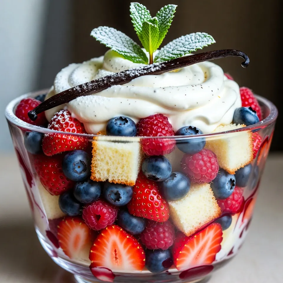 To make a delicious Summer Berry Trifle, you need: - 2 cups mixed berries (strawberries, blueberries, raspberries) - 1 cup heavy whipping cream - 1/2 cup powdered sugar - 1 teaspoon pure vanilla extract - 1 cup vanilla sponge cake, cut into small cubes - 1 cup creamy vanilla yogurt - Fresh mint leaves for garnish If you need substitutes, here are some great options: - Heavy whipping cream: Use coconut cream for a dairy-free version. - Powdered sugar: You can use granulated sugar, but it may not dissolve as easily. - Vanilla sponge cake: Any light cake or ladyfingers will work well. - Vanilla yogurt: You can use plain yogurt and add a little vanilla extract for flavor. Choosing the right berries is key for a great trifle. Here’s how to pick the best: - Color: Look for bright, vibrant colors. This means they are ripe and flavorful. - Freshness: Berries should feel firm and plump. Avoid any that are mushy or have spots. - Smell: Fresh berries should have a sweet scent. If they don’t smell good, they may not taste good either. - Season: Buy berries in season for the best flavor. Summer is the prime time for strawberries, blueberries, and raspberries. {{ingredient_image_2}} First, take a large bowl. Add 1 cup of heavy whipping cream, 1/2 cup of powdered sugar, and 1 teaspoon of pure vanilla extract. Use an electric mixer to beat the mixture. Set it to medium-high speed. Keep mixing until stiff peaks form, about 3 to 5 minutes. This means the cream should hold its shape well. Get your trifle bowl or a large, clear glass dish. Start with a layer of vanilla sponge cake cubes. Spread them evenly at the bottom. Next, take a spoon and spread 1 cup of vanilla yogurt over the cake. Make sure to cover it fully. Now, grab your mixed berries. Sprinkle them evenly over the yogurt. This is where it gets colorful! Then, take half of the whipped cream mixture. Spoon it over the berries, using a spatula to smooth it out. Repeat this layering process. Start again with sponge cake, then yogurt, more berries, and finally top it with the remaining whipped cream. Cover the trifle with plastic wrap. Place it in the refrigerator for at least 2 hours. This helps the flavors blend and the cake soak up some moisture. When you’re ready to serve, take it out of the fridge. Garnish the top with fresh mint leaves and some extra berries. This makes it look beautiful and fresh! Enjoy this delightful treat! To make the best whipped cream, start with cold tools. Chill your mixing bowl and beaters in the fridge for 10 minutes. Use heavy whipping cream for a rich texture. Add powdered sugar for sweetness and vanilla for flavor. Beat on medium-high speed for 3-5 minutes until stiff peaks form. Watch closely; over-mixing can lead to butter. Layering is key for a great trifle. Start with a solid base of sponge cake cubes. Press them down gently, but don’t compact them too much. Follow with a smooth layer of yogurt. Make sure to cover the cake completely. Then, sprinkle berries evenly for color and taste. Finish with whipped cream, smoothing it out for a nice look. Repeat these layers for a stunning trifle. Yes, you can prepare this trifle in advance. Assemble it up to 24 hours before serving. Just cover it with plastic wrap and chill in the fridge. This allows flavors to blend well. However, don’t add mint or extra berries until just before serving. This keeps them fresh and vibrant on top. Pro Tips Freshness Matters: Use fresh, ripe berries for the best flavor. If possible, buy them the same day you plan to serve the trifle for optimal taste and texture. Layering Technique: To achieve a visually appealing trifle, layer the ingredients carefully and evenly. This creates a stunning display of colors and textures that enhances the dessert's presentation. Chilling Time: Allow the trifle to chill for at least 2 hours, but if you can, let it sit overnight. This gives the flavors time to meld and the sponge to soak up moisture, enhancing the overall taste. Garnish for Style: Just before serving, add a sprinkle of extra berries and fresh mint leaves on top. This not only adds a pop of color but also enhances the aroma and freshness of the dessert. {{image_4}} You can switch the berries for other fruits. Try peaches, mangoes, or blackberries. Each fruit brings its own flavor. For a tropical twist, add pineapple chunks or kiwi slices. Mix and match your favorite fruits. This keeps your trifle fresh and fun! If you want a change from vanilla cake, use pound cake or angel food cake. Both options work well in a trifle. You can even use chocolate cake for a richer taste. Gluten-free cake is also a great choice for those with dietary needs. For a dairy-free version, use coconut cream instead of heavy cream. It whips up nicely and adds a subtle coconut flavor. Instead of yogurt, use dairy-free yogurt made from almond or soy milk. These swaps keep the trifle creamy and delicious without dairy. To store leftover trifle, cover it tightly with plastic wrap. This keeps the dessert fresh and prevents it from absorbing other fridge odors. Place the trifle in the fridge. It’s best to eat it within two days for the best taste and texture. The different parts of the trifle each have a shelf life. The whipped cream lasts about two days in the fridge. The sponge cake can stay fresh for up to four days. Mixed berries are best eaten within three days. Yogurt usually lasts about a week, so keep that in mind. Freezing trifle is not ideal. The cream and yogurt can change texture when thawed. If you want to freeze it, keep the layers separate. Freeze the sponge cake and berries in airtight bags. When ready to serve, assemble the trifle fresh with the newly made whipped cream. Yes, you can make Summer Berry Trifle a day ahead. This dessert benefits from sitting in the fridge. It lets the flavors mix well. Just prepare the layers and chill it overnight. The sponge cake absorbs moisture, making it even better. The best berries for a trifle are strawberries, blueberries, and raspberries. These fruits add color and flavor. Strawberries give a sweet taste, while blueberries add a slight tartness. Raspberries bring a bold flavor that stands out. You can also use blackberries or other seasonal berries for variety. This recipe yields about 6 to 8 servings. It depends on how big you scoop the portions. If you serve it in smaller cups, you might get more servings. The trifle is perfect for sharing at parties or family gatherings. With the right ingredients and easy steps, you can create a delicious Summer Berry Trifle. You learned how to pick the best berries and substitute when needed. I shared tips for making perfect whipped cream and layering your trifle just right. Remember, you can make this treat ahead or mix up the fruits for fun. Enjoy every layer and flavor. This dessert is a crowd-pleaser that brings joy. So gather your ingredients and get started on this sweet delight!