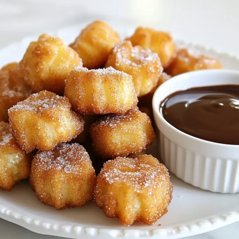 - 1 cup angel food cake mix - 1/2 cup water - 1/4 cup vegetable oil - 1 teaspoon vanilla extract - 1/2 cup granulated sugar - 1 teaspoon ground cinnamon - Oil for frying - Chocolate or caramel sauce for dipping (optional) For angel food cake mix, I recommend Duncan Hines or Pillsbury. Both brands create a light cake mix that works perfectly. If you want to avoid commercial mixes, consider making your own from scratch using egg whites, sugar, and cake flour. For vegetable oil, use Canola oil or Sunflower oil as they both fry well. For a healthier option, try coconut oil for a unique taste. You will need a few key tools for this recipe: - A mixing bowl for combining ingredients - A whisk or spatula for mixing - A piping bag or zip bag for easy batter transfer - A deep fryer or a large skillet for frying - A slotted spoon to remove churro bites from hot oil - A shallow dish for mixing cinnamon sugar Having these tools on hand makes the process smooth and fun! {{ingredient_image_2}} First, grab a clean mixing bowl. Combine 1 cup of angel food cake mix, 1/2 cup of water, 1/4 cup of vegetable oil, and 1 teaspoon of vanilla extract. Whisk or stir the mix well. Keep stirring until it is smooth and free of lumps. This step is key for a light batter. Next, heat the oil in a deep fryer or a large skillet over medium heat. Aim for a temperature of 350°F (175°C). Make sure to use enough oil to fully cover the churro bites. This helps them cook evenly and get that perfect golden color. While the oil heats, prepare for frying. Transfer the batter to a piping bag with a round tip. If you don’t have a piping bag, use a sturdy zip bag and snip one corner. Carefully pipe small pieces of batter into the hot oil. Aim for 1 to 2 inches long. Fry them in small batches, so they don’t overcrowd the pan. Cook each batch for about 2-3 minutes, turning them halfway through for even cooking. Once they turn golden brown, take them out with a slotted spoon. Let the churro bites drain on paper towels. While they’re still warm, roll them in a mix of 1/2 cup granulated sugar and 1 teaspoon ground cinnamon. Make sure they’re completely coated in the sweet mix. Serve them hot with chocolate or caramel sauce for dipping. Enjoy! To fry your churro bites well, aim for 350°F (175°C). Use a thermometer for accuracy. If the oil is too cool, your bites will soak up too much oil. If too hot, they will burn. Always test a small piece of batter first. This helps check if the oil is ready. Using the right method is key to a fluffy texture. Mix the angel food cake mix and water gently. Over-mixing can lead to a dense batter. Whisk until smooth but do not beat too hard. The air bubbles help make them light and airy. One common mistake is overcrowding the pan. Fry in small batches to ensure even cooking. Also, make sure to cut the batter into small pieces. Larger pieces can cook unevenly. Lastly, roll the bites in cinnamon sugar while warm for best flavor. Pro Tips Temperature Check: Use a kitchen thermometer to ensure the oil is at the right temperature (350°F) for perfectly crisp churro bites. Batch Frying: Fry the churro bites in small batches to maintain oil temperature and achieve an even golden brown color. Coating Technique: Roll churro bites in cinnamon sugar while they are still warm to ensure the sugar adheres well for optimal flavor. Flavor Variations: Experiment with different flavored extracts, like almond or orange, in the batter for unique churro bites. {{image_4}} You can change the flavor of your churro bites easily. Try adding spices like nutmeg or cardamom to the sugar mix. This adds warmth and depth. You might also infuse the batter with lemon or orange zest. This gives a fresh, bright flavor. For a chocolate twist, mix cocoa powder into the batter. This creates a rich and indulgent treat. You can even add extracts like almond or coconut for fun variations. Each twist will make your churro bites unique and exciting. Making vegan angel food churro bites is simple. Replace the egg in the cake mix with a flax egg. To make a flax egg, mix 1 tablespoon of ground flaxseed with 2.5 tablespoons of water. Let it sit for a few minutes until it thickens. Use plant-based milk instead of water in the batter. Also, ensure your sugar is vegan. Some sugar brands use bone char in processing. Finally, use vegetable oil for frying. This way, you enjoy a delicious dessert that fits your diet. If you need gluten-free churro bites, swap the angel food cake mix with a gluten-free blend. Look for a mix that uses rice flour or almond flour. These options provide a great texture. Check the labels to ensure no hidden gluten ingredients. You can also add a little extra baking powder for a fluffier bite. Frying remains the same. Enjoy your gluten-free version just as much as the classic recipe. With these changes, everyone can savor these tasty treats. To keep your angel food churro bites fresh, let them cool completely. Once cool, place them in an airtight container. This helps prevent them from becoming soggy. Store at room temperature for up to two days. If you want them to last longer, the fridge is an option, but they may lose some crispness. When you're ready to enjoy your leftovers, you can reheat them. Preheat your oven to 350°F (175°C). Place the churro bites on a baking sheet. Heat for about 5-10 minutes. This method helps restore some of their original crunch. You can also use an air fryer for quick reheating, just for 3-5 minutes. Avoid the microwave, as it makes them chewy. If you want to freeze your churro bites, make sure they are completely cool. Place them in a single layer on a baking sheet and freeze until solid. After that, transfer them to a freezer-safe bag or container. They can stay in the freezer for up to three months. To enjoy, let them thaw in the fridge overnight. Reheat as mentioned above for the best texture. You will know your churro bites are done when they turn golden brown. This usually takes about 2-3 minutes. You should also check if they float to the top of the oil. If they do, they are likely done. Turn them halfway through cooking for even color. Yes, you can use a churro maker if you have one. Just prepare the batter as stated in the recipe. Follow the maker's instructions for frying or baking. This tool can make the process easier and faster. The best dipping sauces are chocolate and caramel sauces. They add a sweet touch to the churro bites. You can also try warm vanilla sauce or even a fruit sauce. Each one offers a tasty twist. To make the batter without eggs, just use the angel food cake mix and water. This recipe does not require eggs, so you can follow it as is. The mix already has the necessary ingredients to create a fluffy texture. In this post, we explored the ingredients, tools, and steps to make Angel Food Churro Bites. We discussed tips for frying them just right and shared fun variations. You now know how to store and reheat these treats, plus answers to common questions. Enjoy your churro-making journey! With the right methods and creativity, you’ll make tasty bites everyone will love. Happy cooking!