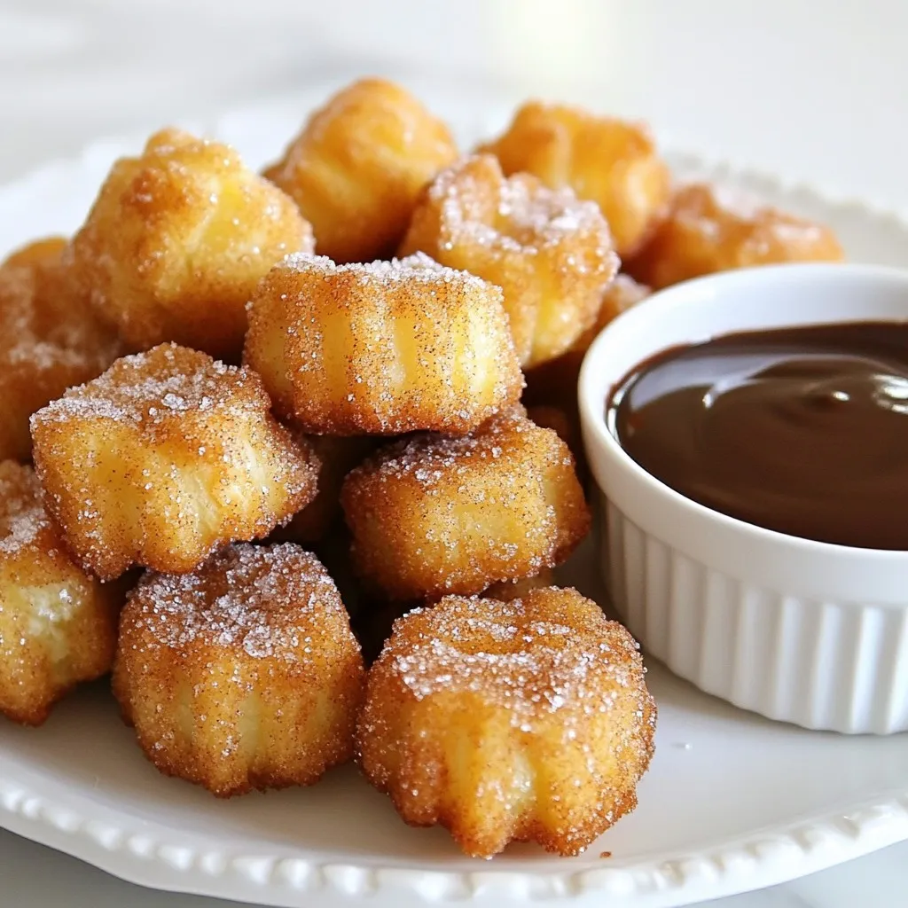 - 1 cup angel food cake mix - 1/2 cup water - 1/4 cup vegetable oil - 1 teaspoon vanilla extract - 1/2 cup granulated sugar - 1 teaspoon ground cinnamon - Oil for frying - Chocolate or caramel sauce for dipping (optional) For angel food cake mix, I recommend Duncan Hines or Pillsbury. Both brands create a light cake mix that works perfectly. If you want to avoid commercial mixes, consider making your own from scratch using egg whites, sugar, and cake flour. For vegetable oil, use Canola oil or Sunflower oil as they both fry well. For a healthier option, try coconut oil for a unique taste. You will need a few key tools for this recipe: - A mixing bowl for combining ingredients - A whisk or spatula for mixing - A piping bag or zip bag for easy batter transfer - A deep fryer or a large skillet for frying - A slotted spoon to remove churro bites from hot oil - A shallow dish for mixing cinnamon sugar Having these tools on hand makes the process smooth and fun! {{ingredient_image_2}} First, grab a clean mixing bowl. Combine 1 cup of angel food cake mix, 1/2 cup of water, 1/4 cup of vegetable oil, and 1 teaspoon of vanilla extract. Whisk or stir the mix well. Keep stirring until it is smooth and free of lumps. This step is key for a light batter. Next, heat the oil in a deep fryer or a large skillet over medium heat. Aim for a temperature of 350°F (175°C). Make sure to use enough oil to fully cover the churro bites. This helps them cook evenly and get that perfect golden color. While the oil heats, prepare for frying. Transfer the batter to a piping bag with a round tip. If you don’t have a piping bag, use a sturdy zip bag and snip one corner. Carefully pipe small pieces of batter into the hot oil. Aim for 1 to 2 inches long. Fry them in small batches, so they don’t overcrowd the pan. Cook each batch for about 2-3 minutes, turning them halfway through for even cooking. Once they turn golden brown, take them out with a slotted spoon. Let the churro bites drain on paper towels. While they’re still warm, roll them in a mix of 1/2 cup granulated sugar and 1 teaspoon ground cinnamon. Make sure they’re completely coated in the sweet mix. Serve them hot with chocolate or caramel sauce for dipping. Enjoy! To fry your churro bites well, aim for 350°F (175°C). Use a thermometer for accuracy. If the oil is too cool, your bites will soak up too much oil. If too hot, they will burn. Always test a small piece of batter first. This helps check if the oil is ready. Using the right method is key to a fluffy texture. Mix the angel food cake mix and water gently. Over-mixing can lead to a dense batter. Whisk until smooth but do not beat too hard. The air bubbles help make them light and airy. One common mistake is overcrowding the pan. Fry in small batches to ensure even cooking. Also, make sure to cut the batter into small pieces. Larger pieces can cook unevenly. Lastly, roll the bites in cinnamon sugar while warm for best flavor. Pro Tips Temperature Check: Use a kitchen thermometer to ensure the oil is at the right temperature (350°F) for perfectly crisp churro bites. Batch Frying: Fry the churro bites in small batches to maintain oil temperature and achieve an even golden brown color. Coating Technique: Roll churro bites in cinnamon sugar while they are still warm to ensure the sugar adheres well for optimal flavor. Flavor Variations: Experiment with different flavored extracts, like almond or orange, in the batter for unique churro bites. {{image_4}} You can change the flavor of your churro bites easily. Try adding spices like nutmeg or cardamom to the sugar mix. This adds warmth and depth. You might also infuse the batter with lemon or orange zest. This gives a fresh, bright flavor. For a chocolate twist, mix cocoa powder into the batter. This creates a rich and indulgent treat. You can even add extracts like almond or coconut for fun variations. Each twist will make your churro bites unique and exciting. Making vegan angel food churro bites is simple. Replace the egg in the cake mix with a flax egg. To make a flax egg, mix 1 tablespoon of ground flaxseed with 2.5 tablespoons of water. Let it sit for a few minutes until it thickens. Use plant-based milk instead of water in the batter. Also, ensure your sugar is vegan. Some sugar brands use bone char in processing. Finally, use vegetable oil for frying. This way, you enjoy a delicious dessert that fits your diet. If you need gluten-free churro bites, swap the angel food cake mix with a gluten-free blend. Look for a mix that uses rice flour or almond flour. These options provide a great texture. Check the labels to ensure no hidden gluten ingredients. You can also add a little extra baking powder for a fluffier bite. Frying remains the same. Enjoy your gluten-free version just as much as the classic recipe. With these changes, everyone can savor these tasty treats. To keep your angel food churro bites fresh, let them cool completely. Once cool, place them in an airtight container. This helps prevent them from becoming soggy. Store at room temperature for up to two days. If you want them to last longer, the fridge is an option, but they may lose some crispness. When you're ready to enjoy your leftovers, you can reheat them. Preheat your oven to 350°F (175°C). Place the churro bites on a baking sheet. Heat for about 5-10 minutes. This method helps restore some of their original crunch. You can also use an air fryer for quick reheating, just for 3-5 minutes. Avoid the microwave, as it makes them chewy. If you want to freeze your churro bites, make sure they are completely cool. Place them in a single layer on a baking sheet and freeze until solid. After that, transfer them to a freezer-safe bag or container. They can stay in the freezer for up to three months. To enjoy, let them thaw in the fridge overnight. Reheat as mentioned above for the best texture. You will know your churro bites are done when they turn golden brown. This usually takes about 2-3 minutes. You should also check if they float to the top of the oil. If they do, they are likely done. Turn them halfway through cooking for even color. Yes, you can use a churro maker if you have one. Just prepare the batter as stated in the recipe. Follow the maker's instructions for frying or baking. This tool can make the process easier and faster. The best dipping sauces are chocolate and caramel sauces. They add a sweet touch to the churro bites. You can also try warm vanilla sauce or even a fruit sauce. Each one offers a tasty twist. To make the batter without eggs, just use the angel food cake mix and water. This recipe does not require eggs, so you can follow it as is. The mix already has the necessary ingredients to create a fluffy texture. In this post, we explored the ingredients, tools, and steps to make Angel Food Churro Bites. We discussed tips for frying them just right and shared fun variations. You now know how to store and reheat these treats, plus answers to common questions. Enjoy your churro-making journey! With the right methods and creativity, you’ll make tasty bites everyone will love. Happy cooking!