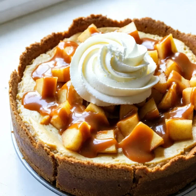- 1 ½ cups graham cracker crumbs - ½ cup unsalted butter, melted - 2 tablespoons light brown sugar - 16 oz cream cheese, softened - ¾ cup granulated sugar - 3 large eggs - 1 teaspoon pure vanilla extract - 2 cups diced apples (Granny Smith recommended) - ½ teaspoon ground cinnamon - 1 cup salted caramel sauce - Whipped cream for topping - Additional salted caramel for drizzling To make a great salted caramel apple cheesecake, you need simple and fresh ingredients. First, the graham cracker crumbs create a tasty crust. I mix these with melted butter and light brown sugar for a rich flavor. The cream cheese is the star of the filling. It gives the cheesecake its smooth texture. I use three large eggs to help it set well. The pure vanilla extract adds a lovely warmth. For apples, I highly suggest Granny Smith. Their tartness balances the sweet caramel. A hint of ground cinnamon enhances the flavor, making it cozy and inviting. The salted caramel sauce is crucial. You can buy it or make your own. I love drizzling more caramel on top before serving. Whipped cream is optional, but it looks great and tastes amazing. Now that you know the ingredients, you can gather them and get ready to bake! {{ingredient_image_2}} Start by preheating your oven to 325°F (160°C). This step is key for even baking. Next, grab a 9-inch springform pan. Lightly grease the sides with cooking spray or butter. This will help the cheesecake come out easily later. In a medium bowl, mix 1 ½ cups of graham cracker crumbs, ½ cup of melted unsalted butter, and 2 tablespoons of light brown sugar. Combine until it looks like wet sand. Press this mixture firmly into the bottom of the springform pan. Make sure it’s even and packed tight. This crust will hold your cheesecake together. In a large bowl, beat 16 oz of softened cream cheese. Use an electric mixer on medium speed for about 2-3 minutes. It should be smooth and creamy. Gradually add ¾ cup of granulated sugar and mix until fluffy. Then, add 3 large eggs, one at a time. Mix on low speed after each one, just until blended. Finally, stir in 1 teaspoon of pure vanilla extract. Be careful not to overmix! Fold in 2 cups of peeled and diced apples and ½ teaspoon of ground cinnamon. Use a spatula to mix gently. Pour the cheesecake batter over the crust in the springform pan. Smooth the top with a spatula. Bake in the oven for about 55-60 minutes. The center should be set, but still slightly jiggly when you shake it gently. Once it’s done baking, turn off the oven. Prop the door open slightly. Let the cheesecake cool in the oven for about 1 hour. This helps prevent cracks. After that, take it out and let it cool to room temperature on a wire rack. Once cooled, cover and refrigerate it for at least 4 hours or overnight. This chilling time is crucial for the best taste and texture. When you’re ready to serve, drizzle with salted caramel sauce and add whipped cream if you like! For this cheesecake, I suggest using Granny Smith apples. They are tart and pair well with sweet flavors. Their firm texture holds up nicely during baking, too. You can also try Honeycrisp or Fuji apples for a sweeter taste. Remember, the right apples make a big difference in flavor. To avoid cracks, follow these steps: - Bake at a low temperature of 325°F (160°C). - Cool the cheesecake slowly in the oven after baking. This helps it set without sudden changes in temperature. - Use room temperature ingredients. Cold cream cheese and eggs can cause lumps and cracks. - Don’t overmix the batter. Mix just until smooth and combined. These tips help create a creamy, smooth cheesecake without cracks. When serving, let the cheesecake sit at room temperature for 15 minutes. This makes it easier to slice. Use a warm knife for clean cuts. Dip the knife in hot water, then wipe it dry before slicing. For presentation, drizzle extra salted caramel sauce over each slice. Top with whipped cream for a lovely look. You can also add a sprinkle of cinnamon or some diced apple for color and texture. This makes your cheesecake a true delight on any table! Pro Tips Use Room Temperature Ingredients: Make sure your cream cheese and eggs are at room temperature before mixing. This helps create a smooth and creamy cheesecake without lumps. Choose the Right Apples: Granny Smith apples are recommended for their tartness which balances the sweetness of the caramel and cheesecake. Feel free to mix in other apple varieties for added flavor. Prevent Cracking: Gradually cooling the cheesecake in the oven helps prevent cracks. After baking, turn off the oven and leave the door ajar for an hour before transferring it to a wire rack. Chill Overnight: For the best texture and flavor, allow your cheesecake to chill in the refrigerator for at least 4 hours, but overnight is ideal for a perfect set. {{image_4}} You can use many types of apples in this cheesecake. Granny Smith apples add a tart bite. Honeycrisp apples give a sweet and crisp taste. Fuji apples are sweet and juicy, perfect for dessert. If you want a mix, try combining different apples. The blend of flavors will make your cheesecake even better. While graham cracker crust is classic, you can switch it up. Use crushed Oreos for a chocolatey twist. Almond flour mixed with butter creates a gluten-free option. A shortbread crust adds a rich flavor. Each crust brings its own style, so choose one that excites you. Adding spices can elevate your cheesecake. Consider nutmeg or ginger for extra warmth. You might add a pinch of cloves for a cozy touch. For toppings, try crushed nuts or chocolate shavings. Drizzling chocolate sauce can make it even more decadent. Experiment with flavors and toppings that fit your taste! You should store your cheesecake in the fridge. Always keep it in an airtight container. This keeps it fresh and tasty. The cheesecake lasts for about five days. If you plan to keep it longer, consider freezing it. To freeze the cheesecake, let it cool first. Wrap it well in plastic wrap and then in foil. This method prevents freezer burn. You can freeze it for up to three months. When ready to eat, thaw it in the fridge overnight. You don’t need to reheat cheesecake. It tastes best chilled. When serving, drizzle more salted caramel on top. Add a dollop of whipped cream for extra flavor. You can also sprinkle some cinnamon for a nice touch. Enjoy each bite of this delightful treat! Yes, you can use any caramel sauce you like. Store-bought options work well. Homemade caramel adds a personal touch. For a twist, try butterscotch sauce. Just remember to keep it salted for that perfect balance. Each sauce will change the flavor slightly. Experiment to find your favorite! You can store the cheesecake in the fridge for about five days. Keep it covered to prevent drying out. Place it in an airtight container or cover with plastic wrap. If you want it to last longer, consider freezing it. Just remember to thaw it in the fridge overnight before serving. If you need a cream cheese substitute, use Greek yogurt or mascarpone. These options keep the texture creamy. You can also use ricotta cheese, but blend it well for smoothness. Each substitute will slightly change the flavor, so choose what you like best. Absolutely! Making the cheesecake a day or two ahead is a great idea. It allows the flavors to meld and improves the texture. Just remember to chill it properly. This makes serving easier and lets you enjoy your time with guests. You now know how to make a delicious apple cheesecake from scratch. We covered the ingredients, step-by-step instructions, and useful tips. Remember to choose fresh apples and avoid cracks for the best results. Feel free to try different crusts or toppings that make it your own. Store leftovers in the fridge or freeze them for later. This cheesecake is a crowd-pleaser, perfect for any occasion. Enjoy your baking and impress your family or friends with this tasty treat. You have the skills to make something special!