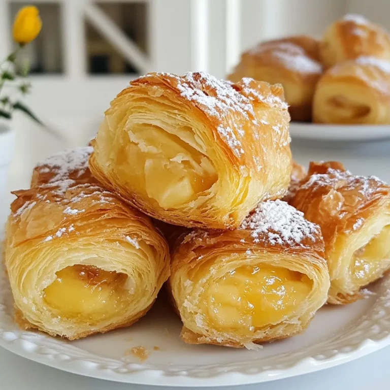 - 2 cups all-purpose flour - 1/2 cup granulated sugar - 1/2 teaspoon salt - 1 packet (2 1/4 teaspoons) active dry yeast - 1/2 cup warm milk (about 110°F or 45°C) - 1/4 cup unsalted butter, melted - 1 large egg - 1/2 teaspoon vanilla extract To start, you need all-purpose flour and sugar. These are the base for a soft dough. Next, active dry yeast and warm milk work together to make the dough rise. You also need eggs and butter to add richness and flavor. - 1/4 cup almond paste or Nutella (for filling) - 1/4 cup raspberry jam (for filling) - Powdered sugar (for dusting) For a tasty filling, choose almond paste or Nutella. Both add a sweet, creamy texture. Raspberry jam gives a fruity burst. You can dust the tops with powdered sugar for a nice finish. - Mixing bowls and rolling pin - Muffin tin and baking sheet - Sharp knife or pizza cutter To make cruffins, you need some tools. Mixing bowls help you combine your ingredients. A rolling pin helps flatten the dough. A muffin tin is key for shaping your cruffins, while a sharp knife or pizza cutter makes slicing easy. With these ingredients and tools, you are ready to make delicious cruffins! {{ingredient_image_2}} To start, activate the yeast with warm milk. Pour 1/2 cup of warm milk into a small bowl. Add one packet of active dry yeast. Let it sit for about 5 to 10 minutes. You want it to get frothy. This shows the yeast is alive and ready. Next, mix the dry ingredients. In a large bowl, whisk together 2 cups of all-purpose flour, 1/2 cup of granulated sugar, and 1/2 teaspoon of salt. This mix will give your cruffins their great taste. Now, knead the dough for texture. Make a well in the dry mix. Pour in the yeast mix, melted butter, one large egg, and 1/2 teaspoon of vanilla extract. Stir with a wooden spoon until a rough dough forms. Transfer this dough to a floured surface. Knead for about 5 to 7 minutes. You want it smooth and elastic. This step helps develop gluten, which gives structure. Now it is time to create layers. Roll out the dough into a large rectangle, about 1/4 inch thick. Spread softened butter over the entire surface. Fold the dough like a book. Bring one side over the other. This folding adds layers for flakiness. Repeat the rolling and folding two more times. Each time you do this, you build more layers. This is what makes your cruffins light and airy. Next, we will fill the strips and shape the cruffins. Use a sharp knife to slice the dough into long strips, about 2 inches wide. On half of the strips, spread almond paste or Nutella. On the other half, spread raspberry jam. Place a jam-covered strip over a Nutella strip. Carefully roll them together. This forms the cruffin shape. Place each rolled cruffin upright in a greased muffin tin. Cover the tin with a cloth and let them rise for 30 minutes. Preheat your oven to 375°F (190°C) during this time. Bake the cruffins for 20 to 25 minutes. Look for a golden brown color. Once baked, brush the tops with melted butter. This adds richness. Dust with powdered sugar for a sweet finish. Enjoy them warm or at room temperature! To know when your dough has risen, look for size. It should double in size. You can also poke it gently with a finger. If it springs back, it's ready. If it stays indented, let it rise longer. For kneading, use the heel of your hand. Push down and away. Fold the dough over and repeat. Knead for about 5-7 minutes. The dough should feel smooth and elastic. This builds a good texture. You can try many fillings. Almond paste and Nutella are popular, but think outside the box! Consider cream cheese with berries or peanut butter with chocolate. The flavor combinations are endless. Mix up flavors too. Try lemon curd with blueberry jam or spiced apples with cinnamon. Each filling adds a unique twist to your cruffins. To ensure even baking, rotate the muffin tin halfway through. This helps all the cruffins bake evenly. Keep an eye on them as they bake. They should turn golden brown. Avoid soggy bottoms by greasing the muffin tin well. Use enough butter or oil. This helps the cruffins lift easily and stay crisp. Pro Tips Activate the Yeast Properly: Ensure your milk is warm, not hot, to activate the yeast without killing it. The ideal temperature is around 110°F (45°C). Layer for Flakiness: When rolling and folding the dough, take your time to ensure even distribution of the butter. This will create those delicious flaky layers. Filling Variations: Feel free to experiment with different fillings! Cream cheese or lemon curd can also provide delightful flavors to your cruffins. Storage Tips: Store leftover cruffins in an airtight container at room temperature for up to 3 days. Reheat in the oven for a few minutes to regain their flakiness. {{image_4}} You can get creative with cruffins. Chocolate cruffins are a hit. Just spread some melted chocolate inside the dough. You can also add chocolate chips for extra goodness. Seasonal fruit fillings also shine. In spring, use fresh strawberries or blueberries. In fall, try pumpkin puree mixed with spices. This makes each bite delightful and fresh. Savory cruffins bring a new twist. Cheese and herb cruffins are a great choice. Mix in sharp cheddar with fresh herbs like rosemary or thyme. This adds a nice savory flavor. If you like heat, try spicy cruffins. Combine jalapeños with cheddar for a kick. These cruffins are perfect for a brunch or snack. You can adapt cruffins for different diets. For gluten-free cruffins, swap all-purpose flour for a gluten-free blend. Make sure the yeast is gluten-free too. For vegan options, replace the egg with a flax egg. Use plant-based butter and a dairy-free filling. Almond butter or fruit preserves work well. These switches keep the cruffins tasty and inclusive. To keep your cruffins fresh, store them in an airtight container. This helps stop them from drying out. If you have filled cruffins, make sure they are fully cooled before storing. For unfilled cruffins, you can store them right after baking. You can keep them at room temperature for up to two days. If you need them to last longer, it's best to freeze them. To warm up cruffins, use an oven instead of a microwave. Preheat the oven to 350°F (175°C). Place the cruffins on a baking sheet and heat for about 5-10 minutes. This helps keep the pastry flaky and crispy. If you use a microwave, wrap the cruffins in a damp paper towel. Heat them for about 15-20 seconds. But, be careful! This can make the pastry soft, not flaky. If you want to freeze cruffins, wrap each one tightly in plastic wrap. Then, place them in a freezer bag or container. This keeps them safe from freezer burn. You can freeze cruffins for up to three months. When you are ready to eat them, take them out and let them thaw in the fridge overnight. After that, you can reheat them as described above. Enjoy your fresh-tasting cruffins any time! Cruffins are a mix of croissants and muffins. They have a flaky, layered dough and a soft center. The word "cruffin" came from blending "croissant" and "muffin." A chef in San Francisco created them in 2013. They are unique because of their shape and texture. Unlike regular muffins, cruffins have layers like croissants. This makes them light and airy, perfect for any time of day. Yes, you can prepare cruffins in advance. The best way is to make the dough and let it rise. Once it rises, shape the cruffins and place them in the muffin tin. Cover the tin with a cloth and chill it in the fridge overnight. In the morning, let them sit at room temperature for about 30 minutes before baking. For storage tips, keep pre-baked cruffins in an airtight container. They stay fresh for about two days. If you want to store them longer, freeze the cruffins. Just wrap them tightly in plastic wrap and place them in a freezer bag. You can fill cruffins with many tasty options. Common fillings include almond paste, Nutella, or raspberry jam. These sweet fillings blend well with the flaky dough. Unique ideas can include cream cheese, lemon curd, or chocolate spread. When pairing flavors, think about contrasts. For example, use sweet jam with nutty fillings. Add fresh fruit like berries for a bright taste. Get creative! Mix and match to find your favorite combos. You can make delicious cruffins at home with simple ingredients and tools. We covered how to prepare the dough, create layers, and fill your cruffins. Your options for fillings are endless, from sweet jams to savory cheeses. Remember to store them properly to enjoy fresh cruffins later. With practice, you will master this fun pastry. Try different flavors, and don’t be afraid to experiment. Enjoy the process, and treat yourself to your tasty creations!