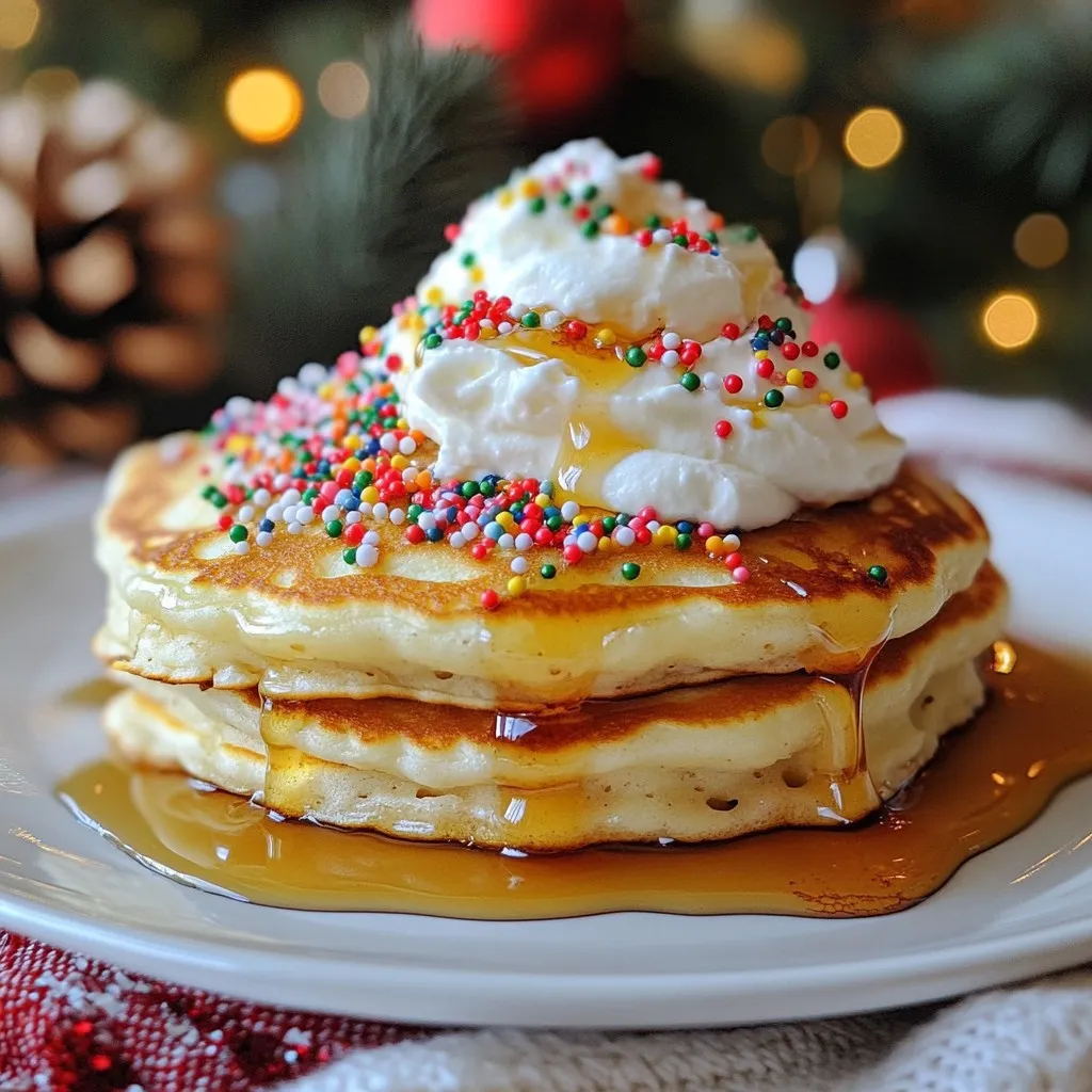 To make these fun pancakes, gather the following ingredients: - 1 cup all-purpose flour - 2 tablespoons granulated sugar - 1 teaspoon baking powder - 1/2 teaspoon baking soda - 1/4 teaspoon fine sea salt - 1 cup buttermilk (or regular milk with 1 tablespoon vinegar added to sour) - 1 large egg - 2 tablespoons unsalted butter, melted - 1 teaspoon pure vanilla extract - 1/2 cup colorful Christmas-themed sprinkles - Additional butter or oil for cooking You can swap some ingredients for others if needed. Here are a few ideas: - Use whole wheat flour instead of all-purpose for a healthier option. - For a dairy-free version, replace buttermilk with almond or oat milk mixed with vinegar. - Coconut oil can replace unsalted butter for a dairy-free option. - If you want a sweeter pancake, add a bit more sugar or use flavored syrups. Once your pancakes are cooked, you can make them even more festive. Here are some great ideas: - Drizzle warm maple syrup over the top. - Add a dollop of whipped cream for extra creaminess. - Sprinkle extra colorful sprinkles for more fun. - Fresh fruit like berries or bananas can add a burst of flavor. - A dusting of powdered sugar can make them look extra special. These options will make your Christmas Confetti Pancakes even more delightful and tasty! {{ingredient_image_2}} Start by gathering your dry ingredients. In a large mixing bowl, add 1 cup of all-purpose flour, 2 tablespoons of granulated sugar, 1 teaspoon of baking powder, 1/2 teaspoon of baking soda, and 1/4 teaspoon of fine sea salt. Use a whisk to mix these together. Make sure there are no lumps. This step is key for fluffy pancakes. Next, take a separate bowl for the wet ingredients. Add 1 cup of buttermilk, or use regular milk with 1 tablespoon of vinegar. Then, crack in 1 large egg. Pour in 2 tablespoons of melted unsalted butter and 1 teaspoon of pure vanilla extract. Whisk until the mixture is smooth and well blended. This adds flavor and moisture to your pancakes. Now, pour the wet mixture into the dry bowl. Use a spatula to gently fold them together. Stop mixing when everything is combined. It’s okay if you see small lumps; overmixing can make your pancakes tough. Carefully fold in 1/2 cup of colorful Christmas-themed sprinkles. This adds a festive touch. Preheat a non-stick skillet or griddle over medium heat. Once it’s hot, add a small pat of butter or a drizzle of oil. Swirl it around to coat the bottom. For each pancake, pour 1/4 cup of batter. Cook until the edges look set and bubbles form on top, about 2-3 minutes. Flip the pancakes carefully using a spatula. Cook the other side for another 2-3 minutes, until golden brown. Repeat with the remaining batter, adding more butter or oil as needed. Serve warm, topped with maple syrup, whipped cream, and extra sprinkles for a festive feast! To get fluffy pancakes, use fresh ingredients. Old baking powder or baking soda can make your pancakes flat. Mix your dry and wet ingredients separately first. This keeps the texture light. When combining them, fold gently. It’s fine to have small lumps; overmixing can lead to tough pancakes. Flipping pancakes can be tricky. Wait until you see bubbles on the surface. The edges should look set. Use a thin spatula to slide under the pancake. Lift it gently and flip. Do not rush; a perfect flip makes the pancake look nice and cook evenly. If you have to cook in batches, keep pancakes warm. Set your oven to 200°F (93°C). Place pancakes on a baking sheet and cover them loosely with foil. This keeps them warm without getting dry. Serve the pancakes fresh with syrup and whipped cream for a festive meal! Pro Tips Use Buttermilk for Extra Tenderness: Buttermilk adds a rich flavor and helps create a fluffier texture. If you don't have buttermilk, the vinegar and regular milk mixture works well too! Don’t Overmix the Batter: It’s okay if there are a few lumps in the batter. Overmixing can lead to tough pancakes, so just mix until combined. Keep Your Skillet at the Right Temperature: Make sure to preheat your skillet and adjust the heat as needed. If the pancakes cook too fast, they may burn on the outside while remaining raw inside. Add Sprinkles Just Before Cooking: For the best color and texture, fold in the sprinkles right before you cook the pancakes to prevent them from bleeding into the batter. {{image_4}} You can use many types of sprinkles for Christmas Confetti Pancakes. Colorful round sprinkles add fun. Try star-shaped sprinkles for a festive touch. Holiday-themed sprinkles come in many shapes, like trees or snowflakes. You can even mix regular sprinkles with edible glitter for a sparkly look. Just remember, the sprinkles should be safe for cooking. They should not melt away too much in the heat. Add chocolate chips for a sweet twist. Dark, milk, or white chocolate chips work well. You can also mix in fruits like blueberries or bananas. They add natural sweetness and flavor. If you love nuts, sprinkle in chopped pecans or walnuts. They give a nice crunch. Just keep the total mix-ins to about half a cup for the best pancake texture. To make gluten-free pancakes, swap all-purpose flour for a gluten-free blend. Look for a mix that works cup-for-cup. For a dairy-free option, use almond or oat milk instead of buttermilk. You can add vinegar to your milk to mimic buttermilk. Use coconut oil instead of butter for cooking. These changes keep the pancakes tasty and light while meeting dietary needs. You can store leftover pancakes in the fridge for up to three days. Place them in an airtight container. Let them cool completely before storing. This helps keep them fresh and tasty. Freezing pancakes is a great way to enjoy them later. Stack the pancakes with parchment paper between each one. Then, wrap them tightly in plastic wrap or foil. Place the wrapped stack in a freezer bag. They can last for up to two months in the freezer. To reheat pancakes, you have a few options. The microwave is quick. Place pancakes on a plate and cover them with a damp paper towel. Heat for 20-30 seconds. For crispy edges, use a skillet. Heat a small amount of butter in the skillet over medium heat. Add pancakes and cook for 1-2 minutes on each side. Enjoy them warm with syrup and sprinkles! Yes, you can make these pancakes ahead. Cook them and let them cool. Then stack them in a container. Place parchment paper between each pancake to avoid sticking. Store them in the fridge for up to three days. If you want to keep them longer, freeze them. Just follow the freezing tips in our storage section. I recommend using all-purpose flour for these pancakes. It gives a nice texture. You can also try whole wheat flour for a healthier option. If you want gluten-free pancakes, use a gluten-free flour blend. This will still give you soft and tasty pancakes. To make your pancakes fluffier, use buttermilk instead of regular milk. It adds a nice tang and helps the pancakes rise. Also, do not overmix the batter. Mix until just combined; lumps are okay. Lastly, let the batter rest for a few minutes before cooking. This gives the baking powder time to activate, making your pancakes light and fluffy. These Christmas Confetti Pancakes bring joy to your table. We reviewed ingredients, step-by-step cooking, and tips for perfect pancakes. You can add sprinkles, fruits, or even go gluten-free. Store extras easily by freezing them for later. Pancake-making is fun and creative. With practice, you can make them even better! Enjoy these festive treats with your family this holiday season.