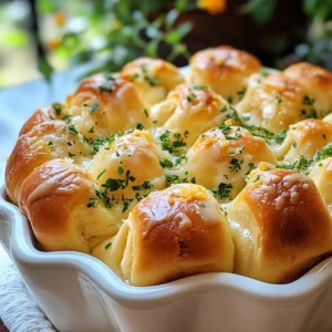 - 3 cups all-purpose flour - 1 packet (2 ¼ teaspoons) instant yeast - 1 teaspoon sugar - 1 teaspoon salt - 1 cup warm water (around 110°F or 45°C) - 3 tablespoons olive oil - 4 cloves garlic, finely minced - ½ cup grated Parmesan cheese - ¼ cup fresh parsley, finely chopped - 1 teaspoon dried Italian herbs (optional) - 2 tablespoons melted butter These ingredients come together to create the softest, most flavorful rolls. The flour is the base, giving the rolls structure. The instant yeast helps the dough rise quickly. A bit of sugar feeds the yeast, while salt adds flavor. Warm water is key; it wakes up the yeast. Olive oil keeps the rolls moist. Garlic brings a robust flavor, while Parmesan cheese adds a rich, salty kick. Fresh parsley gives a pop of color and freshness. If you like Italian flavors, add the dried Italian herbs. Finally, melted butter adds richness and helps the rolls brown beautifully. Each ingredient plays a role in making these rolls simply irresistible. You can adjust the garlic for more or less flavor. Also, feel free to swap in other herbs you enjoy. This recipe is all about personal taste and enjoying the process! {{ingredient_image_2}} To start, pour warm water into a large bowl. Add sugar and sprinkle the instant yeast over the top. Let it sit for about 5 minutes. You will see bubbles and froth forming. This means the yeast is alive and ready. Next, stir in the olive oil and salt. Then, add one cup of flour. Mix until you have a smooth batter. Gradually add the rest of the flour, about ½ cup at a time. Knead the dough for 5-7 minutes. It should feel soft and elastic when you’re done. Now, lightly grease a clean bowl with olive oil. Place the kneaded dough inside. Cover it with a damp cloth and let it rise in a warm spot. This should take about 1 hour or until the dough doubles in size. Once the dough has risen, gently punch it down. This will release any air bubbles. Divide the dough into 12 equal pieces and roll each piece into a smooth ball. In a medium bowl, mix minced garlic, melted butter, grated Parmesan cheese, parsley, and optional dried Italian herbs. Take each dough ball and dip it into this mix. Make sure each ball is well-coated. Arrange the coated dough balls in a greased bundt pan or round cake pan. Stack them to create a nice look. Cover the pan with a cloth and let the rolls rise again for about 30 minutes. Preheat your oven to 375°F (190°C). After the rolls have risen, bake them for 25-30 minutes. They should be golden brown on top. Let them cool in the pan for a few minutes before serving. - Knowing when the dough is ready: Your dough should feel soft and smooth. It should spring back when you poke it. If it feels sticky, add a bit more flour. - Importance of kneading: Kneading helps develop gluten. This gives your rolls a nice structure. Aim to knead for about 5-7 minutes. Don’t rush; it makes a big difference! - Utilizing fresh vs. dried herbs: Fresh herbs give a bright taste. If you use dried herbs, reduce the amount. They are more potent. For garlic, fresh is best. Mince it finely for the most flavor. - Tips for garlic preparation: Crush garlic cloves with a knife. This releases more oils and flavor. Then, mince it finely. You want that strong garlic punch in every bite! - Monitoring baking time: Set a timer for 25 minutes. Check for a golden color. If they aren’t brown, give them a few more minutes. - Recognizing doneness signs: The rolls should sound hollow when tapped. You can also check the internal temperature. It should be around 190°F (88°C). This means they’re done! Pro Tips Yeast Activation: Ensure your water temperature is around 110°F (45°C) to properly activate the yeast without killing it. Too hot or too cold water can affect the dough's rise. Kneading Technique: Knead the dough until it's smooth and elastic. This develops the gluten, which is essential for the bread's structure and texture. Flavor Infusion: For an even more robust flavor, let the garlic and butter mixture sit for 10-15 minutes before coating the dough balls, allowing the garlic to infuse the butter. Serving Suggestion: Serve the rolls warm with a side of marinara sauce or garlic butter for dipping. They’re perfect as an appetizer or a side dish! {{image_4}} To make your garlic Parmesan pull-apart rolls even tastier, try adding herbs. Rosemary or thyme will bring a fresh twist. You can mix them into the dough or sprinkle them on top before baking. Cheese is another great addition. Try using mozzarella or cheddar for a gooey texture. Each cheese will give your rolls a unique flavor. If you need a gluten-free option, you can switch the flour. Use a gluten-free all-purpose blend instead. Make sure it has xanthan gum for the best results. You might need to adjust the yeast and water. Start with less water, as gluten-free flour can absorb more moisture. These rolls pair well with dips. Marinara sauce is a classic choice, but garlic butter is also great. You can serve them with a side salad or soup for a complete meal. Try adding a cheese platter for a fun appetizer spread. The rolls are perfect for sharing! To keep your leftover Garlic Parmesan pull-apart rolls fresh, wrap them tightly in plastic wrap. Place them in an airtight container or a resealable bag. This helps keep them from drying out. Store the rolls in the fridge for up to three days. If you want to save them longer, freezing is a great option. For freezing, let the rolls cool completely first. Then, wrap each roll in plastic wrap, followed by aluminum foil. This double-wrap prevents freezer burn. You can store them in the freezer for up to three months. When you want to enjoy your rolls again, reheating is easy. The best method is to use the oven. Preheat your oven to 350°F (175°C). Place the rolls on a baking sheet and cover them with foil. Heat for about 10-15 minutes, until warmed through. If you prefer the microwave, place a roll on a plate and cover it with a damp paper towel. Heat for about 15-20 seconds. This helps keep the rolls soft and warm. Just be careful not to overheat, or they may become tough. Garlic Parmesan pull-apart rolls stay fresh for about 3 days at room temperature. Store them in an airtight container. In the fridge, they last up to a week. For longer storage, freeze them. Wrap the rolls tightly in plastic wrap, then place them in a freezer bag. They can last up to 3 months in the freezer. Yes, you can make the dough ahead. Prepare the dough and let it rise as directed. After the first rise, punch it down and wrap it tightly. Store it in the fridge for up to 24 hours. When ready, let it sit at room temperature for about 30 minutes before shaping the rolls. This helps the dough rise again. If you don’t have Parmesan cheese, try using Pecorino Romano. It has a similar flavor but is saltier. Another option is to use mozzarella for a milder taste. Nutritional yeast is also a great choice for a dairy-free version. It adds a cheesy flavor without the dairy. Yes, you can use active dry yeast. However, you need to activate it first. Mix it with warm water and sugar and let it sit for about 5-10 minutes. Once it becomes frothy, add it to your dough. Adjust the rising times as active dry yeast may take longer to rise than instant yeast. You now have a clear path for making garlic Parmesan pull-apart rolls. We covered every step from needed ingredients to variations, storage, and reheating advice. Remember, the key is in the dough's texture and baking time. Use fresh herbs for the best taste and enjoy these rolls with your favorite dips. You can make them ahead and store them easily. I hope you feel ready to create this delicious treat and impress your friends and family!