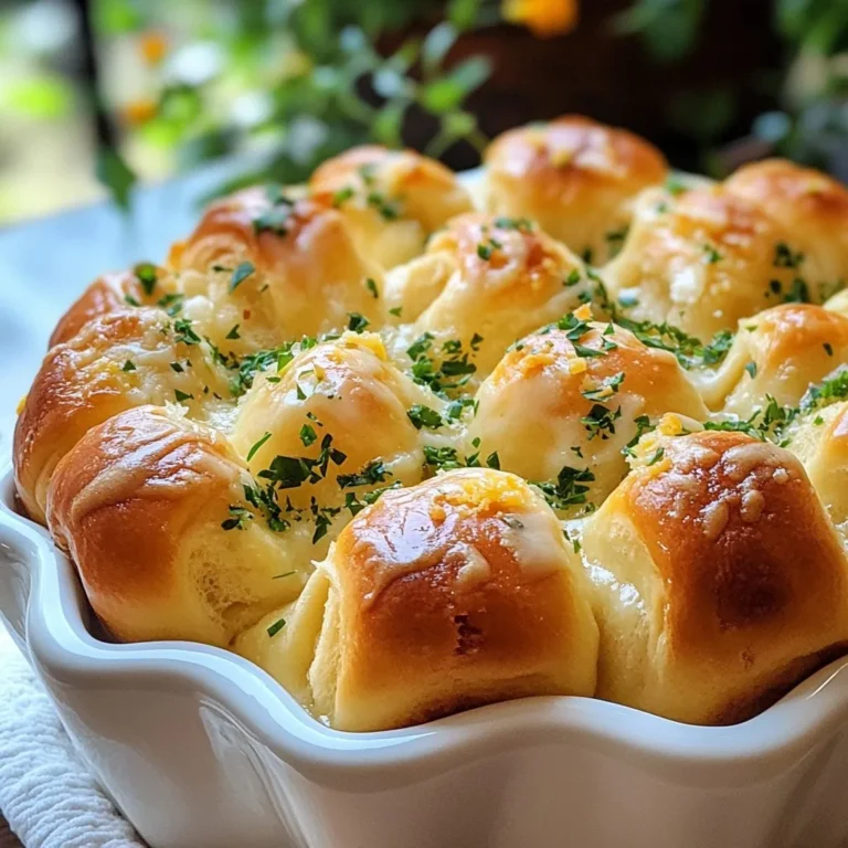 - 3 cups all-purpose flour - 1 packet (2 ¼ teaspoons) instant yeast - 1 teaspoon sugar - 1 teaspoon salt - 1 cup warm water (around 110°F or 45°C) - 3 tablespoons olive oil - 4 cloves garlic, finely minced - ½ cup grated Parmesan cheese - ¼ cup fresh parsley, finely chopped - 1 teaspoon dried Italian herbs (optional) - 2 tablespoons melted butter These ingredients come together to create the softest, most flavorful rolls. The flour is the base, giving the rolls structure. The instant yeast helps the dough rise quickly. A bit of sugar feeds the yeast, while salt adds flavor. Warm water is key; it wakes up the yeast. Olive oil keeps the rolls moist. Garlic brings a robust flavor, while Parmesan cheese adds a rich, salty kick. Fresh parsley gives a pop of color and freshness. If you like Italian flavors, add the dried Italian herbs. Finally, melted butter adds richness and helps the rolls brown beautifully. Each ingredient plays a role in making these rolls simply irresistible. You can adjust the garlic for more or less flavor. Also, feel free to swap in other herbs you enjoy. This recipe is all about personal taste and enjoying the process! {{ingredient_image_2}} To start, pour warm water into a large bowl. Add sugar and sprinkle the instant yeast over the top. Let it sit for about 5 minutes. You will see bubbles and froth forming. This means the yeast is alive and ready. Next, stir in the olive oil and salt. Then, add one cup of flour. Mix until you have a smooth batter. Gradually add the rest of the flour, about ½ cup at a time. Knead the dough for 5-7 minutes. It should feel soft and elastic when you’re done. Now, lightly grease a clean bowl with olive oil. Place the kneaded dough inside. Cover it with a damp cloth and let it rise in a warm spot. This should take about 1 hour or until the dough doubles in size. Once the dough has risen, gently punch it down. This will release any air bubbles. Divide the dough into 12 equal pieces and roll each piece into a smooth ball. In a medium bowl, mix minced garlic, melted butter, grated Parmesan cheese, parsley, and optional dried Italian herbs. Take each dough ball and dip it into this mix. Make sure each ball is well-coated. Arrange the coated dough balls in a greased bundt pan or round cake pan. Stack them to create a nice look. Cover the pan with a cloth and let the rolls rise again for about 30 minutes. Preheat your oven to 375°F (190°C). After the rolls have risen, bake them for 25-30 minutes. They should be golden brown on top. Let them cool in the pan for a few minutes before serving. - Knowing when the dough is ready: Your dough should feel soft and smooth. It should spring back when you poke it. If it feels sticky, add a bit more flour. - Importance of kneading: Kneading helps develop gluten. This gives your rolls a nice structure. Aim to knead for about 5-7 minutes. Don’t rush; it makes a big difference! - Utilizing fresh vs. dried herbs: Fresh herbs give a bright taste. If you use dried herbs, reduce the amount. They are more potent. For garlic, fresh is best. Mince it finely for the most flavor. - Tips for garlic preparation: Crush garlic cloves with a knife. This releases more oils and flavor. Then, mince it finely. You want that strong garlic punch in every bite! - Monitoring baking time: Set a timer for 25 minutes. Check for a golden color. If they aren’t brown, give them a few more minutes. - Recognizing doneness signs: The rolls should sound hollow when tapped. You can also check the internal temperature. It should be around 190°F (88°C). This means they’re done! Pro Tips Yeast Activation: Ensure your water temperature is around 110°F (45°C) to properly activate the yeast without killing it. Too hot or too cold water can affect the dough's rise. Kneading Technique: Knead the dough until it's smooth and elastic. This develops the gluten, which is essential for the bread's structure and texture. Flavor Infusion: For an even more robust flavor, let the garlic and butter mixture sit for 10-15 minutes before coating the dough balls, allowing the garlic to infuse the butter. Serving Suggestion: Serve the rolls warm with a side of marinara sauce or garlic butter for dipping. They’re perfect as an appetizer or a side dish! {{image_4}} To make your garlic Parmesan pull-apart rolls even tastier, try adding herbs. Rosemary or thyme will bring a fresh twist. You can mix them into the dough or sprinkle them on top before baking. Cheese is another great addition. Try using mozzarella or cheddar for a gooey texture. Each cheese will give your rolls a unique flavor. If you need a gluten-free option, you can switch the flour. Use a gluten-free all-purpose blend instead. Make sure it has xanthan gum for the best results. You might need to adjust the yeast and water. Start with less water, as gluten-free flour can absorb more moisture. These rolls pair well with dips. Marinara sauce is a classic choice, but garlic butter is also great. You can serve them with a side salad or soup for a complete meal. Try adding a cheese platter for a fun appetizer spread. The rolls are perfect for sharing! To keep your leftover Garlic Parmesan pull-apart rolls fresh, wrap them tightly in plastic wrap. Place them in an airtight container or a resealable bag. This helps keep them from drying out. Store the rolls in the fridge for up to three days. If you want to save them longer, freezing is a great option. For freezing, let the rolls cool completely first. Then, wrap each roll in plastic wrap, followed by aluminum foil. This double-wrap prevents freezer burn. You can store them in the freezer for up to three months. When you want to enjoy your rolls again, reheating is easy. The best method is to use the oven. Preheat your oven to 350°F (175°C). Place the rolls on a baking sheet and cover them with foil. Heat for about 10-15 minutes, until warmed through. If you prefer the microwave, place a roll on a plate and cover it with a damp paper towel. Heat for about 15-20 seconds. This helps keep the rolls soft and warm. Just be careful not to overheat, or they may become tough. Garlic Parmesan pull-apart rolls stay fresh for about 3 days at room temperature. Store them in an airtight container. In the fridge, they last up to a week. For longer storage, freeze them. Wrap the rolls tightly in plastic wrap, then place them in a freezer bag. They can last up to 3 months in the freezer. Yes, you can make the dough ahead. Prepare the dough and let it rise as directed. After the first rise, punch it down and wrap it tightly. Store it in the fridge for up to 24 hours. When ready, let it sit at room temperature for about 30 minutes before shaping the rolls. This helps the dough rise again. If you don’t have Parmesan cheese, try using Pecorino Romano. It has a similar flavor but is saltier. Another option is to use mozzarella for a milder taste. Nutritional yeast is also a great choice for a dairy-free version. It adds a cheesy flavor without the dairy. Yes, you can use active dry yeast. However, you need to activate it first. Mix it with warm water and sugar and let it sit for about 5-10 minutes. Once it becomes frothy, add it to your dough. Adjust the rising times as active dry yeast may take longer to rise than instant yeast. You now have a clear path for making garlic Parmesan pull-apart rolls. We covered every step from needed ingredients to variations, storage, and reheating advice. Remember, the key is in the dough's texture and baking time. Use fresh herbs for the best taste and enjoy these rolls with your favorite dips. You can make them ahead and store them easily. I hope you feel ready to create this delicious treat and impress your friends and family!