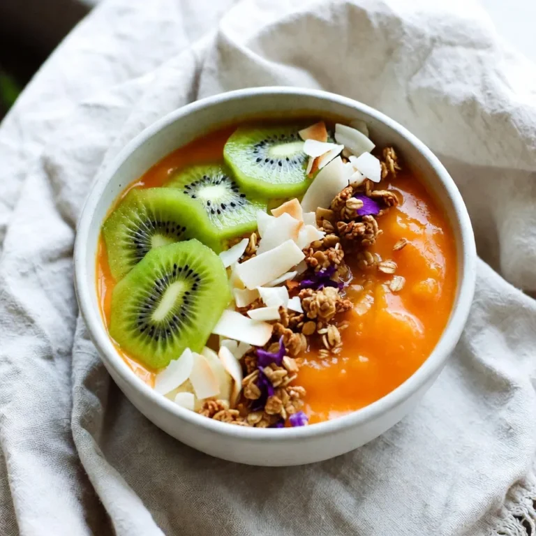 - 2 ripe mangoes, peeled and diced - 1 ripe banana, frozen - ½ cup coconut milk (or substitute with almond milk) - ½ cup Greek yogurt (or plant-based yogurt for a vegan option) - 1 tablespoon honey or agave syrup - 1 tablespoon chia seeds - ¼ teaspoon vanilla extract - Toppings: Sliced kiwi, shredded coconut, granola, and optional edible flowers - Mangoes: These fruits are rich in vitamin C. They help boost your immune system. - Banana: Bananas provide potassium. They also add sweetness and creaminess to the bowl. - Coconut Milk: This milk adds healthy fats. It makes the smoothie rich and smooth. - Greek Yogurt: Greek yogurt is high in protein. It supports muscle health and keeps you full. - Honey or Agave Syrup: Both sweeteners add flavor. They give a natural sweetness without refined sugar. - Chia Seeds: Chia seeds are full of fiber. They help with digestion and keep you satisfied. - Vanilla Extract: This adds a warm flavor. It makes every bite feel special. - For nut allergies, use oat milk instead of coconut or almond milk. - If you are vegan, swap Greek yogurt for plant-based yogurt. - You can replace honey with maple syrup for a vegan sweetener. - If you have a seed allergy, skip chia seeds or use ground flaxseed instead. {{ingredient_image_2}} To start, gather your ingredients. You need ripe mangoes, a frozen banana, coconut milk, Greek yogurt, honey, chia seeds, and vanilla extract. Chop the mangoes into small pieces and peel the banana. Now, put the mango, banana, coconut milk, yogurt, honey, chia seeds, and vanilla in a blender. Blend this mix on high. You want it smooth and creamy. If it is too thick, add a bit more coconut milk. Blend again until it reaches the right consistency. Getting a smooth mix is key. Here are some tips: - Use ripe ingredients. They blend better. - Frozen banana adds creaminess, so don’t skip it. - If it’s too thick, slowly add more coconut milk. - Pause the blender sometimes to scrape the sides. This helps blend all pieces well. - Blend longer if needed. A good mix should feel velvety. Once your smoothie mix is ready, pour it into a bowl. Now comes the fun part: the toppings! Arrange sliced kiwi on top. Sprinkle shredded coconut and crunchy granola for texture. If you like, add edible flowers for a pop of color. This makes the bowl look beautiful and inviting. Grab a spoon and enjoy your tropical treat right away! Choosing the right mango is key. Look for mangoes with a slight give when you squeeze them. They should smell sweet at the stem. The skin can be green, yellow, or red, but ripe mangoes will feel soft. Avoid mangoes with dark spots or wrinkles. These may be overripe. When in doubt, ask the store staff for help. Frozen fruits are great for a smoothie bowl. They make your bowl thick and cold. To use them, just measure and pop them in the blender. You can add frozen bananas for extra creaminess. If you use too many frozen fruits, your mix may be too thick. Add a splash more coconut milk to balance it out. You can boost flavors with simple extras. Try adding fresh lime juice for a zesty kick. A sprinkle of cinnamon can add warmth. For a tropical twist, mix in pineapple or passion fruit. Top your bowl with fresh mint for a refreshing touch. Experiment with different toppings to find your favorite combos. Pro Tips Choose Ripe Mangoes: Ensure your mangoes are perfectly ripe for the sweetest flavor. Look for fruit that gives slightly when pressed and has a fragrant aroma. Frozen Banana Trick: Using a frozen banana not only adds creaminess but also chills your smoothie bowl without the need for ice, maintaining the rich flavor. Customize the Toppings: Feel free to mix and match toppings based on your preferences or seasonal availability. Fresh berries, nuts, or seeds can add extra nutrition and crunch! Texture Adjustment: If your smoothie bowl is too thick, add a splash of coconut milk or water gradually until you achieve your desired consistency for easy spooning. {{image_4}} You can mix mango with many fruits. Try adding pineapple for a sweet touch. Papaya works great too, bringing a soft texture. Use passion fruit for a tangy kick. Blend these fruits in the same way as the mango. The key is to keep the balance of flavors. Make sure the fruits are ripe for the best taste. For a vegan version, swap Greek yogurt for plant-based yogurt. Almond or soy milk is a great choice. You can also skip honey and use agave syrup instead. This keeps your bowl delicious and dairy-free. Just ensure all your ingredients are vegan-friendly. Your smoothie bowl will still be creamy and tasty! Change your toppings with the seasons. In spring, use fresh berries like strawberries or blueberries. In summer, add slices of peaches or cherries. Autumn brings great choices like sliced apples or pears. Winter calls for pomegranate seeds or citrus slices. These seasonal fruits add color and flavor to your bowl. Experiment with toppings to keep it fun! To keep your Tropical Mango Smoothie Bowl fresh, store it in the fridge. Use an airtight container to prevent it from absorbing other smells. It will stay good for about one day. If you add toppings, keep them separate. This way, they stay crisp and fresh. If your smoothie bowl thickens in the fridge, don’t worry! Just add a splash of coconut milk. Stir it well to mix. Blend it again if you want a super-smooth texture. This will bring back its creamy goodness. You can freeze your smoothie bowl for later. Use a freezer-safe container. Pour the mixture in, leaving some space at the top. Smoothies expand when frozen. When you’re ready to eat, thaw it in the fridge overnight. Blend it again if it needs smoothing out. Enjoy your tropical treat anytime! Yes, you can make this smoothie bowl ahead of time. Blend all the ingredients and store them in an airtight container. Keep it in the fridge for up to 24 hours. It tastes best fresh, but it can hold up well for a day. Just remember to stir it before serving. You can use almond milk instead of coconut milk. Other options include oat milk or soy milk. Each milk adds a different flavor. Choose a milk that fits your taste or dietary needs. To make this recipe low-sugar, skip the honey or agave syrup. You can also use ripe fruits for their natural sweetness. Add more frozen banana or mango to enhance the flavor without extra sugar. Chia seeds are tiny but mighty. They are packed with fiber, protein, and omega-3 fatty acids. These seeds can help you feel full longer. They also support heart health. Adding them to your smoothie bowl boosts nutrition. Yes, you can add protein powder to the smoothie bowl. It blends easily and enhances the protein content. Just mix in a scoop while blending. This is great for post-workout meals or if you need extra protein. This blog post covered how to make a tasty smoothie bowl. We started with key ingredients and their health benefits. Next, we walked through each preparation step for smooth results. I shared tips for choosing fruits and enhancing flavors. Then, we explored exciting variations and storage tips. In the end, making a smoothie bowl is simple and fun. Get creative and enjoy your delicious, healthy treat!