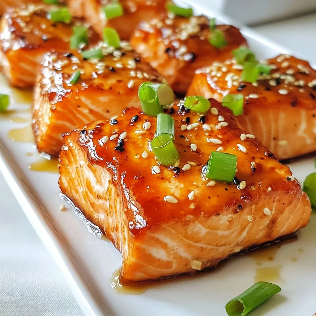 - 1 lb salmon fillet, skinless - 3 tablespoons honey - 2 tablespoons soy sauce - 2 cloves garlic - 1 teaspoon fresh ginger - 1 tablespoon sesame oil - Red pepper flakes (optional) - Green onions - Sesame seeds - Salt and pepper When making Air Fryer Honey Garlic Salmon Bites, choose fresh, high-quality salmon. The skinless fillet allows the marinade to soak in well. Honey adds sweetness, while soy sauce brings depth. Garlic gives a nice punch, and ginger adds warmth. Sesame oil rounds out the flavors, making each bite rich and satisfying. For those who enjoy a bit of heat, adding red pepper flakes can elevate the dish. They give a spicy kick that balances the sweet and savory notes. For garnishing, green onions and sesame seeds add color and texture. Salt and pepper enhance the natural flavors of the salmon. This simple yet delicious combination makes the dish shine. Make sure to prep all ingredients before starting. It streamlines the cooking process and helps you stay organized. Enjoy this quick and tasty recipe! {{ingredient_image_2}} To start, we need to make the marinade. In a medium bowl, combine these ingredients: - 3 tablespoons honey - 2 tablespoons soy sauce - 2 cloves garlic, finely minced - 1 teaspoon fresh ginger, freshly grated - 1 tablespoon sesame oil Whisk these together until they blend well. Now, add a pinch of red pepper flakes, salt, and pepper to taste. This mix brings sweet, salty, and spicy flavors that make the salmon bites shine. Next, it's time to marinate the salmon. Take 1 pound of skinless salmon fillet and cut it into 1-inch bite-sized pieces. Coat the salmon bites in the marinade. Ensure each piece is fully covered. Cover the bowl and let it sit for at least 15 minutes. If you have extra time, you can let it marinate in the fridge for up to 1 hour. This step infuses the salmon with rich flavors, making every bite delicious. Now, we’re ready to cook! Preheat your air fryer to 400°F (200°C). This step usually takes about 5 minutes. While it heats up, take the marinated salmon bites out of the bowl. Remember to save the marinade for later. Place the salmon bites in the air fryer basket. Arrange them in a single layer, giving them space for even cooking. Cook the salmon for 8-10 minutes. Keep an eye on them. You want them to be cooked through with a lovely golden brown color. This quick cooking method keeps the salmon juicy and tender. - Marinate the salmon for at least 15 minutes. If you have time, let it sit for up to 1 hour. This helps the salmon absorb all the flavors. - Always use fresh ingredients. Fresh garlic and ginger make a huge difference in taste. - Space the salmon pieces well in the basket. This allows hot air to circulate and cook each piece evenly. - Check if the salmon is done by using a fork. It should flake easily and look opaque. - Serve the salmon bites with lime wedges. A squeeze of lime adds a fresh zing. - For a great presentation, plate the salmon on a platter lined with parchment paper. Scatter sesame seeds on top for a nice look. Pro Tips Marinate for Maximum Flavor: Allow the salmon bites to marinate for at least 15 minutes, but ideally up to an hour in the refrigerator for a deeper flavor infusion. Check for Doneness: The salmon is perfectly cooked when it flakes easily with a fork and has a golden brown exterior. Keep an eye on it to avoid overcooking. Customize the Heat: Adjust the amount of red pepper flakes based on your spice preference. You can also add sriracha or chili oil for an extra kick. Presentation Matters: Serve the salmon bites on a beautiful platter and garnish with fresh green onions and sesame seeds for an appealing look. {{image_4}} You can change up the fish you use. Try trout or cod instead of salmon. Each fish adds its own taste. Also, if you want a new flavor, swap honey for maple syrup. This switch gives a rich, different sweetness. Want more heat? Add extra red pepper flakes to the marinade. This small change makes a big difference in taste. You can also use chili garlic sauce for even more flavor. It gives a nice kick that many love. These salmon bites pair well with many sides. Serve them with steamed vegetables for a healthy meal. You can also have them with rice or quinoa. Both options make the meal complete and filling. Enjoy them as a simple yet delicious dinner. To store your honey garlic salmon bites, first let them cool. Place them in an airtight container. Store them in the fridge for up to three days. If you want to keep them longer, freezing works well. Wrap the bites tightly in plastic wrap, then place them in a freezer bag. They can last up to three months in the freezer. You can reheat salmon bites in the air fryer or oven. For the air fryer, set it to 350°F (175°C). Heat the bites for about 5-6 minutes. This keeps them crispy. If using the oven, preheat to 350°F (175°C), and bake for about 10 minutes. To avoid drying out the salmon, cover it with foil during reheating. This traps moisture, keeping the salmon juicy. Homemade salmon bites last about three days in the fridge. Always check for signs of spoilage. Look for a sour smell or a slimy texture. If either is present, it’s best to toss them out. Keeping an eye on your leftovers helps ensure safety and quality. Yes, you can use frozen salmon. First, you should thaw it before cooking. Place the salmon in the fridge overnight for safe thawing. If you need to thaw it faster, put the salmon in a sealed bag and submerge it in cold water. Change the water every 30 minutes until it is thawed. After thawing, pat it dry with a paper towel. This step helps the marinade stick better. If you need a soy sauce substitute, you have options. Tamari is a great gluten-free choice. Coconut aminos work too and add a hint of sweetness. For a low-sodium option, look for reduced-sodium soy sauce. If you want a unique flavor, try miso paste mixed with water. Each of these options can fit different dietary needs while keeping the taste delicious. To check if the salmon is done, look for its color and texture. The salmon should be opaque and easy to flake with a fork. If it looks shiny and translucent, it needs more time. Typically, cooking salmon bites for 8-10 minutes at 400°F is perfect. If you have a meat thermometer, aim for an internal temperature of 145°F. This ensures the salmon is safe to eat and perfectly cooked. This recipe shows how to make flavorful air-fried salmon bites. You learned to create a tasty marinade and how to prep the salmon. Remember, a longer marination time boosts flavor. You can also change ingredients for variety, like using trout or maple syrup. Proper storage and reheating keep your leftovers tasty and safe. Enjoy these bites as part of a healthy meal. Happy cooking!