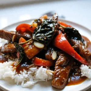 - 1 pound beef flank steak - 2-3 Thai bird's eye chilies - 1 cup fresh Thai basil leaves For this dish, I love using beef flank steak. It has a great texture and flavor. Thinly slice it against the grain for the best results. The Thai bird's eye chilies bring a nice kick. You can adjust the amount based on your spice level. Fresh Thai basil leaves are a must. They add an aromatic sweetness that makes the dish pop. - 1 tablespoon soy sauce - 1 tablespoon oyster sauce - 1 tablespoon fish sauce - 1 tablespoon brown sugar For the sauce, mix soy sauce, oyster sauce, fish sauce, and brown sugar. This blend creates a balance of salty, sweet, and umami flavors. Make sure to whisk it together until the brown sugar dissolves. - 1 red bell pepper - 1 cup jasmine rice for serving You can add red bell pepper for a splash of color and crunch. It pairs well with the beef. Serving this dish over jasmine rice makes it hearty and satisfying. The rice also helps balance the spicy flavors. {{ingredient_image_2}} - Rinse the jasmine rice under cold water until it runs clear. - In a medium pot, add the rinsed rice and 2 cups of water. - Bring the pot to a boil over high heat. - Once boiling, lower the heat and cover the pot. - Let it simmer for about 15 minutes until the water is absorbed. - Remove from heat and keep covered for 5 more minutes. - Fluff the rice with a fork before serving. - In a small bowl, mix soy sauce, oyster sauce, fish sauce, and brown sugar. - Whisk until the sugar dissolves completely. - Set this sauce aside for later. - Heat vegetable oil in a large skillet over medium-high heat. - Add minced garlic and sliced chilies. Sauté for 30 seconds. - Next, add the thinly sliced beef. Stir-fry for 3-5 minutes until browned. - Then, add the red bell pepper. Stir-fry for another 2 minutes. - Pour the prepared sauce over the beef and peppers in the skillet. - Stir well to coat everything evenly. - Cook for another minute to let the sauce thicken. - Remove the skillet from heat and fold in fresh Thai basil leaves. - Allow the basil to wilt in the warm dish. - Serve the Spicy Thai Basil Beef over the jasmine rice for a tasty meal. To achieve the perfect beef texture, slice the flank steak thinly. Always cut against the grain. This way, the meat stays tender as you cook it. To control spice levels, use fewer Thai bird's eye chilies. If you want it milder, remove the seeds. For more heat, add an extra chili or two. If you can’t find Thai basil, use regular basil. The taste is slightly different but still nice. You can also try mint for a refreshing twist. For other vegetable options, consider adding snow peas or green beans. These veggies add color and crunch to your dish. Serve spicy Thai basil beef with jasmine rice. This rice soaks up the sauce well and balances the spice. For presentation, use a large white plate. Place the beef on top of the rice and sprinkle with extra basil. This makes your dish look vibrant and inviting. Pro Tips Choose the Right Cut: Flank steak is great for stir-frying due to its flavor and tenderness when sliced thinly. Ensure you cut against the grain for the best texture. Control the Heat: Adjust the number of Thai bird's eye chilies based on your heat preference. Start with fewer and add more if you like it spicier. Keep it Fresh: For the best flavor, add the Thai basil at the end of cooking. This keeps its vibrant flavor and beautiful color intact. Perfect Rice Every Time: Rinse the jasmine rice well to remove excess starch, which prevents it from becoming gummy and helps achieve fluffy grains. {{image_4}} To make this dish gluten-free, swap regular soy sauce for gluten-free soy sauce. You can also use tamari for a rich flavor. For a vegetarian version, replace the beef with tofu or mushrooms. Both options soak up the flavors well. You can boost the flavor by adding more spices. Try crushed red pepper for extra heat or a pinch of cumin for warmth. If you want to mix proteins, shrimp or chicken work great. They cook quickly and match the sauce nicely. Mix up your rice choice! You can use brown rice for a nutty taste or cauliflower rice for a low-carb option. For a fun twist, serve it in lettuce cups. This adds crunch and makes it easy to eat. To keep your spicy Thai basil beef fresh, store it in an airtight container. Make sure it cools down before sealing. Place it in the fridge within two hours of cooking. This dish stays tasty for about three days. If you want to keep it longer, consider freezing it. It will last up to three months in the freezer. Just remember to thaw it in the fridge overnight before reheating. For reheating, the best method is using a skillet. Heat it on low and add a splash of water or broth. This keeps the beef juicy and prevents it from drying out. Stir it gently until heated through. You can also use the microwave, but do it in short bursts. Check every 30 seconds to avoid overheating. This way, you maintain the great flavor and texture of the dish. To adjust the spice level, you can change the amount of bird's eye chilies. For less heat, use fewer chilies or remove the seeds. If you like more spice, add more chilies. You can also try using chili flakes or hot sauce. Yes, you can make this dish in advance. Cook the beef and store it in the fridge for up to three days. Reheat it in a pan to keep the flavors fresh. You can also prepare the rice ahead of time. Just store it in an airtight container. Spicy Thai Basil Beef, known as "Pad Krapow Beef," comes from Thailand. It is a popular street food dish. The dish reflects Thai culture with its bold flavors and fresh ingredients. Thai basil adds a unique taste, making it special. This dish pairs well with jasmine rice, which soaks up the sauce. You can also serve it with steamed vegetables, like broccoli or green beans. For a refreshing side, a simple cucumber salad works great too. In this post, we explored Spicy Thai Basil Beef. We covered key ingredients like beef flank steak, Thai chilies, and fresh basil. You learned how to prepare the sauce and cook the dish step-by-step. We also shared tips for cooking, ingredient swaps, and serving ideas. Spicy Thai Basil Beef is versatile and can fit many diets. Remember, adjust spice levels to suit your taste. Enjoy this dish with jasmine rice or vegetables. The freshness of basil makes it perfect. Happy cooking!