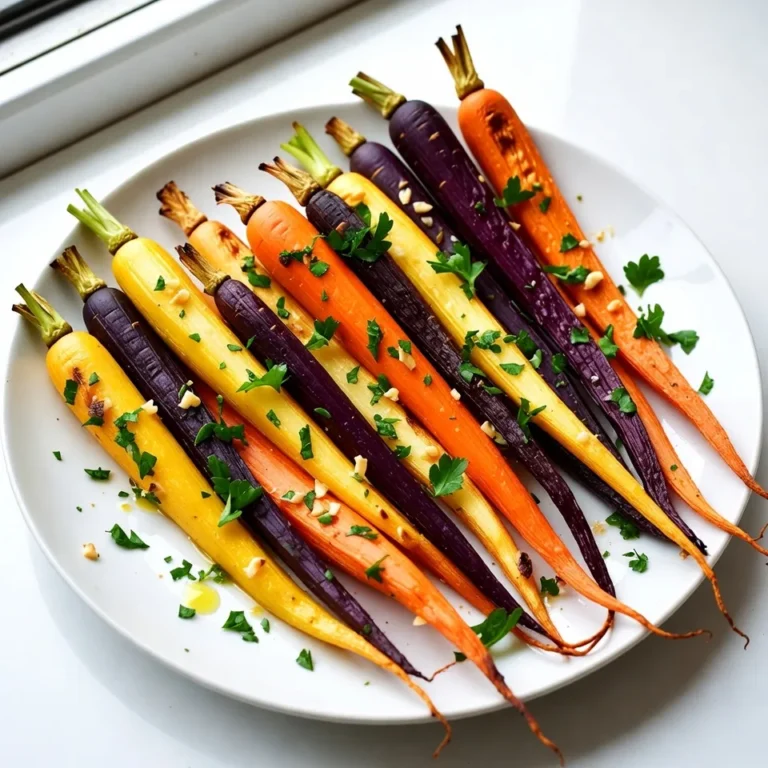 - 1 pound of rainbow carrots - 4 cloves of fresh garlic - 3 tablespoons of olive oil - 1 teaspoon of dried thyme - 1 teaspoon of dried rosemary - Salt - Black pepper - Fresh parsley In this dish, I use rainbow carrots for their bright colors and sweet flavor. They add fun to any meal. Fresh garlic gives a strong taste that mixes well with the herbs. Olive oil helps the carrots roast nicely and adds richness. I like using dried thyme and rosemary since they are easy to find and bring great flavor. For seasoning, I use salt and black pepper to taste. These simple seasonings highlight the natural sweetness of the carrots. A sprinkle of fresh parsley on top makes the dish look beautiful and adds a fresh taste. When you gather all these ingredients, you get a vibrant mix ready to roast. Each bite of these garlic herb roasted rainbow carrots is a delight for the senses! {{ingredient_image_2}} - Preheat oven to 425°F (220°C). - Peel and cut 1 pound of rainbow carrots into uniform sticks. Start by heating your oven. This ensures the carrots roast well. Uniform sticks help them cook evenly. - Combine carrots with 4 minced garlic cloves, 3 tablespoons of olive oil, and 1 teaspoon each of dried thyme and rosemary. - Season with salt and black pepper to taste. In a large bowl, add the carrots. Next, sprinkle the minced garlic over them. Drizzle the olive oil on top. The herbs add great flavor. Season with salt and pepper to taste. Mix everything well. Make sure each stick is coated. - Arrange carrots on a lined baking sheet. - Roast for 25-30 minutes, tossing halfway through. Place the carrots in a single layer on a baking sheet. Lining it with parchment paper helps with cleanup. Roast the carrots for 25-30 minutes. Halfway, toss them for even cooking. When done, they should be tender and slightly caramelized. Enjoy the amazing aroma while they cook! For the best results, cut your rainbow carrots into uniform sticks. This way, they cook evenly. When the sizes are different, some pieces may burn while others stay raw. Toss the carrots in the bowl after mixing in the oil and herbs. This helps each piece get coated well and cook evenly. To boost the taste, try using fresh herbs like thyme or rosemary. Fresh herbs pack a strong punch of flavor. If you only have dried herbs, that works too. Just remember, dried herbs are more potent, so use less. You can even mix in some dill or basil for a twist. Make your dish pop with smart plating. Arrange the roasted carrots in a fan shape on your platter. This creates a beautiful visual. Drizzle a bit of olive oil around the edges for that fancy touch. You can also sprinkle fresh parsley on top for color and brightness. This small detail makes a big difference! Pro Tips Use Fresh Herbs: Fresh herbs enhance the flavor of the carrots significantly; consider using fresh thyme and rosemary instead of dried for a more vibrant taste. Uniform Sizing: Cutting the carrots into uniform sticks ensures even cooking and caramelization, resulting in perfectly tender and flavorful bites. Check for Doneness: Roasting times can vary based on carrot thickness; check for tenderness with a fork during the last few minutes to avoid overcooking. Experiment with Flavors: Feel free to customize with different spices or add a splash of balsamic vinegar before roasting for an extra layer of flavor. {{image_4}} You can switch things up by using baby carrots. They are sweet and tender, making them a great choice. Other root veggies like parsnips or beets also work well. Each type brings its own flavor and color. Feel free to mix in different herbs too. Try basil for a fresh taste or dill for a unique twist. You can even use fresh herbs instead of dried ones for a bolder flavor. Want to spice things up? Add cumin for a warm, earthy taste or paprika for a hint of smokiness. Both spices can elevate your dish. You can also mix in some citrus. Lemon juice or orange zest brightens the flavor. A splash of citrus makes the dish taste fresher and more vibrant. This dish is easy to adapt for dietary needs. To make it vegan, just use olive oil and skip any dairy. It’s naturally gluten-free, so no changes are needed there. If you're watching your sodium, use less salt. You can also try salt-free herb blends for flavor without the added sodium. These adjustments keep the dish tasty and healthy. To store your leftover garlic herb roasted rainbow carrots, place them in an airtight container. This keeps them fresh in the fridge for up to five days. Make sure they cool down first to avoid condensation. When ready to eat, reheat them in the oven or on the stove. To reheat in the oven, preheat it to 350°F (175°C) and bake for about 10 minutes. This warms them evenly and keeps them crisp. You can freeze roasted carrots for later use. First, let them cool completely. Then, place them in a freezer-safe bag or container. Remove as much air as possible to prevent freezer burn. They can last in the freezer for up to three months. When you want to enjoy them again, defrost in the fridge overnight. To reheat, bake them in the oven at 350°F (175°C) for about 15 minutes until hot. Garlic herb roasted rainbow carrots last about five days in the fridge. Look for signs of spoilage such as a slimy texture or an off smell. If they look or smell bad, it’s best to discard them. Always trust your senses! Roast rainbow carrots for 25 to 30 minutes. This time helps them become tender and caramelized. Be sure to toss them halfway through for even cooking. Yes, you can use regular carrots. However, rainbow carrots add a burst of color and a hint of sweetness. The taste may differ slightly, but both options are tasty. These carrots pair well with many dishes. Try them with grilled chicken, baked fish, or a hearty grain salad. They also work great as a side for roasted meats or a vegetarian main dish. Roasting rainbow carrots is simple and fun. You learned about key ingredients like garlic, olive oil, and herbs. I shared easy step-by-step instructions to prepare and roast them for delicious results. We also explored tips for perfect roasting and ways to add flavor. Don’t forget the storage tips for leftovers! Try these methods, make them your own, and enjoy colorful, tasty veggies with any meal. You'll impress family and friends with this vibrant dish!