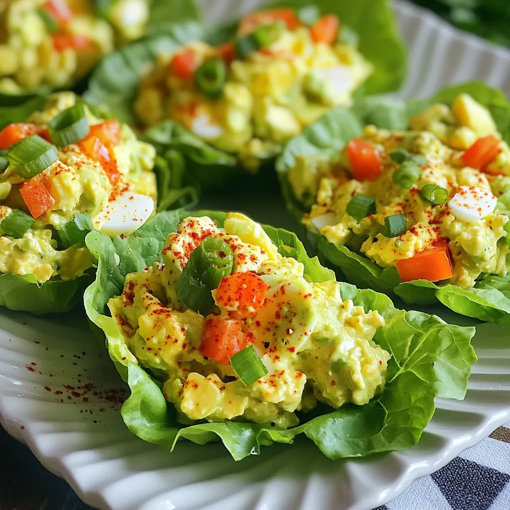 To make Avocado Egg Salad Lettuce Wraps, you will need the following ingredients: - 4 large eggs - 1 ripe avocado, peeled and pitted - 2 tablespoons plain Greek yogurt - 1 teaspoon Dijon mustard - 1 tablespoon fresh lemon juice - 1/4 teaspoon garlic powder - Salt and freshly ground pepper, to taste - 1/4 cup red bell pepper, finely chopped - 1/4 cup green onions, sliced - 1 cup crisp lettuce leaves (such as romaine or butter lettuce) These simple ingredients make a fresh and tasty dish. The creamy avocado pairs well with the eggs. Using Greek yogurt gives it a nice tang, while the Dijon mustard adds a slight kick. Don't forget the fresh lemon juice; it brightens everything up. You can choose any kind of crisp lettuce for the wraps. Romaine or butter lettuce works best. They hold the filling well and add a nice crunch. The red bell pepper and green onions add color and flavor. Gather all these ingredients before you start cooking, so you can enjoy the process. {{ingredient_image_2}} Start with a medium pot. Place the four eggs in the pot. Cover the eggs with water, about an inch above them. Heat the pot on medium-high until the water boils. Once boiling, lower the heat to simmer. Cook the eggs for 9 to 12 minutes, depending on how firm you want the yolks. When done, move the eggs to a bowl of ice water. Let them cool completely. This helps stop the cooking and makes peeling easier. While the eggs cool, take your ripe avocado. Cut it in half, remove the pit, and scoop the flesh into a mixing bowl. Use a fork to mash the avocado. Aim for a creamy texture with no big lumps. This will make your salad smooth and tasty. Now, it’s time to bring it all together. Peel the cooled eggs and chop them into small pieces. Add the chopped eggs to the mashed avocado. Next, include two tablespoons of Greek yogurt, one teaspoon of Dijon mustard, one tablespoon of lemon juice, and a quarter teaspoon of garlic powder. Mix everything until it is creamy and well combined. Season it with salt and freshly ground pepper to taste. To add a fresh crunch, fold in a quarter cup of finely chopped red bell pepper and a quarter cup of sliced green onions. Stir gently to keep the pieces intact. Taste again and adjust the seasoning if needed. The veggies add color and flavor to your salad. Finally, it’s time to wrap everything up. Take a crisp lettuce leaf, like romaine or butter lettuce. Place a scoop of the avocado egg salad in the center of the leaf. Fold the leaf around the filling like a taco. Enjoy your fresh and light meal right away! To get a creamy avocado egg salad, start with a ripe avocado. A ripe avocado should yield slightly when you press it. Mash it well with a fork in a bowl, removing any lumps. This helps blend it smoothly with the eggs. After boiling and cooling the eggs, chop them into small pieces. This way, they mix well with the avocado. The goal is a smooth, creamy texture that holds together. Adding spices and herbs lifts the flavor. I like to use a pinch of smoked paprika for a touch of warmth. You can also try fresh dill or cilantro for a fresh twist. A squeeze of lime juice can brighten up the dish too. Just remember, taste as you go to find the balance you enjoy. Presentation matters with this dish. I suggest serving the lettuce wraps on a bright platter. This makes the colors pop. You can add slices of red bell pepper next to the wraps for a fun touch. Serve with a side of fresh fruit or crunchy veggies. This adds a nice contrast and makes your meal feel complete. Pro Tips Perfectly Boiled Eggs: To achieve the ideal hard-boiled eggs, consider using an instant pot or steaming method for consistent results; this can also make peeling easier. Avocado Freshness: To keep your avocado salad from browning, add a little extra lemon juice or cover it tightly with plastic wrap, pressing it directly against the surface of the salad. Customize Your Fillings: Feel free to experiment with additional ingredients like diced cucumbers, pickles, or even a sprinkle of feta cheese for added flavor and texture. Best Lettuce Choices: Choose sturdy lettuce like romaine or butter lettuce for your wraps, as they provide the best support for the filling and prevent tearing. {{image_4}} You can switch eggs for other proteins. Chickpeas work great. They add a nice texture and flavor. Tofu is another option. It brings a creamy feel and is plant-based. You could also try shredded chicken. It adds a hearty bite. Each protein gives a unique twist to your salad. Mixing in other veggies can change the taste. Try diced cucumbers for crunch. They add freshness. You can also use diced celery for a nice crunch. Spinach or kale can add a healthy green touch. For a bit of heat, add jalapeños. The more veggies, the merrier your salad. Lettuce is not the only option. Cabbage leaves are sturdy and fun to use. They hold the filling well. Tortillas can be a great choice too. They are soft and easy to roll. You can even use whole grain or gluten-free tortillas. Each wrap style offers a new way to enjoy this dish. To keep leftovers fresh, store your avocado egg salad in an airtight container. Place it in the fridge right after making it. This helps keep the flavors bright and the texture just right. It will stay good for about three days. If you notice browning, a splash of lemon juice can help keep it green. I do not recommend freezing this dish. The avocado will change texture and become mushy when thawed. The egg salad can lose its creaminess and taste. Instead, enjoy it fresh and make just what you need. This dish is best served cold or at room temperature. If you must reheat, do so gently. Place it in a pan over low heat for a few minutes. Stir often to heat evenly. Avoid the microwave, as it can make the salad watery and change the flavor. Yes, you can make this salad ahead of time. Prepare it in the morning and store it in the fridge. I recommend eating it within one day for the best flavor and texture. The avocado can brown, so keep it covered well. For wraps, I like using romaine or butter lettuce. They offer a nice crunch and hold the filling well. Other good options are green leaf or iceberg lettuce. Each type adds a unique texture to your wrap. Each serving has about 200 calories. This number can vary based on how much filling you add. It’s a light meal that gives you good protein and healthy fats. Yes, you can substitute Greek yogurt with a few options. Sour cream or plain yogurt works well. If you need a dairy-free option, try using mashed tofu or avocado. Each will change the taste a bit but will keep it creamy. In this blog post, we explored a tasty and healthy Avocado Egg Salad recipe. We covered all the key ingredients, from eggs to fresh veggies. I shared step-by-step instructions and tips for making the perfect wrap. You can switch up the protein, add different veggies, or choose other wraps. Plus, we discussed storage methods and answered common questions. This dish is easy to make and great for meal prep. Enjoy it as a snack or a quick lunch. You’ll love how simple and delicious it is!