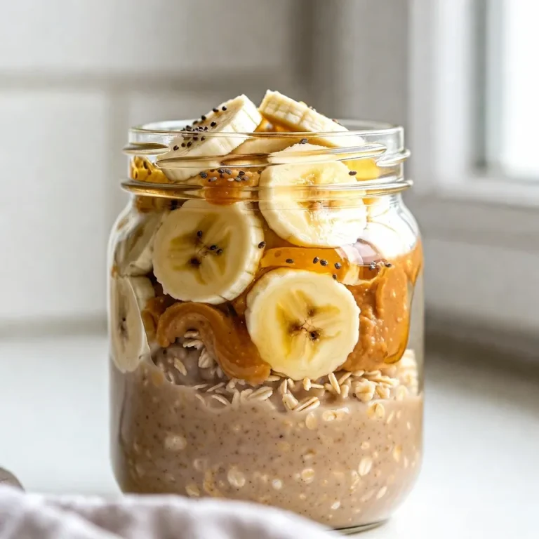 To make Peanut Butter Banana Overnight Oats, you need these key ingredients: - 1 cup rolled oats - 2 tablespoons peanut butter (smooth or crunchy) - 1 medium banana, sliced - 2 cups milk (dairy or almond milk) - 1 tablespoon chia seeds - ½ teaspoon vanilla extract - A pinch of salt These main ingredients create a creamy, tasty base. The oats absorb the milk overnight, making them soft and ready to eat in the morning. You can add a touch of sweetness to your oats if you like. Consider these options: - 1 tablespoon honey - 1 tablespoon maple syrup These sweeteners can enhance the flavor of your oats. Adjust the amount to your taste. If you want a little extra flavor, a dash of cinnamon or nutmeg can work well too. Toppings can make your oats more fun and delicious. Here are some ideas: - Extra banana slices - A drizzle of peanut butter - A sprinkle of cinnamon - Chopped nuts or seeds - Fresh berries These toppings not only add flavor but also make your breakfast look great. Enjoy your oats in a clear jar to show off those lovely layers! {{ingredient_image_2}} Start with a mixing bowl. Add 1 cup of rolled oats, 1 tablespoon of chia seeds, and a pinch of salt. Mix these dry ingredients well. This step is key for even flavor. In another bowl, take 2 cups of milk. You can use dairy or almond milk. Add 2 tablespoons of peanut butter. If you like sweetness, add 1 tablespoon of honey or maple syrup. Then, add ½ teaspoon of vanilla extract. Whisk everything together until smooth. Pour the wet mixture over the dry oats. Stir gently until all the oats are coated. Next, fold in 1 medium banana, sliced. Be careful to keep the banana slices whole. Divide the mixture into jars or airtight containers. Seal them tightly to keep them fresh. Put the jars in the fridge overnight, or for at least 4 hours. This lets the oats soak up the milk and flavors. In the morning, stir the oats before enjoying. You can eat them cold or warm them for a cozy breakfast. To get the right texture in your oats, use rolled oats instead of instant oats. Rolled oats absorb liquid well and create a creamy base. Mix the oats with chia seeds. They help thicken the mixture and add nutrition. Keep the ratio of oats to milk at one cup of oats to two cups of milk. This balance makes your oats soft but not too mushy. You can make these oats up to three days in advance. This saves time on busy mornings. Just prepare the jars and place them in the fridge. If you use ripe bananas, they can get mushy faster. To avoid this, add the banana slices in the morning. This keeps them fresh and firm. Choose clear jars or airtight containers for storage. Clear jars let you see the layers of oats and banana, making them look great. Airtight containers keep the oats fresh longer. Seal them well to avoid any odors from the fridge. Label the jars with a date for easy tracking. Pro Tips Choose Your Oats Wisely: Use rolled oats for a creamy texture, but if you're looking for a chewier bite, steel-cut oats can be a great alternative. Just remember to adjust the soaking time! Banana Ripeness Matters: The riper the banana, the sweeter and creamier your oats will be. Opt for bananas with brown spots for the best flavor and texture. Mix It Up: Feel free to add other ingredients such as berries, nuts, or seeds for added flavor and nutrition. Experiment with different toppings to keep it exciting! Meal Prep for Efficiency: Make a batch of these bliss oats for the week. They store well in the fridge, making them a quick and healthy breakfast option on busy mornings. {{image_4}} You can switch peanut butter for other nut butters. Almond butter adds a sweet, nutty taste. Cashew butter is creamy and smooth. Sunflower seed butter is a great choice for nut-free diets. Each option gives a unique flavor and texture to your oats. Feel free to mix and match based on your taste. While banana is tasty, try other fruits. Fresh berries add a burst of color and flavor. Chopped apples bring a nice crunch. You can also use peaches or mango for a tropical twist. You can even stir in some raisins or dried cranberries for extra sweetness. The fruit you choose can change the whole vibe of your oats. You can make this dish dairy-free and vegan. Simply use almond milk or oat milk instead of cow's milk. Replace honey with maple syrup or agave nectar for sweetness. These swaps keep the recipe healthy while still tasty. It’s a great way to enjoy a wholesome breakfast that fits your diet. To store your Peanut Butter Banana Overnight Oats, place them in airtight containers. Glass jars work well, as they keep the oats fresh. Make sure to seal the lids tightly. This keeps out air and moisture, which can spoil your oats. For the best taste, eat your oats within three to four days. Keep them in the fridge. Avoid adding toppings until you're ready to eat. This keeps the oats from getting soggy. If you want to add nuts or seeds, store them separately until serving. Prepared Peanut Butter Banana Overnight Oats last about four days in the fridge. After that, they may lose flavor and texture. Always check for any off smells or changes in color before eating. If they look or smell strange, it’s best to throw them out. Yes, you can use quick oats. Quick oats will cook faster. They will absorb the liquid well but may have a softer texture. If you like a creamier mix, quick oats are fine. If you want more chew, stick with rolled oats. You can keep overnight oats in the fridge for up to five days. Store them in airtight jars. This way, they stay fresh and tasty. Just make sure to check for any signs of spoilage before eating. Yes, you can freeze them! Fill your jars but leave some space at the top. The oats will expand when frozen. To eat, thaw them in the fridge overnight. You can also warm them in the microwave for a quick breakfast. Peanut Butter Banana Overnight Oats are simple and fun to make. We covered key ingredients, handy tips, and tasty variations. You can mix, match, and create the perfect bowl. Remember to store them right for the best taste. Enjoy your oats fresh for breakfast or a snack. With these tips, you're ready to get creative in the kitchen. Make it your own, and enjoy every bite!