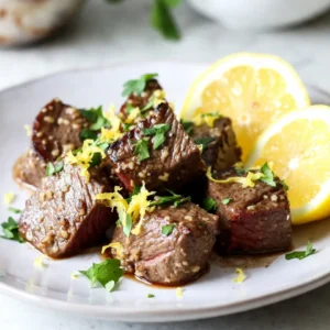 - 1 lb sirloin steak, cut into bite-sized cubes - 4 tablespoons unsalted butter - 4 cloves garlic, minced - 1 lemon, juiced and zested - 2 tablespoons fresh parsley, chopped - 1 teaspoon paprika - Salt and pepper to taste - 1 tablespoon olive oil - Lemon wedges for serving The main ingredients for lemon garlic butter steak bites make this dish both simple and tasty. The sirloin steak shines with its rich flavor and tender texture. Using unsalted butter allows you to control the saltiness of the dish. Fresh garlic adds a strong, aromatic flavor that pairs perfectly with steak. Lemon juice and zest brighten the dish, adding a fresh twist. The parsley not only adds color but also brings a hint of freshness. For seasonings, paprika gives a mild smokiness. Salt and pepper enhance all the flavors. Don’t forget the olive oil! It helps to achieve a nice sear on the steak. The lemon wedges serve as a bright, zesty side. You can squeeze them over the steak bites for an extra burst of flavor. When you gather these ingredients, you set the stage for a fun and flavorful meal. Each element contributes to a dish that is both easy to prepare and a delight to eat. {{ingredient_image_2}} - Patting steak cubes dry Start by patting the steak cubes dry with paper towels. This step helps remove extra moisture. A dry surface gives the steak a nice sear when cooking. - Seasoning the steak In a bowl, season the steak cubes with salt, pepper, and paprika. Mix well so each piece gets coat of flavor. This step makes the steak taste amazing. - Heating the skillet Place a large skillet over medium-high heat. Add olive oil and wait until it shimmers. This hot oil is key for a good sear on the steak bites. - Searing the steak bites Carefully add the seasoned steak bites to the skillet. Make sure they are in a single layer. Sear them for about 2-3 minutes on each side. You want a rich brown crust. Check for doneness with a meat thermometer; for medium, aim for 140°F (60°C). - Preparing the garlic butter sauce Once cooked, turn the heat to low. Move the steak bites to one side of the pan. On the empty side, add butter, minced garlic, lemon juice, and lemon zest. - Combining flavors Let the butter melt and mix with the garlic and lemon juice. Stir gently for about one minute. This step helps the flavors blend well. - Coating the steak bites in sauce Use a spatula to coat the steak bites in the garlic butter sauce. Ensure every piece is well covered. Cook everything together for another minute to enhance the flavors. - Garnishing with parsley Remove the skillet from heat. Sprinkle freshly chopped parsley on top for color and freshness. - Serving suggestions with lemon wedges Serve the steak bites on a platter with lemon wedges. The lemon adds a bright, fresh taste. Enjoy your meal right away for the best flavor experience! What are the best cuts for steak bites? I recommend using sirloin steak for steak bites. It’s tender and flavorful. Ribeye and tenderloin also work well. These cuts give you that juicy bite you crave. Why is marbling important? Marbling is the fat within the meat. It melts during cooking and adds flavor. Look for cuts with good marbling. This will make your steak bites richer and more delicious. What are temperature tips for searing? Always heat your skillet until it is hot. This helps get a nice crust on the steak. The oil should shimmer, showing it is ready. A hot pan makes a big difference. How do I avoid overcooking? Cook the steak bites for just a few minutes on each side. Use a meat thermometer to check the temperature. Aim for 140°F (60°C) for medium. This keeps the meat juicy and tender. What additional herbs or spices can I consider? Try adding fresh thyme or rosemary for a new twist. These herbs pair well with garlic and lemon. A pinch of cayenne pepper can add a nice kick too. What tips can help create a richer garlic butter sauce? Use fresh garlic for the best flavor. Let the garlic cook gently in the butter. This way, it doesn’t burn and turns sweet. Adding a touch of white wine can also deepen the sauce's flavor. Pro Tips Rest the Meat: Allow the steak bites to rest for a few minutes after cooking. This helps redistribute the juices and ensures a juicy bite. Use Fresh Ingredients: Fresh garlic and parsley will enhance the flavor of your dish significantly. Opt for fresh over dried for the best results. Adjust the Doneness: Keep a meat thermometer handy. For medium-rare, aim for an internal temperature of 130°F (54°C), and for medium, 140°F (60°C). Serve with Sides: Consider pairing these steak bites with sides like roasted vegetables or a fresh salad for a complete meal experience. {{image_4}} You can switch up the cuts of steak for this dish. Ribeye and tenderloin are great options. They offer rich flavor and tenderness. If you prefer, you can also try chicken or shrimp. Both are excellent substitutes. Just adjust the cooking time to ensure they cook through. Adding different herbs can change the taste. Try thyme or rosemary for a fresh twist. They pair well with lemon and garlic. You can also experiment with spices. Consider adding cayenne for heat or cumin for earthiness. These spices can create a unique flavor profile. How you serve the steak bites can add variety. Try serving them over rice or pasta for a hearty meal. You can also create a steak bite salad. Toss the bites with fresh greens and your favorite dressing. This adds a light and refreshing touch to your dish. To keep your lemon garlic butter steak bites fresh, store them in an airtight container. Make sure the steak bites cool down to room temperature first. You can keep them in the fridge for 3 to 4 days. If you want the best taste, eat them within two days. When you reheat steak bites, use a skillet for the best flavor. Heat the skillet on low. Add a little olive oil or butter to keep them moist. Stir them gently for about 5 minutes. You want them warm but still tender. Avoid using the microwave, as it can dry them out. You can freeze steak bites for later use. Place cooled steak bites in a freezer-safe bag or container. Make sure to remove as much air as possible. They will stay fresh for up to 3 months. To thaw, move them to the fridge overnight. You can also use a microwave on the defrost setting if you're in a hurry. To check if your steak bites are done, use a meat thermometer. For medium, the internal temperature should be 140°F (60°C). You can also look for visual cues. A good steak bite will have a nice brown crust. If it feels firm when you press it, that's another sign it's cooked. Yes, you can use frozen steak. Just make sure to thaw it first. Thaw your steak in the fridge overnight. This keeps it safe and helps maintain flavor. Pat the steak dry before cooking for the best sear. Many sides go well with steak bites. Some great options include: - Garlic mashed potatoes - Crispy roasted vegetables - Fresh green salad - Creamy coleslaw These sides create a complete meal. They balance the rich flavors of the steak bites nicely. You now have a complete guide to making delicious lemon garlic butter steak bites. From selecting the right sirloin steak to mastering the cooking technique, each step plays a vital role in flavor. Remember, don’t rush the sear—you want justice for that steak! Whether you serve them over rice or with a vibrant salad, these bites are sure to impress. Enjoy your meal, and don't hesitate to get creative with flavors or sides! You have all the tools to make this a hit in your kitchen.