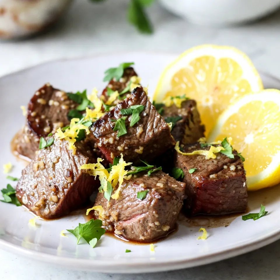- 1 lb sirloin steak, cut into bite-sized cubes - 4 tablespoons unsalted butter - 4 cloves garlic, minced - 1 lemon, juiced and zested - 2 tablespoons fresh parsley, chopped - 1 teaspoon paprika - Salt and pepper to taste - 1 tablespoon olive oil - Lemon wedges for serving The main ingredients for lemon garlic butter steak bites make this dish both simple and tasty. The sirloin steak shines with its rich flavor and tender texture. Using unsalted butter allows you to control the saltiness of the dish. Fresh garlic adds a strong, aromatic flavor that pairs perfectly with steak. Lemon juice and zest brighten the dish, adding a fresh twist. The parsley not only adds color but also brings a hint of freshness. For seasonings, paprika gives a mild smokiness. Salt and pepper enhance all the flavors. Don’t forget the olive oil! It helps to achieve a nice sear on the steak. The lemon wedges serve as a bright, zesty side. You can squeeze them over the steak bites for an extra burst of flavor. When you gather these ingredients, you set the stage for a fun and flavorful meal. Each element contributes to a dish that is both easy to prepare and a delight to eat. {{ingredient_image_2}} - Patting steak cubes dry Start by patting the steak cubes dry with paper towels. This step helps remove extra moisture. A dry surface gives the steak a nice sear when cooking. - Seasoning the steak In a bowl, season the steak cubes with salt, pepper, and paprika. Mix well so each piece gets coat of flavor. This step makes the steak taste amazing. - Heating the skillet Place a large skillet over medium-high heat. Add olive oil and wait until it shimmers. This hot oil is key for a good sear on the steak bites. - Searing the steak bites Carefully add the seasoned steak bites to the skillet. Make sure they are in a single layer. Sear them for about 2-3 minutes on each side. You want a rich brown crust. Check for doneness with a meat thermometer; for medium, aim for 140°F (60°C). - Preparing the garlic butter sauce Once cooked, turn the heat to low. Move the steak bites to one side of the pan. On the empty side, add butter, minced garlic, lemon juice, and lemon zest. - Combining flavors Let the butter melt and mix with the garlic and lemon juice. Stir gently for about one minute. This step helps the flavors blend well. - Coating the steak bites in sauce Use a spatula to coat the steak bites in the garlic butter sauce. Ensure every piece is well covered. Cook everything together for another minute to enhance the flavors. - Garnishing with parsley Remove the skillet from heat. Sprinkle freshly chopped parsley on top for color and freshness. - Serving suggestions with lemon wedges Serve the steak bites on a platter with lemon wedges. The lemon adds a bright, fresh taste. Enjoy your meal right away for the best flavor experience! What are the best cuts for steak bites? I recommend using sirloin steak for steak bites. It’s tender and flavorful. Ribeye and tenderloin also work well. These cuts give you that juicy bite you crave. Why is marbling important? Marbling is the fat within the meat. It melts during cooking and adds flavor. Look for cuts with good marbling. This will make your steak bites richer and more delicious. What are temperature tips for searing? Always heat your skillet until it is hot. This helps get a nice crust on the steak. The oil should shimmer, showing it is ready. A hot pan makes a big difference. How do I avoid overcooking? Cook the steak bites for just a few minutes on each side. Use a meat thermometer to check the temperature. Aim for 140°F (60°C) for medium. This keeps the meat juicy and tender. What additional herbs or spices can I consider? Try adding fresh thyme or rosemary for a new twist. These herbs pair well with garlic and lemon. A pinch of cayenne pepper can add a nice kick too. What tips can help create a richer garlic butter sauce? Use fresh garlic for the best flavor. Let the garlic cook gently in the butter. This way, it doesn’t burn and turns sweet. Adding a touch of white wine can also deepen the sauce's flavor. Pro Tips Rest the Meat: Allow the steak bites to rest for a few minutes after cooking. This helps redistribute the juices and ensures a juicy bite. Use Fresh Ingredients: Fresh garlic and parsley will enhance the flavor of your dish significantly. Opt for fresh over dried for the best results. Adjust the Doneness: Keep a meat thermometer handy. For medium-rare, aim for an internal temperature of 130°F (54°C), and for medium, 140°F (60°C). Serve with Sides: Consider pairing these steak bites with sides like roasted vegetables or a fresh salad for a complete meal experience. {{image_4}} You can switch up the cuts of steak for this dish. Ribeye and tenderloin are great options. They offer rich flavor and tenderness. If you prefer, you can also try chicken or shrimp. Both are excellent substitutes. Just adjust the cooking time to ensure they cook through. Adding different herbs can change the taste. Try thyme or rosemary for a fresh twist. They pair well with lemon and garlic. You can also experiment with spices. Consider adding cayenne for heat or cumin for earthiness. These spices can create a unique flavor profile. How you serve the steak bites can add variety. Try serving them over rice or pasta for a hearty meal. You can also create a steak bite salad. Toss the bites with fresh greens and your favorite dressing. This adds a light and refreshing touch to your dish. To keep your lemon garlic butter steak bites fresh, store them in an airtight container. Make sure the steak bites cool down to room temperature first. You can keep them in the fridge for 3 to 4 days. If you want the best taste, eat them within two days. When you reheat steak bites, use a skillet for the best flavor. Heat the skillet on low. Add a little olive oil or butter to keep them moist. Stir them gently for about 5 minutes. You want them warm but still tender. Avoid using the microwave, as it can dry them out. You can freeze steak bites for later use. Place cooled steak bites in a freezer-safe bag or container. Make sure to remove as much air as possible. They will stay fresh for up to 3 months. To thaw, move them to the fridge overnight. You can also use a microwave on the defrost setting if you're in a hurry. To check if your steak bites are done, use a meat thermometer. For medium, the internal temperature should be 140°F (60°C). You can also look for visual cues. A good steak bite will have a nice brown crust. If it feels firm when you press it, that's another sign it's cooked. Yes, you can use frozen steak. Just make sure to thaw it first. Thaw your steak in the fridge overnight. This keeps it safe and helps maintain flavor. Pat the steak dry before cooking for the best sear. Many sides go well with steak bites. Some great options include: - Garlic mashed potatoes - Crispy roasted vegetables - Fresh green salad - Creamy coleslaw These sides create a complete meal. They balance the rich flavors of the steak bites nicely. You now have a complete guide to making delicious lemon garlic butter steak bites. From selecting the right sirloin steak to mastering the cooking technique, each step plays a vital role in flavor. Remember, don’t rush the sear—you want justice for that steak! Whether you serve them over rice or with a vibrant salad, these bites are sure to impress. Enjoy your meal, and don't hesitate to get creative with flavors or sides! You have all the tools to make this a hit in your kitchen.
